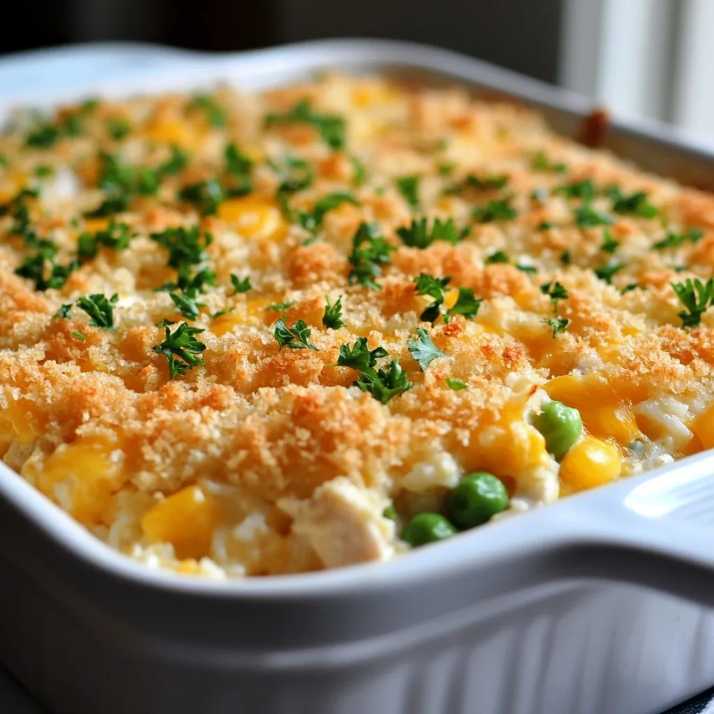 - 3 cups cooked chicken, shredded - 1 cup white rice, uncooked - 1 can (10.5 oz) cream of chicken soup - 1 cup sour cream - 1 cup shredded cheddar cheese - 1 cup frozen mixed vegetables (peas, carrots, corn) The key to a great Million Dollar Chicken Casserole is using quality ingredients. The cooked chicken gives the dish its heartiness. I recommend shredding the chicken to mix well with the rice and sauce. The white rice absorbs flavors and adds texture. The cream of chicken soup and sour cream create a rich and creamy base. They bind everything together. Cheddar cheese is a must for that cheesy finish. Don't forget the frozen mixed veggies to add color and nutrition. - 1 tablespoon garlic powder - 1 teaspoon onion powder - 1 teaspoon dried thyme - Salt and pepper to taste - 1 cup panko breadcrumbs - 2 tablespoons melted butter Seasoning is vital for flavor. Garlic powder, onion powder, and thyme bring warmth and depth. Salt and pepper add balance. The panko breadcrumbs create a crispy topping. Mixing them with melted butter ensures they brown nicely in the oven. This crunchy layer makes the casserole even more enjoyable. For serving, I like to pair this casserole with a light green salad. A simple salad with vinaigrette complements the richness of the dish. For a pop of color, sprinkle fresh parsley on top before serving. This adds freshness and makes the dish look appealing. You may also serve it with crusty bread for a complete meal. {{ingredient_image_1}} 1. Preheat your oven to 350°F (175°C). This sets the stage for even cooking and helps the casserole bubble nicely. 2. Mix the ingredients in a large bowl. Start by adding 3 cups of shredded cooked chicken, 1 cup of uncooked white rice, 1 can of cream of chicken soup, and 1 cup of sour cream. 3. Next, add half of the shredded cheddar cheese to the bowl. Then stir in 1 cup of frozen mixed vegetables. This mix adds color and nutrition. 4. Season the mixture with 1 tablespoon of garlic powder, 1 teaspoon each of onion powder and dried thyme. Don’t forget to add salt and pepper to taste. Mix everything well until it looks creamy and combined. 1. Layer the mixture in a greased 9x13-inch baking dish. Spread it out evenly so it cooks evenly. 2. Cover and bake the dish with aluminum foil. Bake it for 25 minutes to let the flavors meld. 3. After 25 minutes, remove the foil. Bake for an additional 15-20 minutes. This helps the top get golden brown and crispy. 1. To brown the topping, sprinkle the buttered panko breadcrumbs over the chicken mix before the final bake. This gives a nice crunch. 2. Let the casserole cool for about 5 minutes before serving. This helps it set and makes it easier to serve. Enjoy this delicious meal that brings comfort and warmth to any table! Ensuring the rice cooks properly To get the rice just right, use long-grain white rice. It cooks well in the oven. The rice will absorb the moisture from the soup and sour cream. This helps it become tender. Make sure to mix the rice with the other ingredients before baking. This way, the rice cooks evenly. Achieving a creamy texture For a creamy dish, use good-quality cream of chicken soup. The sour cream adds extra creaminess, too. Mixing these well with your other ingredients keeps everything smooth. Don't skimp on the cheese; it melts beautifully and adds richness. Best ways to present the casserole Serve your casserole hot from the oven. A sprinkle of fresh parsley adds a nice touch. It brightens up the look and adds some color. Use a large spoon to serve and show off those layers. Recommendations for side dishes A light green salad pairs well with this casserole. Try a simple mix of lettuce, cucumber, and a light vinaigrette. Steamed veggies also make a great side. They keep the meal balanced and fresh. Prepping chicken ahead of time Cooked chicken makes this dish quick. You can use leftover chicken or rotisserie chicken. Shred it and store it in the fridge until ready to use. This saves time and makes cooking easier. Make-ahead options You can prepare the casserole ahead of time. Assemble it and cover it tightly. Store it in the fridge for up to 24 hours. When ready to bake, just pop it in the oven. If frozen, thaw it overnight before cooking. Pro Tips Use Leftover Chicken: This casserole is a great way to utilize leftover rotisserie or cooked chicken, saving time and reducing waste. Customize Vegetables: Feel free to swap in your favorite vegetables or whatever you have on hand, such as broccoli or bell peppers, to add variety. Make Ahead: Prepare the casserole a day in advance, cover it, and refrigerate. Just bake it when you're ready to serve for a quick dinner. Cheese Variations: Experiment with different types of cheese like Monterey Jack or mozzarella for a unique flavor profile that complements the dish. {{image_2}} You can easily swap out ingredients in this casserole. If you want to use turkey, it works great. Just shred it like the chicken. You can also use veggies like mushrooms or zucchini for a meat-free dish. If you need a dairy-free version, try using plain Greek yogurt instead of sour cream. Nutritional yeast can replace cheese for a cheesy taste without dairy. To amp up the flavor, think about adding herbs or spices. Fresh herbs like parsley or basil are nice. You can also try adding paprika or cayenne for a kick. Incorporating more veggies is a smart move, too. Bell peppers, broccoli, or spinach add color and nutrients. Just chop them small so they mix well with the other ingredients. You can cook this casserole in different ways. For a slow cooker version, mix all the ingredients, then cook on low for 4-6 hours. This makes the chicken super tender. If you're short on time, use an Instant Pot. Cook the mixture under pressure for 10 minutes. Just remember to do a quick release to avoid sogginess. These variations can help you make the casserole fit your taste and time! To keep your Million Dollar Chicken Casserole fresh, store it in the fridge. Use an airtight container for the best results. Glass or plastic containers both work well. Make sure to let it cool before sealing it. This helps prevent moisture buildup inside the container. If you want to freeze your casserole, let it cool completely first. Then, wrap it tightly in plastic wrap or aluminum foil. A freezer-safe container is also a good option. Label the container with the date. When you are ready to eat it, thaw it in the fridge overnight. To reheat, bake it in the oven at 350°F (175°C) until it’s hot. In the fridge, your casserole lasts about 3 to 4 days. If you freeze it, it can last up to 3 months. Always check for signs of spoilage before eating. If it smells off or looks strange, it's best to toss it. Can I make Million Dollar Chicken Casserole ahead of time? Yes, you can make this casserole ahead. Prepare it up to the baking step. Cover and store it in the fridge for a day. When ready, just bake it as directed. How do I know when the casserole is fully cooked? Check the casserole for a bubbly filling and a golden top. Use a food thermometer; it should reach 165°F (74°C) in the center. What can I substitute for cream of chicken soup? You can use homemade cream of chicken soup or a can of cream of mushroom soup. For a lighter option, try a mix of plain yogurt and chicken broth. Is this recipe gluten-free? The recipe as it is not gluten-free due to panko breadcrumbs. You can swap them for gluten-free breadcrumbs to make it safe for gluten-free diets. Can I make it dairy-free? Absolutely! Use dairy-free sour cream and cheese. There are many brands available. Just ensure all your ingredients are dairy-free. Why is my casserole dry? A dry casserole can happen if you cook it too long. Make sure to follow baking times closely. The rice also needs enough liquid, so check your ratios. How can I prevent the topping from burning? To avoid burning, cover the dish with foil for the first part of baking. Remove the foil in the last 15 minutes to allow the top to brown. This blog post covers everything you need for a creamy Million Dollar Chicken Casserole. We explored the key ingredients, including chicken, rice, and cheese. Then, I shared step-by-step instructions for perfect baking. You also learned tips for serving and variations to mix things up. Finally, we addressed common questions to make cooking easier. Enjoy crafting this dish that’s sure to impress everyone at your table!