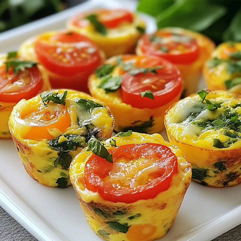 To make veggie egg muffins, you need these key items: - 6 large eggs - 1 cup spinach, chopped - 1/2 cup bell pepper, diced (mix of red and yellow for color) - 1/2 cup cherry tomatoes, halved - 1/4 cup red onion, finely chopped - 1/2 cup shredded cheese (cheddar or feta) - 1/4 teaspoon salt - 1/4 teaspoon black pepper - 1/4 teaspoon garlic powder - 1/4 teaspoon paprika - Cooking spray or olive oil for greasing the muffin tin Feel free to play with your muffins! You can add: - Zucchini, grated - Mushrooms, chopped - Broccoli, chopped small - Fresh herbs like basil or parsley - Cooked bacon or sausage bits These add-ins give your muffins new flavors and textures. Mix and match to find what you like best! Using fresh ingredients is key for great taste. Fresh veggies add crunch and color. They keep the muffins moist and flavorful. Fresh eggs also give a better texture. Always choose high-quality cheese for a richer taste. Fresh ingredients make your meal healthy and fun! {{ingredient_image_1}} First, set your oven to 375°F (190°C). This is the ideal temperature for baking. While the oven heats, prepare your muffin tin. Use cooking spray or a little olive oil to coat each cup. This step helps the muffins slide out easily later. In a large bowl, crack six large eggs. Whisk them well until they blend into a smooth mixture. Next, add in one cup of chopped spinach, half a cup of diced bell peppers, and half a cup of halved cherry tomatoes. Don’t forget to include a quarter cup of finely chopped red onion and half a cup of shredded cheese. Now, season your mixture. Sprinkle in a quarter teaspoon of salt, black pepper, garlic powder, and paprika. Stir everything together until you see an even mix of colors and ingredients. Pour the egg mixture into your prepared muffin tin. Fill each cup about three-quarters full. Place the tin in your preheated oven and bake for 18-20 minutes. The muffins should puff up nicely. Check for doneness by inserting a toothpick in the center. If it comes out clean, they are ready. Once baked, take the muffin tin out. Let it cool for a few minutes. Use a knife to run around the edges of each muffin to help release them. Enjoy them warm or let them cool completely before storing. They can last in an airtight container for up to four days. For fluffy veggie egg muffins, the mixing method is key. Whisk the eggs well until they are light and airy. This adds air and helps the muffins puff up. Make sure not to overfill the cups. Fill each cup about three-quarters full to allow room for rising. Bake them in a preheated oven at 375°F, so they cook evenly. Keep an eye on them and pull them out as soon as they puff up. You can prep these muffins ahead of time. Mix the egg and veggies the night before. Store the mixture in the fridge until you are ready to bake. This saves time in the morning. You can also bake a big batch and store them. They keep well in the fridge for up to four days. Just make sure to cool them fully before storing in an airtight container. Seasoning can make or break your muffins. If you like a kick, add more black pepper or sprinkle some chili flakes. For a fresh taste, try adding herbs like basil or parsley. Everyone has different tastes, so feel free to experiment! Always taste the mixture before baking. Adjust the salt and spices to match your preference. This way, you can create a muffin that you love every time. Pro Tips Use Fresh Vegetables: Opt for fresh, seasonal vegetables to enhance the flavor and nutrition of your egg muffins. Experiment with Cheese: Try different types of cheese like goat cheese or mozzarella for varied taste and texture. Add Protein: Consider adding cooked sausage, bacon, or tofu for an extra protein boost in your muffins. Customize the Spices: Feel free to adjust the spices according to your preference; herbs like basil or oregano can add a nice touch. {{image_2}} You can switch up the veggies in these muffins. Use what you have on hand. Here are some ideas: - Broccoli: Add chopped broccoli for a great crunch. - Zucchini: Grate zucchini for moisture and a mild taste. - Carrots: Shredded carrots bring sweetness and color. - Mushrooms: Sautéed mushrooms add a savory depth. Mix and match vegetables to fit your taste. Aim for about 2 cups of veggies total for the best texture. Cheese can change the flavor or texture of your muffins. If you want to try different cheeses, here are some options: - Feta cheese: Crumbled feta gives a tangy kick. - Goat cheese: Soft goat cheese adds creaminess. - Parmesan: Grated Parmesan offers a nutty flavor. You can also skip the cheese altogether if you prefer. Just remember to adjust the seasoning to keep the taste balanced. To make veggie egg muffins dairy-free, you can replace the cheese with other ingredients. Here are a few suggestions: - Nutritional yeast: This adds a cheesy flavor without dairy. - Silken tofu: Blend silken tofu to keep the muffins moist. - Dairy-free cheese: Look for a brand you like that melts well. These swaps help you enjoy muffins without dairy, so everyone can dig in! To keep your veggie egg muffins fresh, let them cool completely first. Then, place them in an airtight container. You can store these muffins in the fridge for up to four days. This makes it easy to grab a quick breakfast. When you're ready to enjoy your muffins again, take them out of the fridge. You can reheat them in the microwave. Heat for about 30 to 60 seconds until they are warm. Alternatively, you can reheat them in the oven at 350°F (175°C) for about 10 minutes. This method keeps them crispy outside. If you want to save some muffins for later, freezing is a great option. Wrap each muffin in plastic wrap or foil. Then, place them in a freezer bag. They can last up to three months in the freezer. To eat, just thaw them in the fridge overnight and reheat as mentioned above. Enjoy your healthy breakfast anytime! Veggie egg muffins last up to four days when stored in an airtight container. They stay fresh in the fridge, making them a great choice for meal prep. To keep them tasty, avoid leaving them out at room temperature for too long. Yes, you can make these muffins in advance. They are perfect for meal prep. Just bake a batch, let them cool, and store them in the fridge. You can also freeze them for longer storage. This way, you have a quick breakfast ready anytime. To reheat veggie egg muffins, place them in the microwave for about 30 seconds. You can also use an oven at 350°F (175°C) for about 10 minutes. This keeps them warm and tasty without making them rubbery. Yes, you can use egg substitutes. Options include silken tofu or a store-bought egg replacer. Keep in mind that the texture may change slightly. Adjust the cooking time based on the substitute you choose. This blog post walked you through making delicious Veggie Egg Muffins. We covered key ingredients and added options. You learned how to prep, mix, bake, and cool your muffins. I shared tips for puffy muffins and advance prep, plus exciting variations for everyone. Fresh ingredients bring the best taste. Remember to store your muffins correctly to enjoy them later. Overall, making these muffins is easy and tasty! Enjoy your cooking and share your creations with friends.
