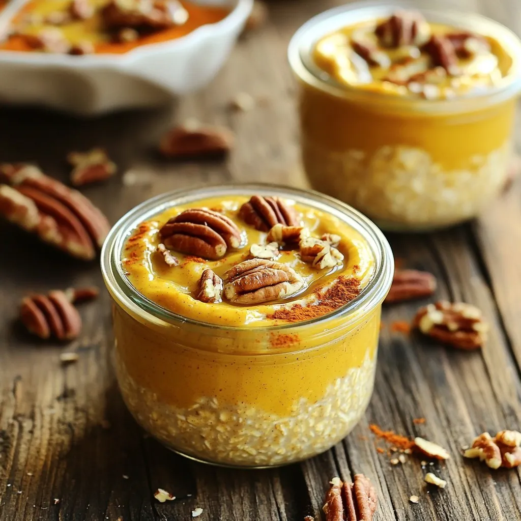 To make your Protein Pumpkin Pie Overnight Oats, gather these ingredients: - 1 cup rolled oats - 1 cup almond milk (or any milk of choice) - 1/2 cup pure pumpkin puree - 1 scoop vanilla protein powder - 1 teaspoon pumpkin pie spice - 1 tablespoon maple syrup (adjust for sweetness) - 1/2 teaspoon vanilla extract - Pinch of salt - Chopped pecans or walnuts for topping (optional) - Greek yogurt for a creamier texture (optional) These ingredients work together to create a tasty and filling dish. You can easily swap some ingredients if you have dietary needs or preferences. For instance: - Use oat milk or soy milk instead of almond milk. - Replace pumpkin puree with sweet potato puree for a different flavor. - If you prefer, change the protein powder to a plant-based option. - Maple syrup can be swapped with honey or agave nectar. These substitutions keep the recipe flexible and fun. Each ingredient brings its own health benefits: - Rolled oats are high in fiber, which helps keep you full. - Almond milk is low in calories and often fortified with vitamins. - Pumpkin puree is rich in vitamins A and C, and it’s low in calories. - Protein powder adds muscle-building protein to your meal. - Pumpkin pie spice includes cinnamon, which may help regulate blood sugar. - Maple syrup provides natural sweetness and minerals like manganese. Adding these ingredients ensures your overnight oats are both nutritious and delicious. To start, grab a large mixing bowl. Add 1 cup of rolled oats. Then, pour in 1 cup of almond milk. You can use any milk you like. Next, add 1/2 cup of pure pumpkin puree to the bowl. This gives your oats that pumpkin flavor. Now, include 1 scoop of vanilla protein powder. This step boosts the protein in your oats. Stir everything until it blends well. Now, it's time to spice it up! Add 1 teaspoon of pumpkin pie spice. This spice mix adds warmth and flavor. Drizzle 1 tablespoon of maple syrup for sweetness. You can adjust this amount to your taste. Then, pour in 1/2 teaspoon of vanilla extract. This adds a nice aroma. Finish with a pinch of salt to enhance all the flavors. Mixing is key for a great texture. Make sure to mix well, so there are no dry oats left. If you want a layered look, divide the mixture in half. Start with a layer of oats in your jar. Then, add a layer of Greek yogurt if you like creaminess. Repeat this until you fill the jar. This way, each bite will have great flavor and texture. Once you have your jars ready, seal them with lids. Place the jars in the fridge for at least 4 hours, but overnight is best. This soaking time lets the oats absorb the liquid. In the morning, take the jars out and give them a good stir. If the oats are too thick, add a splash of almond milk. This will help reach your desired consistency. Enjoy your oats cold or heat them in the microwave if you prefer warm oats! To get the creamiest oats, use rolled oats. They soak up the liquid well. Almond milk adds a nice flavor, but feel free to use any milk you like. Mix your oats, milk, pumpkin puree, and protein powder well. This helps them blend smoothly. Let them soak overnight. This softens the oats and makes them creamy. You can adjust the sweetness easily! Start with one tablespoon of maple syrup. Taste it after mixing. If you want it sweeter, add more syrup. For flavor, pumpkin pie spice is key. You can add more or less, depending on your taste. A pinch of cinnamon or nutmeg can also enhance the flavor. Toppings can take your oats to the next level! Chopped pecans or walnuts add crunch. They also give you healthy fats. If you like it creamy, add a dollop of Greek yogurt. You can also sprinkle some extra pumpkin pie spice on top for a pretty touch. Enjoy it cold or warm—it’s great either way! {{image_2}} You can easily change this recipe for the seasons. In fall, pumpkin reigns supreme. Add more pumpkin spice for a stronger flavor. As winter approaches, try adding warm spices like cinnamon or nutmeg. These spices make your oats feel cozy. You can also add dried cranberries or apples for a festive touch. This keeps your breakfast fun and fresh all year. If you want a different protein source, there are many options. You can use pea protein or soy protein. Both provide great nutrition. If you want a dairy-free option, try hemp protein. It has a nutty flavor. You can also skip protein powder altogether. Instead, use Greek yogurt to boost protein while keeping the creamy texture. Choose what works best for you. This recipe is easy to adapt for different diets. Use almond milk or oat milk for a non-dairy option. They are tasty and creamy. For gluten-free oats, make sure to buy certified gluten-free rolled oats. This helps avoid cross-contamination. You can still enjoy this dish without worries. With these swaps, everyone can enjoy protein pumpkin pie overnight oats! To keep your Protein Pumpkin Pie Overnight Oats fresh, use airtight containers. Glass jars work great. Make sure to seal them tightly. This helps keep out air and moisture. Store the jars in the fridge after prepping. This way, they stay cold and tasty. Your oats will stay good for about 3 to 5 days. For the best taste and texture, eat them within 3 days. The longer they sit, the softer they get. If you add toppings, like nuts or yogurt, do this just before eating. This keeps them crunchy and fresh. If you like your oats warm, you can heat them up. Take the oats out of the fridge and remove the lid. Place them in the microwave for about 30 to 60 seconds. Stir halfway through to heat evenly. If they seem too thick, add a splash of almond milk. Mix well before enjoying! Yes, you can easily make this recipe vegan. Just swap the protein powder for a plant-based one. Use almond milk or any dairy-free milk. If you want creaminess, skip Greek yogurt or use a vegan alternative like coconut yogurt. Adding protein powder boosts the protein in your oats. This helps you feel full longer. It also supports muscle health and helps with recovery. Plus, it adds a nice flavor. I love using vanilla protein powder for a sweet touch. To make more servings, simply double or triple the ingredients. For instance, use 2 cups of oats and 2 cups of almond milk for four servings. Just keep the same ratios. Divide the mixture into more jars or containers. Let them soak overnight, just like the original recipe. This blog post explained how to make overnight oats. We covered the key ingredients, how to prepare them, and tips for creamy results. I shared variations for different seasons and dietary needs, plus storage tips. Overnight oats are easy to customize for taste and nutrition. With a few simple steps, you can enjoy them every day. So, get creative with flavors! Enjoy your healthy, tasty breakfast journey!