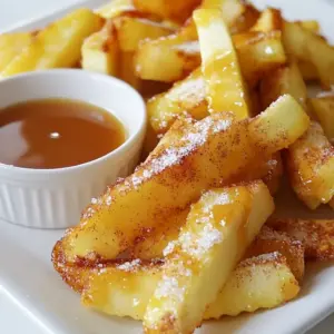 - 2 large apples (Fuji or Honeycrisp) - 1 cup all-purpose flour - 1 teaspoon cinnamon - ½ teaspoon nutmeg - 1 cup breadcrumbs (Panko recommended) - 2 large eggs - 2 tablespoons milk - 2 tablespoons brown sugar - Pinch of salt - Cooking spray For this recipe, I love using Fuji or Honeycrisp apples. They are sweet and crisp. The texture holds up well when frying. You want your apples to be fresh for the best flavor. You will need some basic items. Flour, cinnamon, and nutmeg make a lovely coating. The brown sugar adds a hint of sweetness. I prefer Panko breadcrumbs for that extra crunch. Eggs and milk create a nice binding agent. They help the coating stick to the apple fries. A pinch of salt balances the sweetness. Cooking spray is key; it helps the fries crisp up in the air fryer. Gathering these ingredients is easy. You might already have most of them at home. If not, a quick trip to the store will do. Make sure to choose the best apples you can find. Fresh ingredients make all the difference in the world. {{ingredient_image_1}} Wash the apples under running water to remove any dirt. Cut each apple into quarters. Use a knife to remove the core. Slice the quarters into fry-shaped pieces, aiming for even sizes. This helps them cook the same way. In a shallow bowl, mix together the flour, cinnamon, nutmeg, brown sugar, and a pinch of salt. In a second bowl, whisk the eggs and milk together until combined. In a third bowl, place the breadcrumbs. This setup makes coating the apple fries easy. Take one apple fry and dip it into the flour mix. Make sure it gets coated well. Shake off any extra flour. Next, dip it into the egg mixture. Finally, roll it in the breadcrumbs for a nice coating. Repeat this process until all fries are coated. Preheating the air fryer is key. It helps the apple fries cook evenly and get crispy. Set the temperature to 350°F (175°C) before you start cooking. Arrange the coated apple fries in the air fryer basket. Make sure they sit in a single layer. Avoid overcrowding to ensure they cook well. Lightly spray the fries with cooking spray for extra crunch. Cook the apple fries for about 10-12 minutes. Flip them halfway through to ensure even cooking. They should turn golden brown and crispy once ready. Once cooked, let the apple fries cool slightly. Serve them warm for the best taste. Pair with a small bowl of caramel sauce or vanilla yogurt for dipping. You can sprinkle some extra cinnamon and sugar on top for added flavor. When making apple fries, pick the best apples. You can choose sweet or tart varieties based on your taste. - Sweet apples: Fuji or Honeycrisp. These apples give a nice flavor. - Tart apples: Granny Smith. They add a good balance when cooked. For frying, stick to apples that hold their shape. Fuji and Honeycrisp work great. They stay firm when cooked and taste amazing. Crispiness is key for tasty apple fries. Panko breadcrumbs help a lot here. They are lighter and crunchier than regular breadcrumbs. - Use Panko: It gives a better crunch. - Cooking spray: Lightly spray your apple fries before cooking. This helps them crisp up nicely. Sometimes fries can get soggy or cook unevenly. Here are some tips to fix these issues. - Avoiding sogginess: Make sure your apple fries are not wet before breading. Use a towel to dry them first. - Fixing uneven cooking: Flip the fries halfway through cooking. This helps them brown evenly. If they still cook unevenly, try cooking them in smaller batches. Pro Tips Choose the Right Apples: Opt for firm varieties like Fuji or Honeycrisp that hold their shape when cooked, ensuring the perfect crispy fry. Even Sizing Matters: Cut the apple fries into uniform sizes to guarantee even cooking and crispiness across all fries. Don’t Overcrowd the Basket: Air fry in batches if necessary, as overcrowding can lead to uneven cooking and less crispy results. Experiment with Dipping Sauces: Try serving with different dips like caramel sauce, honey, or even chocolate for a fun twist on flavors! {{image_2}} You can add fun flavors to your apple fries. Try mixing in spices like ginger or cardamom. These spices can give your fries a unique twist. You can also swap out regular flour for coconut or almond flour. This will change the taste and add different nutrients. Coconut flour adds a sweet touch, while almond flour gives a nutty flavor. Experimenting with flavors makes cooking exciting! Apple fries can be sweet or savory. For a sweet touch, try adding some melted cheese or herbs. Cheese like cheddar can create a nice contrast with the apples. You can also dip your fries in sauces. Caramel sauce works great for sweet fries, while ranch dressing is perfect for savory ones. Mixing flavors offers more fun at snack time! If you do not have an air fryer, you can still enjoy apple fries. You can bake them in the oven. Preheat your oven to 400°F (200°C). Arrange the fries on a baking sheet and spray them with cooking spray. Bake for 15-20 minutes, flipping halfway through, until golden brown. Another option is using a traditional fryer. Heat oil in a pan to 350°F (175°C). Fry the apple fries in small batches until they are crispy. Be careful when frying, and always watch the temperature. This method gives you a classic fried texture! To keep your apple fries fresh, use airtight containers. Glass or plastic containers work well. Make sure to let the fries cool before placing them inside. This helps avoid moisture buildup. Store them in the fridge for up to three days. To enjoy your apple fries again, you can reheat them in the air fryer. Set the air fryer to 350°F (175°C). Place the fries in the basket and heat for about 5 minutes. This method keeps them crispy. If you prefer, you can also use your oven. Preheat it to 350°F (175°C). Spread the fries on a baking sheet and heat for 10-15 minutes. Flip them halfway for even heating. You can freeze apple fries for later use. First, place them in a single layer on a baking sheet. Freeze them for about an hour until hard. Then, transfer the fries to a freezer bag. Remove as much air as possible. They can stay in the freezer for up to three months. When you are ready to eat, thaw them in the fridge overnight. Reheat them in the air fryer or oven as mentioned above for the best taste. Yes, you can use different apples! Fuji and Honeycrisp are great choices. For a sweeter taste, try Gala apples. If you want a tart flavor, use Granny Smith. The texture matters, too. Firmer apples hold up better when cooked. To make these apple fries gluten-free, swap all-purpose flour for almond flour or gluten-free flour. Use gluten-free breadcrumbs instead of regular ones. These swaps keep the fries crispy and tasty. You have many fun options for dipping! Caramel sauce is a classic choice. You can also try vanilla yogurt or chocolate sauce. For a twist, mix peanut butter with honey. Each dip adds a new layer of flavor. Leftover apple fries can last for about 2-3 days in the fridge. Store them in an airtight container to keep them fresh. If you want them to stay crispy, don’t stack them. Yes, you can prepare the apple fries ahead of time! Cut and coat the apples, then store them in the fridge. Just air fry them when you’re ready to eat. This saves time and gives you a quick snack. You can make tasty apple fries at home with simple ingredients and steps. I shared how to prepare apples, coat them, and use an air fryer for the best results. Don’t forget the tips on choosing apples and keeping them crispy. You can also explore fun variations and storage methods. Enjoy experimenting with flavors and dipping sauces. Now, it’s time to gather your ingredients and enjoy a fun cooking experience! You’ll love your crunchy, sweet snack.