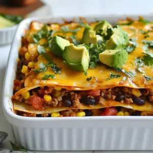 To make Layered Taco Lasagna, you'll need the following ingredients: - 12 corn tortillas - 1 lb ground beef or turkey - 1 packet taco seasoning - 1 can black beans, rinsed and drained - 1 cup corn kernels (fresh or frozen) - 2 cups shredded cheddar cheese - 1 cup salsa - 1 cup sour cream - 1 cup diced tomatoes (fresh or canned) - 1/2 cup chopped fresh cilantro (optional) - Sliced jalape&ntilde;os (optional for heat) - Avocado slices for garnish You can easily adjust this recipe to fit dietary needs: - Gluten-free: Use gluten-free corn tortillas. Check the taco seasoning for gluten. - Vegetarian: Substitute the ground meat with mushrooms, lentils, or a meat alternative. - Dairy-free: Replace cheese and sour cream with vegan options made from nuts or soy. - Low-carb: Use zucchini slices instead of tortillas for a lighter dish. When it comes to fresh versus canned ingredients: - Fresh ingredients (like tomatoes and corn) often have better taste and nutrients. They add bright flavors. - Canned ingredients (like black beans and salsa) save time. They are convenient and can taste great too. If you choose canned, look for low-sodium options to keep your dish healthy. {{ingredient_image_1}} First, you need to preheat your oven to 375&deg;F (190&deg;C). This step is key to getting a nice, even bake. Next, grab your large baking dish, about 9x13 inches. Lightly grease it with some cooking spray or oil. This helps keep the lasagna from sticking. You want your dish ready for the tasty layers that follow! In a skillet, cook 1 pound of ground beef or turkey over medium heat. Brown the meat until it crumbles nicely. Once it's cooked, drain any extra fat. This keeps your dish from being too greasy. Now, add a packet of taco seasoning and a splash of water. Stir it well and let it cook for about 5 minutes. This melds the flavors together, making your meat super tasty! Now for the fun part: layering! Start by placing 4 corn tortillas at the bottom of your greased dish. Spread half of the seasoned meat mixture over the tortillas. Next, add half of the black bean and corn mixture. This mixture should include 1 can of rinsed black beans, 1 cup of corn, and 1 cup of diced tomatoes. Spoon in one-third of the sour cream over that layer. Sprinkle one-third of the shredded cheddar cheese on top. Repeat this layering process: add 4 more tortillas, the rest of the meat, the remaining black bean and corn mixture, another one-third of the sour cream, and another one-third of cheese. Finish with a final layer of tortillas. Spread the remaining salsa over the top and sprinkle the last of the cheese. Cover the dish with aluminum foil, making sure to spray the foil with non-stick spray. Bake for 25 minutes, then remove the foil. Bake for another 10-15 minutes until the cheese is melted and bubbly. Let it cool for about 10 minutes before slicing. Enjoy the delicious layers! To build great layers, start with the right order. Place corn tortillas at the bottom. Next, add your seasoned meat. This keeps the tortillas from getting too soggy. Use a spoon to spread each layer evenly. Make sure to cover all parts of the tortillas. Soggy tortillas ruin the fun. To prevent this, consider two things: moisture and cooking time. First, drain any liquid from the black beans and corn. This keeps the layers dry. Second, avoid adding too much salsa in the middle layers. Use just enough to flavor without soaking. You can prepare Taco Lasagna ahead of time. Make it a day before and keep it in the fridge. Just cover it well. If you want to freeze it, do so before baking. Wrap it tightly in foil and put it in the freezer. When ready to bake, thaw it overnight in the fridge. Then, bake as usual for a tasty meal! Pro Tips Use Fresh Ingredients: Fresh vegetables and herbs can elevate the flavor of your lasagna. Opt for ripe tomatoes and fresh cilantro when possible. Layer Smartly: Ensure even distribution of ingredients in each layer to prevent one section from being overloaded or dry. This will lead to a more balanced flavor in every bite. Customize the Heat: Adjust the level of spiciness by adding more or fewer jalape&ntilde;os or using a spicier salsa. This allows you to cater to your guests' heat preferences. Let It Rest: Allowing the lasagna to cool for 10 minutes before slicing helps it hold its shape better, making for neater servings and a more appealing presentation. {{image_2}} You can easily make this dish vegetarian. Replace the meat with more beans or lentils. Use a packet of vegan taco seasoning for flavor. For a creamy touch, use a vegan sour cream. Add in some spinach or zucchini for more veggies. It keeps the dish tasty and colorful. If you prefer chicken, use shredded cooked chicken instead of ground beef. You can also try ground turkey as a lighter option. For a fun twist, use plant-based meat substitutes. These options add great flavor and texture. Adjust the cooking time as needed to ensure everything is cooked well. The toppings can make your lasagna special. Try using different cheeses like pepper jack for spice or mozzarella for a milder taste. You can add fresh vegetables like bell peppers or olives before baking. Top it off with fresh cilantro or avocado slices after baking. These toppings add freshness and crunch to every bite. To keep your layered taco lasagna fresh, let it cool first. Once cool, cover it tightly with plastic wrap or aluminum foil. You can also use an airtight container. This method prevents air from drying it out. Store it in the fridge if you plan to eat it soon. For longer storage, freeze it instead. When it&rsquo;s time to enjoy your leftovers, preheat your oven to 350&deg;F (175&deg;C). Place the lasagna in an oven-safe dish. Cover it with foil to keep it moist. Heat for about 20 minutes, or until it is warm throughout. If you want a crispy top, remove the foil for the last 5 minutes. You can also use the microwave, but the oven gives better results. In the fridge, your taco lasagna lasts about 3 to 4 days. Make sure to check for any signs of spoilage before eating. If you freeze it, it stays good for about 2 to 3 months. For best taste, eat it sooner rather than later. Always label your containers with the date you stored them. This way, you can keep track of freshness. Yes, you can make Layered Taco Lasagna ahead. Prepare it up to the baking step. Cover it tightly and store it in the fridge for up to 24 hours. When you are ready, bake it as directed. This saves time on busy nights. You can serve many sides with Taco Lasagna. Here are some ideas: - A fresh green salad with lime dressing - Mexican rice or cilantro-lime rice - Guacamole and tortilla chips - A bowl of refried beans These sides add flavor and color to your meal. Adjusting the spice in Taco Lasagna is easy. Here are some tips: - Use mild taco seasoning for less heat. - Add fresh jalape&ntilde;os for a spicy kick. - Mix in diced green chilies for a milder flavor. - Serve with hot sauce on the side for those who like it spicy. These options help you create the perfect heat for your taste. Layered Taco Lasagna is a fun and tasty dish you can make with many ingredients. We&rsquo;ve covered everything from ingredient lists to cooking steps and helpful tips. You can also explore ways to adapt the dish, cater to your diet, and store leftovers properly. Enjoy making this layered delight at home! It&rsquo;s easy to personalize it to your taste and share with friends or family. Happy cooking!