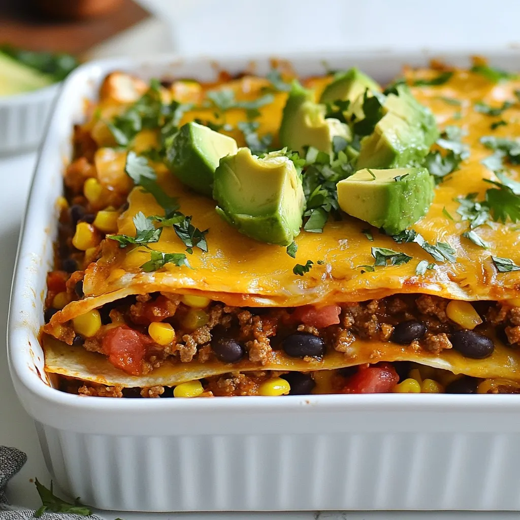 To make Layered Taco Lasagna, you'll need the following ingredients: - 12 corn tortillas - 1 lb ground beef or turkey - 1 packet taco seasoning - 1 can black beans, rinsed and drained - 1 cup corn kernels (fresh or frozen) - 2 cups shredded cheddar cheese - 1 cup salsa - 1 cup sour cream - 1 cup diced tomatoes (fresh or canned) - 1/2 cup chopped fresh cilantro (optional) - Sliced jalapeños (optional for heat) - Avocado slices for garnish You can easily adjust this recipe to fit dietary needs: - Gluten-free: Use gluten-free corn tortillas. Check the taco seasoning for gluten. - Vegetarian: Substitute the ground meat with mushrooms, lentils, or a meat alternative. - Dairy-free: Replace cheese and sour cream with vegan options made from nuts or soy. - Low-carb: Use zucchini slices instead of tortillas for a lighter dish. When it comes to fresh versus canned ingredients: - Fresh ingredients (like tomatoes and corn) often have better taste and nutrients. They add bright flavors. - Canned ingredients (like black beans and salsa) save time. They are convenient and can taste great too. If you choose canned, look for low-sodium options to keep your dish healthy. {{ingredient_image_1}} First, you need to preheat your oven to 375°F (190°C). This step is key to getting a nice, even bake. Next, grab your large baking dish, about 9x13 inches. Lightly grease it with some cooking spray or oil. This helps keep the lasagna from sticking. You want your dish ready for the tasty layers that follow! In a skillet, cook 1 pound of ground beef or turkey over medium heat. Brown the meat until it crumbles nicely. Once it's cooked, drain any extra fat. This keeps your dish from being too greasy. Now, add a packet of taco seasoning and a splash of water. Stir it well and let it cook for about 5 minutes. This melds the flavors together, making your meat super tasty! Now for the fun part: layering! Start by placing 4 corn tortillas at the bottom of your greased dish. Spread half of the seasoned meat mixture over the tortillas. Next, add half of the black bean and corn mixture. This mixture should include 1 can of rinsed black beans, 1 cup of corn, and 1 cup of diced tomatoes. Spoon in one-third of the sour cream over that layer. Sprinkle one-third of the shredded cheddar cheese on top. Repeat this layering process: add 4 more tortillas, the rest of the meat, the remaining black bean and corn mixture, another one-third of the sour cream, and another one-third of cheese. Finish with a final layer of tortillas. Spread the remaining salsa over the top and sprinkle the last of the cheese. Cover the dish with aluminum foil, making sure to spray the foil with non-stick spray. Bake for 25 minutes, then remove the foil. Bake for another 10-15 minutes until the cheese is melted and bubbly. Let it cool for about 10 minutes before slicing. Enjoy the delicious layers! To build great layers, start with the right order. Place corn tortillas at the bottom. Next, add your seasoned meat. This keeps the tortillas from getting too soggy. Use a spoon to spread each layer evenly. Make sure to cover all parts of the tortillas. Soggy tortillas ruin the fun. To prevent this, consider two things: moisture and cooking time. First, drain any liquid from the black beans and corn. This keeps the layers dry. Second, avoid adding too much salsa in the middle layers. Use just enough to flavor without soaking. You can prepare Taco Lasagna ahead of time. Make it a day before and keep it in the fridge. Just cover it well. If you want to freeze it, do so before baking. Wrap it tightly in foil and put it in the freezer. When ready to bake, thaw it overnight in the fridge. Then, bake as usual for a tasty meal! Pro Tips Use Fresh Ingredients: Fresh vegetables and herbs can elevate the flavor of your lasagna. Opt for ripe tomatoes and fresh cilantro when possible. Layer Smartly: Ensure even distribution of ingredients in each layer to prevent one section from being overloaded or dry. This will lead to a more balanced flavor in every bite. Customize the Heat: Adjust the level of spiciness by adding more or fewer jalapeños or using a spicier salsa. This allows you to cater to your guests' heat preferences. Let It Rest: Allowing the lasagna to cool for 10 minutes before slicing helps it hold its shape better, making for neater servings and a more appealing presentation. {{image_2}} You can easily make this dish vegetarian. Replace the meat with more beans or lentils. Use a packet of vegan taco seasoning for flavor. For a creamy touch, use a vegan sour cream. Add in some spinach or zucchini for more veggies. It keeps the dish tasty and colorful. If you prefer chicken, use shredded cooked chicken instead of ground beef. You can also try ground turkey as a lighter option. For a fun twist, use plant-based meat substitutes. These options add great flavor and texture. Adjust the cooking time as needed to ensure everything is cooked well. The toppings can make your lasagna special. Try using different cheeses like pepper jack for spice or mozzarella for a milder taste. You can add fresh vegetables like bell peppers or olives before baking. Top it off with fresh cilantro or avocado slices after baking. These toppings add freshness and crunch to every bite. To keep your layered taco lasagna fresh, let it cool first. Once cool, cover it tightly with plastic wrap or aluminum foil. You can also use an airtight container. This method prevents air from drying it out. Store it in the fridge if you plan to eat it soon. For longer storage, freeze it instead. When it’s time to enjoy your leftovers, preheat your oven to 350°F (175°C). Place the lasagna in an oven-safe dish. Cover it with foil to keep it moist. Heat for about 20 minutes, or until it is warm throughout. If you want a crispy top, remove the foil for the last 5 minutes. You can also use the microwave, but the oven gives better results. In the fridge, your taco lasagna lasts about 3 to 4 days. Make sure to check for any signs of spoilage before eating. If you freeze it, it stays good for about 2 to 3 months. For best taste, eat it sooner rather than later. Always label your containers with the date you stored them. This way, you can keep track of freshness. Yes, you can make Layered Taco Lasagna ahead. Prepare it up to the baking step. Cover it tightly and store it in the fridge for up to 24 hours. When you are ready, bake it as directed. This saves time on busy nights. You can serve many sides with Taco Lasagna. Here are some ideas: - A fresh green salad with lime dressing - Mexican rice or cilantro-lime rice - Guacamole and tortilla chips - A bowl of refried beans These sides add flavor and color to your meal. Adjusting the spice in Taco Lasagna is easy. Here are some tips: - Use mild taco seasoning for less heat. - Add fresh jalapeños for a spicy kick. - Mix in diced green chilies for a milder flavor. - Serve with hot sauce on the side for those who like it spicy. These options help you create the perfect heat for your taste. Layered Taco Lasagna is a fun and tasty dish you can make with many ingredients. We’ve covered everything from ingredient lists to cooking steps and helpful tips. You can also explore ways to adapt the dish, cater to your diet, and store leftovers properly. Enjoy making this layered delight at home! It’s easy to personalize it to your taste and share with friends or family. Happy cooking!