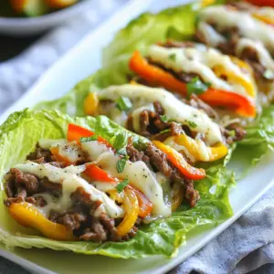 To make Keto Philly Cheesesteak Roll-Ups, you need the following ingredients: - 1 bell pepper, sliced (any color) - 1 medium-sized onion, thinly sliced - 1 lb (450g) thinly sliced beef (such as sirloin or ribeye) - 4 oz (115g) cream cheese, softened - 1 cup shredded provolone cheese - 2 tablespoons olive oil - 1 teaspoon garlic powder - Salt and pepper to taste - 4 large lettuce leaves (romaine or iceberg, for wrapping) Using fresh ingredients makes a big difference. Choose bright bell peppers and firm onions. Look for quality beef, like sirloin or ribeye. These cuts offer great flavor and tenderness. Cream cheese should be soft for easy mixing. Provolone cheese adds a rich taste, so pick a good brand. You can customize these roll-ups. Try adding mushrooms for extra flavor. Spinach or arugula can replace lettuce if you prefer. For a kick, add jalapeños or hot sauce. If you want a dairy-free option, use vegan cream cheese and cheese. This way, you can enjoy a tasty dish that fits your diet. {{ingredient_image_1}} Start by heating two tablespoons of olive oil in a large skillet over medium heat. Once hot, add the thinly sliced onion and bell pepper. Sauté them for about 5-7 minutes. You want them soft and slightly caramelized. Add salt, pepper, and one teaspoon of garlic powder for flavor. Next, push the veggies to the side of the skillet. Add one pound of thinly sliced beef. Cook it for 3-5 minutes until it turns brown. Mix the beef with the veggies and take the skillet off the heat. Now, stir in four ounces of softened cream cheese. Make sure it melts and mixes well with the beef and veggies. When sautéing, keep the heat at medium. High heat can burn the veggies quickly. Stir them often for even cooking. If you want more flavor, try adding other spices or herbs. Fresh herbs like thyme or parsley can make a big difference. Also, don’t overcrowd the pan. If it’s too full, the veggies will steam instead of sauté. If needed, cook in batches for the best results. For best taste, use thin cuts of beef like sirloin or ribeye. These cook quickly and stay tender. To slice easily, freeze the beef for about 30 minutes before cutting. This helps achieve thin slices. When cooking, let the beef sit in the pan without stirring too much. This allows it to brown nicely. Always ensure it's cooked through but not overdone. Overcooked beef can become tough. For the best roll-ups, use large and sturdy lettuce. Romaine and iceberg are great choices. They stay crisp and hold the filling well. Look for fresh, green leaves. Avoid any that are wilted or brown. To roll your wraps, lay the leaf flat on a surface. Spoon the beef mixture onto the leaf. Leave space at the edges to avoid spills. Start at one end and roll tightly. Secure it with a toothpick if needed. This keeps everything inside. One common mistake is overfilling the wraps. Too much filling makes it hard to roll. Also, be sure to cook the beef properly. Undercooked beef can ruin the flavor. Lastly, don’t skip the cheese. It adds creaminess and ties the dish together. Pro Tips Choose Your Beef Wisely: Opt for tender cuts like sirloin or ribeye for the best flavor and texture. Thinly sliced meat cooks quickly and absorbs the flavors from the sautéed vegetables. Customize Your Veggies: Feel free to add other vegetables like mushrooms or zucchini for extra flavor and nutrients. Just be sure to adjust the cooking time accordingly. Perfectly Melted Cheese: For an extra cheesy roll-up, place the assembled wraps in a grill pan for 1-2 minutes to melt the provolone cheese perfectly. Serving Suggestions: Serve with a side of sugar-free marinara sauce or your favorite low-carb dipping sauce for added flavor and enjoyment. {{image_2}} You have many cheese choices for your Keto Philly Cheesesteak Roll-Ups. Provolone is great, but you can try others too. Cheddar adds a nice sharp flavor. Mozzarella gives a creamy texture. You can even mix cheeses for a unique taste. Just make sure to keep it low-carb! While beef is classic, you can switch it up. Chicken works well if you want a lighter option. Turkey is another good choice that adds a different flavor. For a seafood twist, shrimp can also be used. Just season them like your beef for a tasty dish. You can make these roll-ups without meat. Use mushrooms instead of beef. They have a nice texture and flavor. Tofu or tempeh are great plant-based proteins. Cream cheese can be swapped with a vegan alternative. Nutritional yeast can add a cheesy flavor too. These changes keep your roll-ups tasty and satisfying. After enjoying your Keto Philly Cheesesteak Roll-Ups, store leftovers in an airtight container. Place them in the fridge right away to keep them fresh. They will stay good for about three days. Make sure the roll-ups are cool before sealing the container. This helps to prevent moisture buildup, which can make them soggy. Reheating your roll-ups is easy. I recommend using a skillet on low heat. This way, you can warm them up without losing texture. Just heat for about 2-3 minutes on each side. If you prefer, you can use the microwave. Place them on a plate and cover them with a damp paper towel. Heat in short bursts of 30 seconds, checking often. This keeps them moist but not too hot. Freezing is a great way to save extra roll-ups. Wrap each roll tightly in plastic wrap. Then, place them in a freezer-safe bag or container. Be sure to label them with the date. They can last up to three months in the freezer. When you're ready to eat, thaw them in the fridge overnight. Reheat as mentioned above to enjoy the best taste. Yes, you can make these roll-ups ahead of time. Prepare the beef and veggie mix. Then, store it in the fridge for up to three days. When ready to eat, just warm it up. Then, assemble your roll-ups with fresh lettuce. This saves time and keeps it tasty. Each serving has about 5 grams of carbs. The main ingredients are low in carbs. The lettuce and veggies keep it light. This dish fits perfectly in a keto diet. You can enjoy these roll-ups without guilt! Absolutely! You can get creative with toppings. Try adding jalapeños for heat or avocado for creaminess. You can also add more cheese if you like. Just remember to keep it keto-friendly. This dish is all about your taste! You learned about making tasty Keto Philly Cheesesteak Roll-Ups. We covered the right ingredients and their quality. I shared step-by-step instructions and clever tips for cooking beef and veggies. You also discovered variations, storage, and answers to common questions. Now, you’re ready to enjoy these wraps with ease. With a bit of care, they will taste just right. Keep experimenting to find your best version!