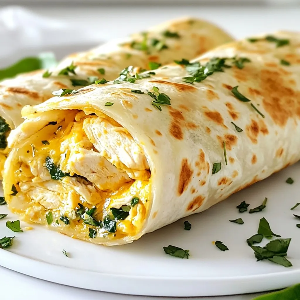 - Shredded chicken - Shredded mozzarella cheese - Cream cheese - Minced garlic - Italian seasoning - Salt and pepper - Flour tortillas - Fresh spinach leaves - Sun-dried tomatoes (optional) To make cheesy garlic chicken wraps, you need a few key ingredients. First, use 2 cups of cooked, shredded chicken. This gives the wraps a hearty base. Next, have 1 cup of shredded mozzarella cheese ready. This cheese melts well and adds that gooey texture we love. Then, grab 1/2 cup of softened cream cheese. It helps bind everything together and makes the filling creamy. You’ll also need 2 cloves of minced garlic. Garlic adds a strong flavor that pairs great with chicken. Add 1 teaspoon of Italian seasoning for a burst of herbaceous taste. Don’t forget salt and pepper to enhance all the flavors. For the wraps, you'll use 4 large flour tortillas. They hold the filling well and are easy to roll. Fresh spinach leaves add a nice crunch and color. If you want to mix things up, consider using 1/4 cup of chopped sun-dried tomatoes. They bring a tangy sweetness that complements the chicken. Having these ingredients ready will make your cooking process smooth and enjoyable. Each component plays a vital role in creating delicious cheesy garlic chicken wraps. {{ingredient_image_1}} To start, grab a large mixing bowl. Combine 2 cups of shredded chicken, 1 cup of shredded mozzarella cheese, and 1/2 cup of softened cream cheese. Add 2 minced garlic cloves, 1 teaspoon of Italian seasoning, and a sprinkle of salt and pepper. Mix all the ingredients well. This step is key for creaminess. Use a spatula or a fork to blend everything together. Make sure there are no lumps. You want a smooth and cheesy mix. Next, lay a large flour tortilla flat on your clean surface. Take a quarter of the cheesy chicken mixture and spread it in the center. Be sure to leave some space around the edges. On top, add a handful of fresh spinach leaves and some chopped sun-dried tomatoes if you like. The spinach adds color and crunch. Fold the sides of the tortilla inward. Then, roll it up tightly from the bottom. Make sure the filling is well enclosed. Now, heat a skillet over medium heat. Lightly spray it with cooking spray or drizzle it with olive oil. This helps the wraps get crispy. Place the wraps seam-side down in the skillet. Cook for 3 to 4 minutes until they turn golden brown. Carefully flip them over and cook the other side for another 3 to 4 minutes. This step gives you that perfect golden brown look. Once done, take them out and let them cool for a minute. Then, slice them in half. Enjoy your tasty Cheesy Garlic Chicken Wraps! Seasoning makes a big difference in your wraps. Use salt and pepper to bring out the taste. Italian seasoning adds a nice touch too. For garlic, fresh cloves work best. They give a strong flavor that dried garlic can't match. Mince the garlic finely to spread its flavor evenly throughout the mix. You can cook these wraps in different ways. An air fryer works well and saves time. It makes the wraps crispy without frying in oil. If you use a skillet, heat it well before adding the wraps. This helps get that golden brown color. Flip them gently to avoid spilling the filling. Check the bottom often to avoid burning. Make your wraps look nice to impress your guests. Slice them in half to show off the cheesy filling. You can place them on a wooden board for a rustic look. A sprinkle of fresh herbs adds color and flavor. Serve with dips like marinara or garlic sauce for extra taste. These little details make your meal feel special. Pro Tips Use Leftover Chicken: This recipe is perfect for utilizing any leftover rotisserie or grilled chicken, saving time and enhancing flavor. Customize Your Cheese: Feel free to mix different cheeses like cheddar or pepper jack for a unique flavor profile. Enhance the Garlic Flavor: For a stronger garlic taste, add a bit of garlic powder along with the minced garlic. Make It Healthier: Substitute whole wheat tortillas for a healthier option and increase the fiber content of your wraps. {{image_2}} You can change the cheese to suit your taste. Try using pepper jack for a spicy kick. Or use cheddar for a stronger flavor. You can also swap the chicken for turkey or beef. These meats work great in this wrap. Each option will give a new twist to your dish. Spices can add a nice touch. Try adding cayenne for heat or paprika for smokiness. You can also mix in fresh herbs like basil or cilantro for a fresh taste. Don’t forget to include veggies! Bell peppers, onions, or mushrooms can add crunch and flavor. Just sauté them lightly before adding to your wrap. If you need gluten-free options, use corn or rice tortillas. They hold up well and taste great. You can also make the dish lighter. Swap cream cheese for Greek yogurt. This keeps it creamy without all the fat. Use low-fat cheese if you're watching calories but still want that cheesy goodness. To keep your cheesy garlic chicken wraps fresh, store them right. Place any leftovers in an airtight container. This helps keep moisture out. The fridge is the best place for storage. They will last up to three days. If you want to keep them longer, freezing is a great option. Wrap each wrap in plastic wrap before placing them in a freezer bag. This way, they stay fresh for up to three months. When it’s time to enjoy the leftovers, reheating is key. The best way to do so is in a skillet. Heat on medium. This method keeps the wrap crispy. Cook for about three minutes on each side. If you are in a hurry, use a microwave. Place the wrap on a microwave-safe plate. Heat for about 1-2 minutes. However, this method might make the wrap less crispy. If you want that golden crunch, stick to the skillet. You can pair these wraps with many tasty sides. Here are some popular choices: - Fresh salad: A light green salad with vinaigrette adds crunch. - Vegetable sticks: Carrots, celery, and bell peppers are great for dipping. - Dips: Serve with marinara sauce or garlic aioli for extra flavor. - Potato wedges: Crispy potato wedges make a hearty side dish. These sides add variety and enhance your meal. Yes, you can prepare these wraps in advance. Here’s how: - Make the filling: Prepare the cheesy chicken mixture and store it in the fridge. - Wraps: Assemble the wraps, then wrap them tightly in plastic wrap. - Store: Keep them in an airtight container in the fridge for up to 24 hours. When you’re ready, just heat them up in a skillet or microwave. To keep your wraps crispy, follow these tips: - Dry filling: Make sure your chicken is not too wet before mixing. - Cool before wrapping: Let the filling cool slightly before you wrap it. - Reheat correctly: Heat in a skillet instead of a microwave when possible. This ensures your wraps stay crunchy and delicious. You now have all the steps to make delicious Cheesy Garlic Chicken Wraps. Start with the right ingredients, mix them well, and assemble the wraps with care. Remember to season well for the best flavor. Explore variations to suit your taste and dietary needs. Store leftovers properly to enjoy them later without losing quality. With these tips, you can create a tasty meal that impresses. Cooking wraps can be fun and rewarding. Enjoy every bite!