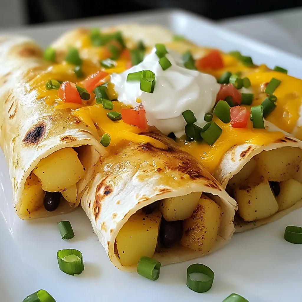 - 4 large flour tortillas - 2 cups potatoes, peeled and diced - 1 cup shredded cheese (cheddar or Mexican blend) - 1 teaspoon garlic powder - 1 teaspoon smoked paprika - ½ teaspoon ground cumin - Salt and pepper to taste - 1 cup cooked black beans, rinsed and drained - ½ cup sour cream - ¼ cup green onions, thinly sliced - 2 tablespoons olive oil - Salsa (for serving) Gather these ingredients for a fun cooking adventure. You will start with four flour tortillas that will hold all the tasty goodness. Next, peel and dice two cups of potatoes. These will be the heart of your burrito. For flavor, you’ll need a mix of spices: garlic powder, smoked paprika, and ground cumin. Add salt and pepper to make everything pop. You can’t forget the cheese! Use one cup of shredded cheese, either cheddar or a Mexican blend for extra zest. The black beans add protein, so grab one cup of those, rinsed and drained. To finish, you’ll need sour cream and green onions for a fresh topping. Don’t forget the salsa to dip your burrito in! With these ingredients, you’re all set to make cheesy potato burritos that are simple and flavorful. Enjoy the process and the delicious results! {{ingredient_image_2}} Boiling the potatoes Start by placing the diced potatoes in a large pot. Cover them with salted water. Bring the water to a boil. Reduce the heat and let the potatoes simmer. Cook them until they are fork-tender, about 10-12 minutes. Once they are done, drain the potatoes and set them aside. Seasoning and crisping Next, heat olive oil in a large skillet over medium heat. Add the drained potatoes to the skillet. Sprinkle in garlic powder, smoked paprika, ground cumin, salt, and pepper. Cook this mixture for about 5 minutes. Stir gently to help the potatoes crisp up and soak up the spices. Mixing in black beans Now, add the cooked black beans to the skillet. Stir to mix the beans with the potatoes. Heat everything for an additional 2-3 minutes. This step ensures that all flavors blend together well. Incorporating cheese After heating, remove the skillet from the heat. Fold in the shredded cheese gently. The heat from the potatoes and beans will help melt the cheese just enough to make it creamy. Filling and rolling techniques Take a flour tortilla and lay it flat on a clean surface. Spoon a generous amount of the cheesy potato and black bean mixture into the center of the tortilla. Be careful not to overfill it, or it may spill when you roll it. Optional crisping method Top the filling with a dollop of sour cream and a sprinkle of sliced green onions for freshness. Carefully fold in the sides of the tortilla. Then, roll it up tightly from the bottom to enclose the filling. For extra crunch, heat a non-stick skillet over medium heat. Place the burritos seam side down in the skillet. Cook for 2-3 minutes on each side until they are golden and crispy. Serve warm with salsa on the side for dipping. To make the best cheesy potato burritos, focus on two key areas: cooking and filling. - Ensuring even cooking: Cook the potatoes in salted water until they are tender. This takes about 10-12 minutes. Stir gently in the skillet to make sure they crisp up evenly. This step is key to avoid soft spots. - Avoiding overfilling: When you fill your tortilla, keep it generous but not too much. A good amount is about 1 cup of filling. Too much will make it hard to roll and can create a mess. Pair your burritos with tasty sides for a complete meal. - Side dishes that pair well: A simple green salad, rice, or chips are great choices. They add freshness and crunch to your meal. - Recommended salsas and dips: Serve with your favorite salsa for a kick. Try a fresh pico de gallo or a creamy avocado dip. These add extra flavor and make every bite exciting. Pro Tips Choose the Right Potatoes: For a creamier texture, opt for Yukon Gold or Russet potatoes which mash well and provide a rich flavor. Spice it Up: Customize the seasoning by adding cayenne pepper or diced jalapeños for an extra kick in your burritos. Make Ahead: Prepare the potato and bean filling in advance and store it in the fridge for up to 3 days. This makes assembly quick and easy when you're ready to eat! Perfectly Crispy Burritos: If you choose to pan-fry your burritos, use a bit of butter in addition to olive oil for a delicious golden crust. {{image_4}} You can make your cheesy potato burritos even more fun by swapping some ingredients. - Using different types of cheese: Cheddar is great, but you can try Monterey Jack or pepper jack for a spicy kick. Creamy mozzarella also melts well and adds a nice texture. - Alternative proteins or veggies: Instead of black beans, you can use pinto beans or even lentils. For veggies, add bell peppers, corn, or spinach. This gives a fresh twist to the burrito. Spice up your burritos with simple changes. - Adding spices or sauce variations: Besides garlic powder, try adding chili powder for heat. A dash of taco seasoning can also bring a new flavor. For a tangy touch, drizzle some lime juice inside the burrito. - Customizing with additional toppings: Get creative with toppings! Add diced tomatoes, jalapeños, or avocado. Fresh cilantro or a squeeze of lime juice on top makes every bite pop. You can also try different salsas for unique flavors. To store leftover cheesy potato burritos, wrap them in foil or place them in an airtight container. This keeps them fresh and prevents them from drying out. You can also use a resealable plastic bag. Make sure to remove as much air as possible. Leftovers will last in the fridge for about 3 to 4 days. Always check for any signs of spoilage before eating. If they smell off or look strange, it's best to toss them. Freezing cheesy potato burritos is easy and a great way to save them for later. To freeze, wrap each burrito tightly in plastic wrap. Then, place them in a freezer-safe bag or container. Label with the date for easy tracking. To reheat, you can bake them in the oven at 350°F for about 20-25 minutes, or until heated through. For a quicker method, microwave them for 2-3 minutes, flipping halfway. To keep the flavor and texture, avoid freezing them with salsa or sour cream. Add those toppings when you're ready to eat. Can I make these burritos vegan? Yes, you can make these burritos vegan! Use vegan cheese instead of regular cheese. Replace sour cream with a plant-based option like cashew cream or dairy-free yogurt. Make sure your tortillas are free from animal products. What are some good side dishes to serve with them? These burritos pair well with many sides. Here are some ideas: - Mexican rice - Refried beans - A fresh green salad - Guacamole with tortilla chips - Roasted corn on the cob These options add great flavor and textures to your meal. How can I adjust the spiciness of the burritos? To change the spice level, start with mild spices. You can use less smoked paprika and cumin. Add diced jalapeños or hot sauce for more heat. Test the mix to find a spice level that suits your taste. We explored how to make cheesy potato burritos from scratch. You learned about the key ingredients, simple steps, and helpful tips to perfect your dish. Remember, you can get creative with swaps and flavors to make it your own. Store leftovers correctly to enjoy them later. With these methods, you’ll impress your friends and family. Try making your own burritos soon. You might just find a new favorite meal!