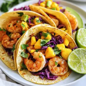 - Large Shrimp: Use 1 lb of large shrimp. Make sure they are peeled and deveined for easy cooking. Fresh shrimp offers the best taste. - Spices and Seasonings: - 2 tablespoons extra virgin olive oil - 1 teaspoon smoked paprika for a subtle heat - 1 teaspoon garlic powder for extra flavor - 1 teaspoon ground cumin for warmth - Sea salt and freshly cracked black pepper to taste - Toppings and Garnishes: - 8 small corn tortillas, preferably fresh for the best texture - 1 cup red cabbage, finely shredded for a crunchy bite - 1 ripe avocado, thinly sliced for creaminess - &frac12; cup mango salsa, either store-bought or homemade for sweetness - Fresh cilantro leaves, roughly chopped for freshness - Lime wedges, for a zesty finish I choose these ingredients for their balance of flavors and textures. The large shrimp provide a sweet and tender bite. The spices add warmth and depth. Toppings like avocado and mango salsa bring creaminess and sweetness, making each bite exciting. The lime juice brightens the whole dish, tying everything together. {{ingredient_image_2}} Start by mixing the shrimp with spices. In a bowl, add 1 pound of peeled and deveined shrimp. Pour in 2 tablespoons of olive oil. Then, sprinkle 1 teaspoon of smoked paprika, 1 teaspoon of garlic powder, and 1 teaspoon of ground cumin. Add sea salt and black pepper to taste. Toss well until the shrimp are coated. Why is seasoning important? Seasoning makes shrimp flavorful. It brings out the natural taste. The spices add heat, depth, and warmth. A well-seasoned shrimp makes the tacos shine. Preheat a non-stick skillet over medium-high heat. This is the right temperature for cooking shrimp. Once hot, carefully add the shrimp to the skillet. Cook for 2-3 minutes on each side. You&rsquo;ll know the shrimp are done when they turn pink and opaque. Remove them from heat and set aside. Perfectly cooked shrimp are juicy and tender. Next, warm the corn tortillas. Using the same skillet is a great idea. Warm each tortilla for about 30 seconds on each side. This makes them soft and pliable. A warm tortilla enhances flavor, making each bite better. Now it's time to assemble your tacos. Lay a warm tortilla flat on a plate. Add a few pieces of cooked shrimp in the center. Then, layer on a handful of shredded red cabbage for crunch. Next, add slices of creamy avocado. Finally, top each taco with a spoonful of mango salsa for sweetness. To maximize flavor and texture, garnish with freshly chopped cilantro. Serve with lime wedges on the side. Squeezing lime over the tacos brightens the taste. Enjoy your delicious shrimp tacos! To keep shrimp tender, avoid overcooking. Shrimp cook fast, usually in 2 to 3 minutes per side. Watch for shrimp turning pink and opaque. That&rsquo;s your cue they&rsquo;re done. For seasoning, use a mix of smoked paprika, garlic powder, and cumin. These enhance shrimp's natural flavor. Toss the shrimp well in the seasoning mix. This ensures every bite is flavorful. Pair shrimp tacos with lime wedges. They add a fresh burst of flavor. Serve with extra cilantro for a pop of color. You can also add a side of black beans or rice for a complete meal. When hosting, arrange tacos on a large platter. Place lime wedges and cilantro around them. This makes for an eye-catching display. It invites guests to dig in and enjoy. For a low-fat option, use grilled shrimp instead of saut&eacute;ed. You can also substitute corn tortillas with lettuce wraps. This cuts carbs and adds freshness. If you're dairy-free, skip the avocado. Try using salsa with mango or pineapple for added sweetness. These swaps help meet various dietary needs while keeping the dish tasty. Pro Tips Fresh Shrimp is Key: Always opt for the freshest shrimp available, as it significantly enhances the flavor and texture of your tacos. Seasoning Matters: Don't be afraid to adjust the seasoning to your taste, especially the smoked paprika for heat or the garlic powder for depth. Warm Tortillas: Warming the corn tortillas before serving not only makes them pliable but also brings out their natural flavor, making your tacos even more delicious. Presentation is Everything: Arrange your tacos on a vibrant platter with lime wedges and cilantro for a beautiful presentation that&rsquo;s sure to impress your guests. {{image_4}} If you want to switch it up, try different proteins. Instead of shrimp, use fish like tilapia or cod. Chicken is another great choice; it&rsquo;s easy to cook and full of flavor. For a plant-based option, try marinated tofu or jackfruit. Each protein brings its own taste and texture. Just season them like you would the shrimp, and you&rsquo;re good to go! Experimenting with salsas and spices can change the whole taco vibe. Try a spicy pico de gallo for a kick. Or go for a tangy green salsa if you prefer something zesty. You can also mix in different spices like chili powder or onion powder to change the flavor. Explore regional taco styles too. For a taste of Baja, use a creamy sauce and add cabbage. If you want something more traditional, go for a simple onion and cilantro topping. The options are endless! Using seasonal fruits and vegetables keeps your tacos fresh. In summer, add diced peaches or fresh corn for sweetness. In fall, try roasted butternut squash or apples for a warm taste. Seasonal ingredients not only add flavor but also make the dish more colorful. Fresh ingredients make your tacos shine! To keep your shrimp tacos fresh, store them in the fridge. Place shrimp and toppings in separate airtight containers. This method helps maintain their taste and texture. You should use leftovers within two days. After that, the shrimp might not taste as good. When reheating your shrimp, avoid the microwave. Instead, use a skillet over medium heat. This keeps the shrimp juicy. Heat them for about 2-3 minutes until warm. For tortillas, warm them in the skillet for 30 seconds on each side. This helps restore their softness. For serving leftovers, add fresh toppings like avocado or cilantro. This brings back that fresh flavor. Consider squeezing fresh lime on top for a zesty kick. Enjoying your tacos again can feel just as special as the first time! For tacos, I prefer large shrimp. They hold up well and offer a nice bite. Look for shrimp that are fresh or frozen with no added chemicals. Fresh shrimp should smell like the ocean, not fishy. If you can, buy shrimp from local sources. This ensures your shrimp are fresh and flavorful. Yes, you can prep shrimp in advance! Season the shrimp and store them in the fridge for a few hours. This lets the flavors soak in. You can also chop your veggies ahead of time. Store them in airtight containers to keep them fresh. Just warm your shrimp and tortillas before serving. Shrimp tacos pair well with many sides. Try a simple green salad or a corn salad. Rice or beans also make great choices. If you want something light, serve fresh fruit like mango or pineapple. These sides add color and flavor to your meal. To spice up your tacos, add diced jalape&ntilde;os or hot sauce. You can also mix in cayenne pepper with your spices. Another option is to use a spicy salsa instead of mango salsa. This adds both heat and flavor. Just remember to taste as you go! In this blog post, we covered how to make shrimp tacos from start to finish. We discussed the best ingredients, like large shrimp and vibrant toppings. You learned preparation tips and cooking methods for perfect shrimp. We also looked at variations, storage, and serving ideas. Overall, shrimp tacos can be a fun and tasty meal. Don&rsquo;t hesitate to try new flavors and share with friends. Enjoy experimenting with this easy recipe!