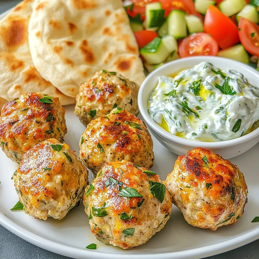To make Greek chicken meatballs, gather these key ingredients: - 1 pound ground chicken - 1/2 cup fresh breadcrumbs - 1/4 cup finely grated Parmesan cheese - 1/4 cup red onion, finely chopped - 2 cloves of garlic, minced - 1/4 cup fresh parsley, chopped - 1/4 cup fresh mint, chopped - 1 large egg, beaten - 1 teaspoon dried oregano - 1 teaspoon sea salt - 1/2 teaspoon freshly cracked black pepper - 2 tablespoons extra-virgin olive oil (for frying) You can enhance the taste of your meatballs with these optional ingredients: - 1/4 teaspoon cayenne pepper (for a hint of heat) - Additional herbs like dill or basil for more flavor These meatballs are not just tasty; they also pack a nutritional punch. Here’s a quick overview: - Protein: Ground chicken provides lean protein, vital for muscle health. - Vitamins: Fresh herbs like parsley and mint add vitamins A and C. - Fiber: The breadcrumbs give some fiber for digestion. - Caloric Content: Each meatball contains around 150 calories. This makes a serving of four meatballs about 600 calories. These ingredients combine to create a delicious meal that is rich in flavor and nutrients. Enjoy cooking these Greek chicken meatballs! {{ingredient_image_2}} To start, gather your ingredients. You will need: - 1 pound ground chicken - 1/2 cup fresh breadcrumbs - 1/4 cup finely grated Parmesan cheese - 1/4 cup red onion, finely chopped - 2 cloves of garlic, minced - 1/4 cup fresh parsley, chopped - 1/4 cup fresh mint, chopped - 1 large egg, beaten - 1 teaspoon dried oregano - 1 teaspoon sea salt - 1/2 teaspoon freshly cracked black pepper - 1/4 teaspoon cayenne pepper (optional) In a large mixing bowl, combine the ground chicken, breadcrumbs, Parmesan, red onion, garlic, parsley, mint, beaten egg, oregano, salt, black pepper, and cayenne if you want some heat. Mix all the ingredients well with your hands or a spoon. Make sure everything is even and blended fully. Now, cover the bowl with plastic wrap or a lid. Pop it in the fridge for about 30 minutes. This step helps the flavors mix and makes shaping the meatballs easier. While the mixture rests, preheat a large skillet over medium heat. Add 2 tablespoons of extra-virgin olive oil to the skillet. You want the oil to shimmer but not smoke. Next, take the chilled meat mixture and shape it into meatballs. Aim for about 1 to 1.5 inches in size. This helps them cook evenly. If they are all the same size, they will brown nicely. Carefully place the meatballs in the skillet. Make sure not to overcrowd them. If your skillet is small, cook them in batches. Cook each side for about 5-7 minutes. You want them golden brown and fully cooked, reaching an internal temperature of 165°F. Once cooked, take the meatballs out and place them on a plate lined with paper towels. This helps soak up any extra oil. Serve the warm meatballs with a cool tzatziki sauce. Pair them with warm pita bread. A bright side salad works great too—think diced tomatoes, cucumber, and crumbled feta cheese. For a beautiful display, arrange the meatballs on a large platter. Garnish with sprigs of mint and parsley. Place the tzatziki sauce in a small bowl in the center. Enjoy your delicious meal with friends and family! To get the best meatballs, follow these tips: - Use fresh ingredients: Fresh herbs and spices change the flavor. - Mix gently: Over-mixing can make meatballs tough. Just blend until combined. - Uniform size: Shape meatballs to be the same size for even cooking. - Don’t overcrowd: Give meatballs space in the skillet. This helps them brown well. Moisture is key for tasty meatballs. Here are some ways to keep them juicy: - Add breadcrumbs: They soak up moisture and keep meatballs tender. - Use egg: The beaten egg helps bind and adds moisture. - Chill before cooking: Resting the mixture in the fridge lets flavors blend and helps meatballs hold their shape. Spices can make or break your dish. Here’s how to adjust them: - Taste the mixture: Before cooking, taste a small bit of the raw mix. Adjust spices as needed. - Start small: Add spices a little at a time, especially strong ones like cayenne pepper. - Experiment: Try new herbs like dill or basil to find your favorite flavor. These tips will help you make Greek chicken meatballs that are not just good, but great! Pro Tips Chill the Mixture: Allowing the meat mixture to chill in the refrigerator for at least 30 minutes not only enhances the flavors but also makes it easier to shape the meatballs without them falling apart. Uniform Size: To ensure even cooking, aim to shape your meatballs into uniform sizes. This helps them brown nicely and cook through at the same rate. Don’t Overcrowd the Pan: When frying the meatballs, avoid overcrowding the skillet. This allows for better browning and prevents steaming, resulting in a more flavorful crust. Check Internal Temperature: Use a meat thermometer to check the internal temperature of the meatballs; they should reach 165°F for safe consumption. {{image_4}} You can swap the ground chicken for ground turkey or beef. Turkey gives a leaner option. It keeps the meatballs moist and tasty. Beef offers a richer flavor and a heartier bite. Just adjust the cooking time if using beef. Always check that the meat reaches 165°F for safe eating. If you want a plant-based version, use chickpeas or lentils. Mash cooked chickpeas until smooth. Combine them with breadcrumbs, herbs, and spices. You can also use tofu or tempeh. Crumble the tofu and mix it well with your spices. These options keep your meal tasty and healthy. You can change the flavor by adding spices. For a spicy kick, increase the cayenne pepper. For a fresh taste, add more herbs like dill or basil. If you love smoky flavors, add smoked paprika. Each choice gives your meatballs a unique twist. Experiment with flavors to find what you love best! To store your Greek chicken meatballs, first let them cool. Place them in an airtight container. Make sure they are not stacked too high to avoid crushing. You can keep them in the fridge for up to three days. If you want to save them for longer, consider freezing. When you are ready to enjoy your leftovers, reheating is key. Preheat your oven to 350°F. Place the meatballs on a baking sheet. Cover them with foil to keep them moist. Heat for about 15-20 minutes. You can also reheat them in a skillet over low heat. This way, they stay juicy and tasty. Freezing meatballs is a great way to have meals ready. Shape the meatballs and cook them as usual. After they cool, place them on a baking tray lined with parchment paper. Freeze them for about one hour. Once frozen, transfer them to a freezer bag. Label the bag and use them within three months for the best flavor. You can serve Greek chicken meatballs with many tasty sides. I recommend warm pita bread, a fresh salad, or tzatziki sauce. The salad can have diced tomatoes, cucumber, and crumbled feta cheese. These add bright flavors and textures. You could also pair them with roasted vegetables or rice for a heartier meal. Yes, you can make these meatballs ahead of time. Prepare the meatball mixture and shape them. Then, place them in the fridge for a few hours or overnight. This helps the flavors blend. You can also freeze cooked meatballs for later. Just thaw and reheat them when you're ready to eat. To check if the meatballs are cooked, use a meat thermometer. They should reach an internal temperature of 165°F. You can also cut one in half. The inside should be no longer pink and juices should run clear. If they meet these criteria, they are safe to eat! In this post, we covered how to make tasty meatballs. We explored key ingredients, shared step-by-step cooking instructions, and offered useful tips. You learned about variations using different proteins and ways to store your meatballs. Remember, a little spice can change everything. Feel free to experiment with flavors to find what you love best. With these tips, you’ll create delicious meatballs every time. Enjoy your cooking adventures!