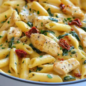 To make this dish, gather these key ingredients: - 2 tablespoons extra virgin olive oil - 1 pound boneless, skinless chicken breasts, cut into bite-sized pieces - 4 cloves garlic, finely minced - 1 teaspoon Italian herb blend - Salt and freshly cracked black pepper to taste - 8 ounces uncooked penne pasta - 3 cups low-sodium chicken broth - 1 cup heavy whipping cream - 1 cup freshly grated Parmesan cheese - 1 cup fresh spinach, roughly chopped - Fresh parsley, finely chopped, for garnishing If you want to boost the taste, consider adding: - 1/2 cup sun-dried tomatoes, chopped - A squeeze of fresh lemon juice - A pinch of red pepper flakes for heat You can swap ingredients if needed: - Use olive oil or avocado oil instead of extra virgin olive oil. - Chicken thighs work well if you prefer dark meat. - Use half-and-half in place of heavy cream for a lighter sauce. - Substitute nutritional yeast for Parmesan for a dairy-free option. - Spinach can be replaced with kale or arugula for a different green. {{ingredient_image_2}} To start, gather your chicken and garlic. Cut 1 pound of boneless, skinless chicken breasts into bite-sized pieces. This helps the chicken cook evenly. In a large pot, heat 2 tablespoons of extra virgin olive oil over medium heat until it shimmers. Then, add the chicken. Season it with 1 teaspoon of Italian herbs, salt, and freshly cracked black pepper. Cook for 5 to 7 minutes, stirring often, until the chicken is golden brown and no longer pink. Next, add 4 minced cloves of garlic. Saut&eacute; it for about 1 minute. You want it to smell great, but don&rsquo;t let it burn. Now it&rsquo;s time to make the pasta. Pour in 3 cups of low-sodium chicken broth. Raise the heat slightly and bring it to a gentle simmer. Once it bubbles, add 8 ounces of uncooked penne pasta. Stir well to cover all the pasta in broth. Cover the pot and let it cook for 10 to 12 minutes. Stir occasionally until the pasta is tender and has absorbed most of the broth. When the pasta is ready, reduce the heat to low. Add 1 cup of heavy whipping cream and 1 cup of freshly grated Parmesan cheese. Stir until the cheese melts, making a creamy sauce. Next, fold in 1 cup of roughly chopped fresh spinach and, if you like, 1/2 cup of chopped sun-dried tomatoes. Cook for another 2 to 3 minutes. This will let the spinach wilt and blend into the dish. Taste your pasta and adjust the seasoning if needed. Add more salt or cracked pepper for extra flavor. Serve hot, garnished with finely chopped fresh parsley and more Parmesan cheese on top. For a nice touch, drizzle a bit of olive oil for sheen. Enjoy your meal in wide bowls, paired with crusty bread for the best dining experience! To create a creamy sauce, use heavy whipping cream. This adds richness. Make sure to stir well after adding the cream and cheese. Heat the mixture on low. This prevents the sauce from separating. Adding the cheese slowly helps it melt evenly. If you want more creaminess, add a little pasta water. This water has starch that thickens the sauce. One common mistake is cooking the garlic too long. Burnt garlic tastes bitter, ruining the dish. Another mistake is not seasoning the chicken. Good seasoning enhances the chicken's flavor. Avoid cooking the pasta too long. Overcooked pasta can become mushy. Lastly, don&rsquo;t skip the garnishing. Fresh parsley and extra cheese add flavor and make your dish look great. This pasta pairs well with a simple salad. A green salad with lemon vinaigrette is fresh and light. Crusty bread is another great choice. It helps soak up the creamy sauce. For drinks, a chilled white wine works nicely. Lemonade or iced tea can also be refreshing. These pairings enhance your meal and make it more enjoyable. Pro Tips Use Fresh Ingredients: Fresh garlic and high-quality Parmesan cheese can significantly enhance the flavor of your dish, creating a more vibrant and aromatic meal. Perfect Pasta Timing: Keep an eye on your pasta; overcooking can lead to a mushy texture. Aim for al dente, as it will continue to cook slightly in the sauce. Customize Seasoning: Don&rsquo;t hesitate to adjust the seasoning to your taste. A splash of lemon juice or a pinch of red pepper flakes can bring an exciting twist to the dish. Garnish for Presentation: A sprinkle of freshly chopped parsley and extra Parmesan not only beautifies the dish but also adds a burst of flavor, making it more appealing. {{image_4}} You can boost nutrition by adding more vegetables. Spinach is a great start. It adds vitamins and a fresh taste. You can also add bell peppers, broccoli, or zucchini. These veggies cook well and soak up the flavors. Just chop them and add them when you combine the cream and cheese. This simple step makes your dish healthier and more colorful. If you want to change the protein, you have options. Try using shrimp or tofu instead of chicken. Shrimp cooks fast and adds a sweet taste. Tofu is great for a plant-based meal. Just make sure to press and cube it, then saut&eacute; it until golden before adding the garlic and broth. Both options keep the dish tasty and filling. Herbs can change the whole dish. Instead of Italian herbs, try basil or thyme for a different vibe. You can also mix in fresh parsley or oregano for extra freshness. If you want a spicy kick, red pepper flakes are perfect. Experiment with these herbs to find your favorite flavor. Each choice adds its own charm to the dish. To keep your One-Pot Garlic Parmesan Chicken Pasta fresh, let it cool first. Place it in an airtight container. Make sure to store it in the fridge. It should stay good for up to 3 days. If you can, separate the sauce from the pasta. This helps keep the pasta from getting too soggy. When you are ready to eat leftovers, reheat your pasta on the stove. Add a splash of chicken broth or cream to keep it creamy. Heat it over low heat. Stir often to avoid burning. You can also use a microwave. Heat in short bursts, stirring in between. This helps heat it evenly. If you want to store your pasta for longer, freezing is a great option. Cool the dish completely before freezing. Use a freezer-safe container or bag. Remove as much air as you can. It can last for about 2 months in the freezer. When you're ready to eat, thaw it in the fridge overnight. Then, reheat as mentioned above. Enjoy your meal whenever you like! You can make this dish in about 30 minutes. The prep time is just 10 minutes. Cooking takes about 20 minutes. You get a tasty meal fast! Yes, you can use whole wheat pasta. It adds fiber and nutrients. Just adjust the cooking time slightly, as whole wheat pasta may need a bit longer. Yes, you can make it ahead. Cook the pasta and sauce, then store it in the fridge. When ready to eat, just reheat it gently. The flavors will still be great! This pasta pairs well with crusty bread. A fresh salad also makes a nice side. You can add garlic bread for a yummy touch. To make it healthier, swap heavy cream for Greek yogurt. You can also add more veggies, like broccoli or bell peppers. This boosts taste and nutrition! You learned how to make One-Pot Garlic Parmesan Chicken Pasta. We covered what to gather, from main ingredients to tasty options. The step-by-step guide shows how to cook it all in one pot. I shared tips to avoid mistakes and how to store leftovers safely. You can mix in veggies or use different proteins to fit your tastes. Remember, this dish is quick, easy, and fun to make. Enjoy your cooking journey and savor every bite!