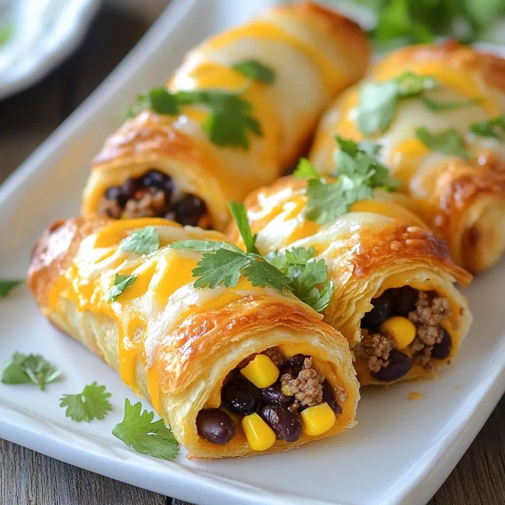 - 1 package of refrigerated pizza dough - 1 cup shredded cheddar cheese - 1 cup cooked ground beef, seasoned with taco seasoning - 1/2 cup black beans, rinsed and drained - 1/2 cup corn kernels - 1 jalapeño, diced (optional) - 1/4 cup salsa - 1 teaspoon ground cumin - Salt and freshly ground black pepper to taste - Fresh cilantro, chopped (for garnish) The ingredients for Cheesy Taco Sticks are simple but full of flavor. You start with pizza dough for a soft, warm base. You can use refrigerated dough, which saves time and effort. I love using cheddar cheese because it melts well and adds a rich taste. Next, you need cooked ground beef. I season it with taco seasoning for that classic taco flavor. If you want a vegetarian option, you can replace the beef with more beans or veggies. Black beans and corn add texture and nutrition. They give the sticks a nice bite. If you like heat, dice a jalapeño for a spicy kick. You can skip this if you prefer a milder flavor. For the seasonings, salsa brings moisture and tang. Ground cumin adds warmth. Don’t forget to season with salt and pepper. These will enhance all the flavors. Finally, fresh cilantro is a great garnish. It adds color and a fresh taste. When you put it all together, you get a fun and tasty snack that everyone will love! {{ingredient_image_2}} First, you need to preheat your oven to 375°F (190°C). This step is key to getting nice, crispy taco sticks. While the oven is warming up, grab a baking sheet and line it with parchment paper. This will stop the taco sticks from sticking. Next, take your refrigerated pizza dough. On a lightly floured surface, roll it out into a rectangle. Aim for about 1/4 inch thick. A rolling pin will help you spread it evenly. This thickness gives you the perfect base for your taco sticks. Now, let’s make the filling. In a large mixing bowl, combine the cooked ground beef, black beans, corn, and diced jalapeño if you want some heat. Add the salsa, ground cumin, garlic powder, and salt and pepper. Stir well so that all the ingredients mix evenly. This ensures each bite is packed with flavor. Spread the filling mixture over one half of the rolled-out dough. Leave about a half-inch border around the edges. This space lets you seal the dough properly. Now, sprinkle the shredded cheddar cheese on top of the filling. This cheesy layer will melt beautifully. Carefully fold the other half of the dough over the filling. Stretch it gently if needed to cover completely. Pinch the edges firmly to seal. Use a fork to crimp the edges for added security. This step keeps all that tasty filling inside. Cut the stuffed dough into strips that are about 1 inch wide. Place the strips on your prepared baking sheet, spaced apart for even baking. Brush the tops with the beaten egg. This gives them a lovely golden color. Bake in your preheated oven for 15-20 minutes, until the taco sticks are golden brown and crispy. Once done, let them cool for a few minutes before serving. Garnish with chopped cilantro for a fresh touch. Sealing the dough is key. If you don’t seal it well, the filling can leak out. Make sure to pinch the edges tightly. You can also use a fork to crimp the edges for extra security. For a crispy texture, preheat your oven properly. Bake at 375°F until golden brown. Using a baking sheet lined with parchment helps too. This keeps the taco sticks from sticking and allows them to crisp up nicely. You can adjust the spice level easily. If you like heat, add the diced jalapeño. If not, skip it for a milder flavor. Try using smoked paprika or cayenne pepper for a different kick. You can also mix in taco seasoning or chili powder for more depth in taste. Experimenting with spices is how you make this dish your own! Pair your cheesy taco sticks with tasty dips. Salsa is a classic choice, but guacamole or sour cream works well too. For presentation, arrange the sticks on a colorful platter. Add a small bowl of salsa in the center. Garnish with fresh cilantro to bring color and flavor. Lime wedges are a nice touch for zest. These simple ideas make your snack look great and taste even better! Pro Tips Use Fresh Ingredients: Fresh vegetables and quality cheese can elevate the flavor of your taco sticks significantly. Consider using fresh corn and homemade salsa for the best results. Customize Your Heat: Adjust the heat level of your taco sticks by adding more or less jalapeño or incorporating other spicy ingredients like diced green chilies. Experiment with Fillings: Feel free to switch up the filling ingredients! Try adding diced bell peppers, onions, or even shredded chicken for a different twist on the classic recipe. Serve with Dipping Sauces: Offer a variety of dipping sauces alongside your taco sticks, such as guacamole, sour cream, or additional salsa, to enhance the dining experience. {{image_4}} You can easily make these taco sticks vegetarian. Start by swapping the ground beef for a plant-based protein. Options like lentils or soy crumbles work well. Next, add extra vegetables to the filling. Chopped bell peppers and zucchini add great flavor and texture. These tweaks create a tasty and filling snack without meat. Cheese is key to making these taco sticks extra delicious. While cheddar cheese is classic, feel free to explore other types. Try Monterey Jack for a milder taste or pepper jack for some heat. You can even mix different cheeses for a unique flavor. Combining cheeses can make your taco sticks stand out. To change up the flavor, think outside the box with spices. Adding paprika gives a nice smoky touch. You can also mix in taco sauce for extra zest. Different salsas can add variety too. Consider using mango salsa for sweetness or a spicy salsa for heat. These small changes will make your snack even more exciting. To keep your cheesy taco sticks fresh, store them in the fridge. Place them in an airtight container. This keeps moisture out and prevents them from getting soggy. If you want to keep them for longer, wrap them tightly in plastic wrap before placing them in the container. When you're ready to enjoy leftovers, you can reheat them in two ways. The oven gives the best results. Preheat your oven to 350°F (175°C). Place taco sticks on a baking sheet for about 10 minutes. This keeps them crispy. If you use a microwave, place a damp paper towel over them. Heat for 30 seconds to 1 minute, but note that they may get a bit soft. You can freeze taco sticks before or after baking. If freezing before baking, wrap each stick in plastic wrap and place them in a freezer bag. They can stay frozen for up to three months. To bake, just take them out and cook from frozen, adding a few extra minutes to the baking time. If you bake them first, let them cool completely. Then, freeze them in a single layer. To reheat, thaw them in the fridge overnight and reheat in the oven as mentioned above. Yes, you can prepare the filling before. Cook the ground beef and mix in the beans, corn, and spices. Store it in an airtight container in the fridge. It will stay fresh for up to three days. This way, you can save time when you are ready to bake your taco sticks. Cheesy taco sticks last about three to four days in the fridge. Make sure to store them in an airtight container. If they start to lose their crispness, you can reheat them in the oven for the best taste. Absolutely! You can use gluten-free pizza dough instead of regular dough. Many stores sell gluten-free options that work well. Just check the package instructions, as baking times may vary. Salsa is a great choice for dipping. It adds a fresh flavor. You can also try sour cream or guacamole. For a spicy kick, a chipotle dipping sauce works well too. These sauces enhance the taco sticks' cheesy, savory taste. You now have a plan for making cheesy taco sticks. We covered ingredients, step-by-step instructions, and lots of tips. You learned how to customize your taco sticks and store leftovers. Try different cheeses and spices to find your favorite flavor. Enjoy making these tasty snacks for your next gathering. Happy cooking!