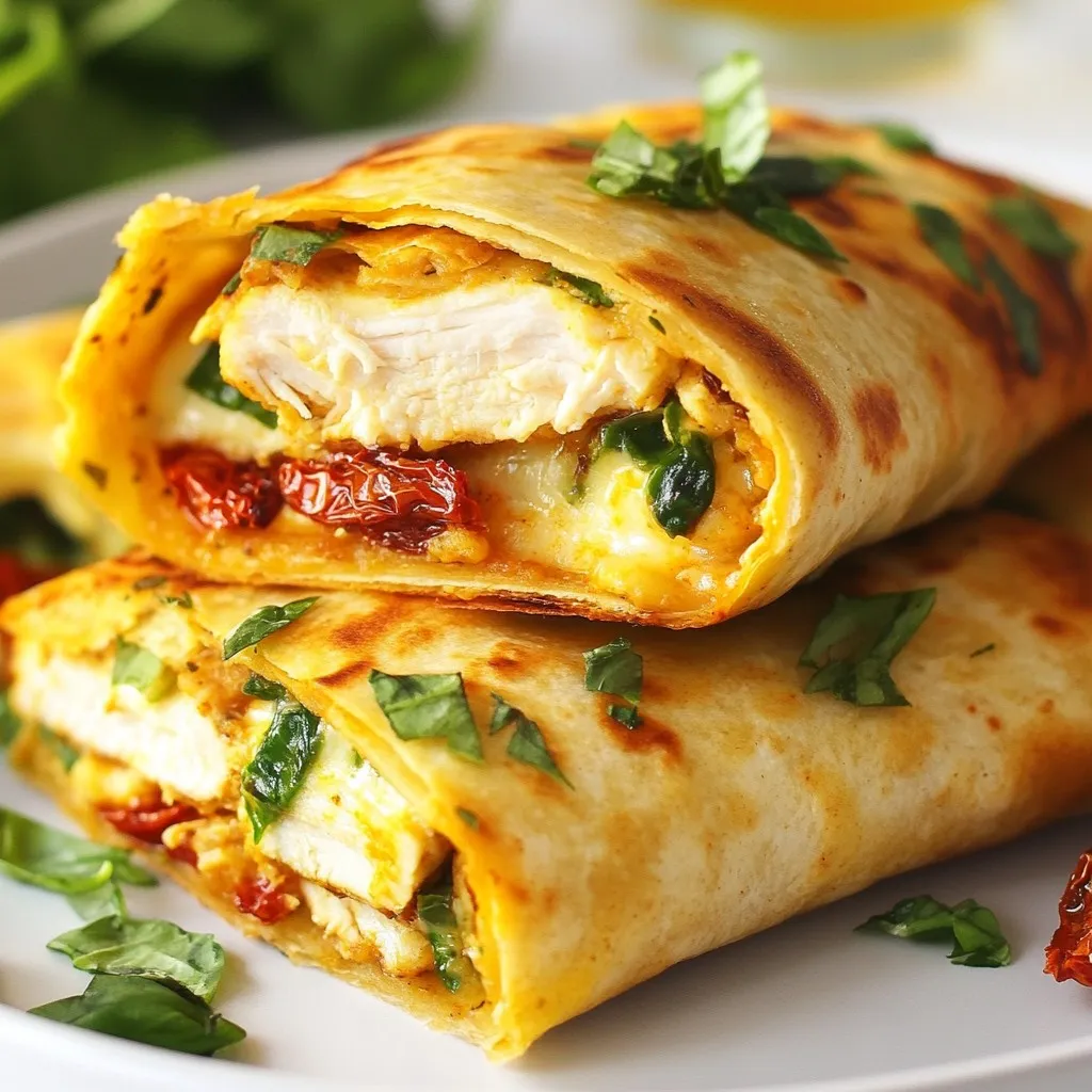 - 2 large flour tortillas - 1 cup cooked chicken, shredded - 1 cup fresh mozzarella cheese, shredded - 1/2 cup fresh spinach, roughly chopped - 1/4 cup sun-dried tomatoes, finely chopped - 1 teaspoon garlic powder - 1 teaspoon Italian seasoning - Salt and pepper to taste - Olive oil spray To make Air Fryer Chicken Mozzarella Wraps, you need simple and fresh ingredients. Start with two large flour tortillas. They are soft and easy to handle. Next, use one cup of cooked chicken, shredded into small pieces. This adds protein and flavor. You will also need one cup of fresh mozzarella cheese. The cheese melts nicely and adds creaminess. Then, grab half a cup of fresh spinach, chopped roughly. This gives a nice crunch and color. Add a quarter cup of sun-dried tomatoes, finely chopped, for a sweet and tangy taste. For seasoning, use one teaspoon of garlic powder and one teaspoon of Italian seasoning. These spices make the filling aromatic and flavorful. Don’t forget to add salt and pepper to taste. Finally, have olive oil spray ready to help crisp the wraps in the air fryer. With these ingredients, you will create a tasty and satisfying meal. Each bite will be a mix of flavors and textures. Enjoy cooking! {{ingredient_image_2}} Set your air fryer to 375°F (190°C). This step is key. Preheating helps cook the wraps evenly. It only takes a few minutes. In a medium bowl, mix these ingredients: - 1 cup cooked chicken, shredded - 1 cup fresh mozzarella cheese, shredded - 1/2 cup fresh spinach, roughly chopped - 1/4 cup sun-dried tomatoes, finely chopped - 1 teaspoon garlic powder - 1 teaspoon Italian seasoning - Salt and pepper to taste Combine all these well. You want every bite to burst with flavor. Take one large flour tortilla and lay it flat. Spoon half of the chicken mixture onto one half. Leave half an inch of space around the edges. This helps when folding. Carefully fold the tortilla over the filling. Shape it into a half-moon. Press the edges gently to seal. Repeat with the second tortilla and remaining filling. Lightly spray the tops of the wraps with olive oil. This adds a nice crisp when cooking. Place the wraps in the air fryer basket in a single layer. Make sure they don’t overlap. Air fry the wraps for 8 to 10 minutes. Flip them halfway through for even browning. When they are golden brown and crispy, they are done! Let the wraps cool for about a minute. Then slice them in half for easier serving. Enjoy your tasty creation! To make your wraps crispy, use olive oil spray. This step is key. It helps the wraps brown nicely. Just a light spray on top before cooking will do. The oil creates a lovely texture. It also keeps the wraps from drying out. You want that golden, crunchy finish that makes each bite special. If your wraps are not browning, check a few things. First, make sure the air fryer is hot enough. Preheat it to 375°F (190°C). If they are still pale, try flipping them halfway through cooking. This allows both sides to crisp up. If they still lack color, add a bit more olive oil spray. This will help with browning and flavor. These wraps taste great with dips. I love serving them with marinara sauce. It adds a nice touch of flavor. You can also try ranch dressing or a spicy aioli. A fresh salad on the side makes a perfect match. Think about adding sliced cucumbers or a light pasta salad. Enjoy your meal with these tasty wraps! Pro Tips Use Fresh Ingredients: Opt for fresh mozzarella and high-quality sun-dried tomatoes to elevate the flavor of your wraps. Don't Overfill: Be careful not to overfill the tortillas, as this can make them difficult to seal and cook evenly. Adjust Cooking Time: Depending on your air fryer model, cooking times may vary. Keep an eye on the wraps to ensure they don’t burn. Experiment with Seasonings: Feel free to add your favorite spices or herbs to the chicken mixture for a personalized flavor twist. {{image_4}} You can make this dish vegetarian by swapping chicken for a plant-based substitute. Options like tofu or tempeh work well. Just ensure you season these proteins to add flavor. You can even use chickpeas for added texture and protein. Prepare them the same way as the chicken for the best results. If you want to mix it up, try different cheeses. Cheddar, gouda, or even pepper jack can add a unique taste. Each cheese melts differently, so feel free to experiment. This will give your wraps a new twist with every bite. Want to add more to your wraps? Mix in extra veggies like bell peppers, mushrooms, or zucchini. These add crunch and flavor. You can also try adding different proteins like turkey or ham. The more variety you add, the more fun your wraps will be. To keep your chicken mozzarella wraps fresh, store them properly. Place any leftover wraps in an airtight container. You can store them in the fridge for about three days. If you want to keep them longer, freeze them. Wrap each one in plastic wrap, then place them in a freezer bag. This helps avoid freezer burn. When it's time to enjoy your leftover wraps, reheating them is easy. The best method is to use the air fryer again. Set it to 375°F (190°C) and cook for about 5 minutes. This method keeps the wraps crispy. You can also use a skillet over medium heat. Just flip them halfway through to warm them up evenly. When stored correctly, chicken mozzarella wraps last about three days in the fridge. In the freezer, they can last up to three months. Just make sure you check for any signs of spoilage before eating. If they look or smell off, it’s best to throw them away. Yes, you can use other tortillas! Gluten-free tortillas work well for those who avoid gluten. Whole wheat tortillas add a nice flavor and extra fiber. Just make sure they are large enough to hold the filling. To check for doneness, look for a golden brown color. The wraps should feel crispy to the touch. You can also cut one in half to see if the cheese is melted and the filling is hot. You can prep these wraps ahead of time! Assemble the wraps and store them in the fridge. Just keep them in an airtight container. When you're ready to eat, air fry them straight from the fridge. They’ll taste fresh and delicious! These air fryer wraps are simple and tasty. You learned the best ingredients and steps to make them. Using olive oil spray ensures a crispy texture. Remember, these wraps can adapt to your tastes, whether you want a veggie version or different cheeses. Storing leftovers is easy, and reheating them keeps their flavor. Enjoy creating and sharing these delicious wraps with friends and family!