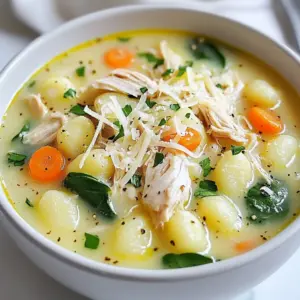 - 1 medium rotisserie chicken, shredded (skin removed) - 1 package (16 oz) potato gnocchi - 4 cups chicken broth (low-sodium recommended) - 2 cups heavy cream - 1 medium onion, diced - 2 medium carrots, diced - 2 stalks celery, diced - 3 cloves garlic, minced - 1 teaspoon dried thyme - 1 teaspoon dried rosemary - 1 cup fresh spinach, roughly chopped - Fresh parsley, chopped (for garnish) - 2 tablespoons olive oil - Salt and pepper to taste - &frac12; cup grated Parmesan cheese The key to rotisserie chicken gnocchi soup lies in its ingredients. First, I use rotisserie chicken for ease and flavor. This chicken adds depth and richness to the soup. Next, I choose potato gnocchi because it cooks quickly and pairs well with the creamy broth. For the broth, I recommend low-sodium chicken broth. It gives a great base without too much salt. Heavy cream adds a smooth texture and makes the soup comforting. I love the mix of vegetables. Onion, carrots, and celery form a classic flavor base. Garlic, thyme, and rosemary add warmth and aroma. Fresh spinach gives a pop of color and nutrients. Finally, I finish with olive oil, salt, and pepper. Grated Parmesan cheese adds a cheesy finish that ties everything together. These ingredients make this soup a cozy meal perfect for any day. {{ingredient_image_2}} Start by heating 2 tablespoons of olive oil in a large pot over medium heat. Once the oil shimmers, add 1 medium diced onion, 2 diced carrots, and 2 diced celery stalks. Cook these vegetables for about 5 minutes. Stir them often until they soften and the onion turns translucent. Next, stir in 3 minced garlic cloves, 1 teaspoon of dried thyme, and 1 teaspoon of dried rosemary. Cook this mix for 1 to 2 minutes. You want to do this until the herbs smell fragrant and the garlic turns lightly golden. Now, pour in 4 cups of chicken broth. Make sure to stir well to combine all the ingredients. Increase the heat until the mixture reaches a gentle boil. Once your soup boils, reduce the heat to a simmer. Carefully add 1 package (16 oz) of potato gnocchi to the pot. They will cook for about 3 to 5 minutes. You know they are done when they float to the surface. Gently stir in the shredded meat from 1 medium rotisserie chicken and 2 cups of heavy cream. Mix everything together well. Keep the heat low and let the soup warm for about 5 more minutes, stirring occasionally. Next, taste the soup and add salt and pepper as needed. Fold in 1 cup of roughly chopped fresh spinach and let it wilt for about 2 minutes. This adds color and nutrition. Finally, remove the pot from heat and mix in &frac12; cup of grated Parmesan cheese until it melts and makes the soup silky. To make your soup shine, start with the right broth. I recommend low-sodium chicken broth. It lets you control the salt levels better. The broth's depth adds layers of taste to your soup. You can also mix in a bit of vegetable broth for a twist. Adjust the seasoning to your liking. Taste the soup as it cooks. This way, you can add more salt, pepper, or herbs if needed. Fresh herbs like parsley can brighten the dish. Cooking gnocchi can be tricky. Add them to the soup only when it boils. They cook quickly, about 3-5 minutes. Watch for them to float. This tells you they are done and ready to enjoy. When adding cream, keep the heat low. If it gets too hot, the cream may curdle. Stir gently and let it warm through. This keeps the soup creamy and smooth. For a cozy meal, serve the soup in rustic bowls. This adds charm to your table. Pair it with a crusty piece of bread. It soaks up the soup and enhances the whole experience. Garnish each bowl with fresh parsley. It adds color and makes the dish inviting. You can also sprinkle extra Parmesan cheese on top for added flavor. Enjoy your delicious creation! Pro Tips Use Fresh Ingredients: Opt for fresh herbs and vegetables whenever possible to enhance the flavor and nutritional value of your soup. Adjust Creaminess: For a lighter version, you can substitute half of the heavy cream with low-fat milk or a non-dairy alternative. Make it Ahead: This soup can be made in advance and refrigerated. Just reheat gently on the stove before serving, adding a splash of broth to loosen it up if necessary. Gnocchi Tips: If you're using frozen gnocchi, there's no need to thaw them. Just add them directly to the boiling soup for a quick and easy meal. {{image_4}} You can swap heavy cream with several alternatives. Coconut milk adds a rich, creamy taste. You can also use cashew cream for a nutty flavor. If you prefer a lighter option, try half-and-half or evaporated milk. For vegetables, you can mix and match. Instead of carrots and celery, use bell peppers or zucchini. You can even add peas for a sweet touch. Don&rsquo;t hesitate to use frozen vegetables; they work well. Herbs and spices can change the soup's character. Consider adding fresh basil or dill for a fresh taste. A pinch of red pepper flakes can bring heat and warmth. You might also add extras like mushrooms or kale. Mushrooms add umami, while kale boosts nutrition. Saut&eacute; them with the onions for the best flavor. For a gluten-free version, look for gnocchi made from rice or corn. Many brands offer gluten-free options that taste great. If you want a dairy-free soup, skip the heavy cream and cheese. Use almond milk or oat milk instead. Nutritional yeast can add a cheesy flavor without dairy. To store leftovers, first cool the soup. Place it in an airtight container. I recommend using glass containers. They do a great job of keeping flavors fresh. You can also use plastic containers, but glass is best for taste. To freeze the soup, let it cool completely. Then, pour it into freezer bags or containers. Remove as much air as you can to avoid freezer burn. When you're ready to eat, thaw the soup overnight in the fridge. To reheat, warm it on the stove over low heat. Stir often to keep it smooth and creamy. In the fridge, this soup lasts about 3 to 4 days. Always check for signs of spoilage. If you see any mold or if it smells off, it&rsquo;s time to toss it. Trust your nose and eyes; they know! Gnocchi are small dumplings made from potatoes or flour. They are soft and pillowy. You can find many types, like potato gnocchi or ricotta gnocchi. Each type has its own flavor and texture. Gnocchi are a great option for soups because they soak up flavors well. Yes, you can use other types of chicken. Cooked chicken breast or thighs work well. You can also use leftover chicken. Just make sure to shred or chop it before adding it to the soup. You can easily make this soup vegetarian. Replace the rotisserie chicken with mushrooms or chickpeas. Use vegetable broth instead of chicken broth. Add extra veggies like zucchini or bell peppers for more flavor. To add heat, use red pepper flakes or diced jalape&ntilde;os. You can also add a splash of hot sauce. Start with a small amount and taste as you go. Adjust the spice level to match your preference. Homemade chicken broth is a fantastic choice. It adds rich flavor and depth to your soup. Plus, you can control the salt and ingredients. Store-bought broth works too, but homemade is often better for taste. This blog post explored a creamy chicken gnocchi soup that warms the soul. We covered essential ingredients like rotisserie chicken and heavy cream, alongside vibrant vegetables and aromatics. I shared step-by-step instructions for saut&eacute;ing and simmering the soup for the best flavors. You learned tips to enhance the dish and variations to suit your taste. Finally, we discussed storage options to keep your soup fresh. Enjoy making this comforting dish, and remember, cooking should be fun and rewarding!