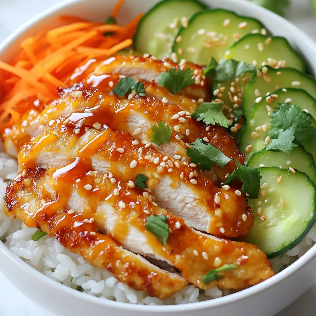 - 2 boneless, skinless chicken breasts - 1 cup cornstarch - 1/2 cup mayonnaise - 2 tablespoons sweet chili sauce - 1 tablespoon sriracha (adjust to taste) - 1 tablespoon soy sauce - 1 tablespoon rice vinegar - 1 teaspoon garlic powder - 2 cups cooked jasmine rice - 1 cucumber, thinly sliced - 1 cup shredded carrots - 1/4 cup chopped green onions - Sesame seeds for garnish - Fresh cilantro for garnish - Salt and pepper to taste For the best flavors, use fresh ingredients. Fresh chicken gives a juicy bite. Choose ripe cucumbers for crunch. When picking carrots, look for vibrant colors. High-quality mayonnaise enhances the sauce's creaminess. Use good sriracha for a real kick. Fresh cilantro brightens the bowl's taste and look. Always check for the best before dates on packaged items. {{ingredient_image_2}} To start, season the chicken breasts well. Use salt, pepper, and garlic powder. This mix adds a great flavor. Let the chicken rest for 10 minutes. This time helps the seasonings soak in. Next, we coat the chicken. Pour the cornstarch into a shallow dish. Take each chicken breast and coat it in the cornstarch. Make sure to cover all sides. After that, shake off the extra cornstarch. Too much can cause clumps. Now, heat a large skillet on medium-high. Add a few tablespoons of oil. Once the oil shimmers, place the coated chicken in the skillet. Cook for about 6-7 minutes on each side. You want a golden-brown color and the chicken should reach 165°F (75°C). After cooking, let the chicken rest for a few minutes. This keeps it juicy. Time for the sauce! In a bowl, mix mayonnaise, sweet chili sauce, sriracha, soy sauce, and rice vinegar. Whisk until smooth. Taste the sauce. If you want more heat, add more sriracha. Adjust it to your liking. Now, let's put it all together. Start with a scoop of jasmine rice at the bottom. Then, add the sliced chicken. Next, place cucumber slices and shredded carrots on top. Drizzle the Bang Bang sauce all over. For a nice finish, add chopped green onions, sesame seeds, and fresh cilantro. These toppings make it look pretty and taste even better. Serve it in colorful bowls to show off the vibrant ingredients. A lime wedge on the side can add a nice touch too! - To prevent chicken from drying out, always let it rest after cooking. This keeps the juices inside. - Use a meat thermometer to check the chicken's internal temperature. It should be 165°F (75°C). - I recommend using a large skillet for even cooking. Non-stick pans work well for this dish. - Pair your Bang Bang Chicken Bowl with a light salad or steamed veggies. They balance the flavors nicely. - A refreshing drink, like iced tea or lemonade, complements the meal well. - Serve the bowl warm for the best taste. The flavors meld beautifully when everything is hot. Pro Tips Marinate for Extra Flavor: Allow the chicken to marinate in your seasoning for at least 30 minutes or even overnight. This enhances the flavor and tenderness of the meat. Perfectly Crispy Coating: Ensure that your oil is hot enough before adding the chicken. If the oil is not hot, the coating will absorb too much oil and become soggy. Customize Your Sauce: Feel free to experiment with the Bang Bang sauce! Add lime juice or a dash of honey for a unique twist that complements the dish. Fresh Ingredients Matter: Use fresh vegetables for garnish and toppings. Fresh cucumbers and carrots not only taste better but also add vibrant color to your dish. {{image_4}} You can easily swap out some ingredients in the Bang Bang Chicken Bowl for your taste. If you want a lighter option, you can replace mayonnaise with Greek yogurt. It still gives a creamy texture but is a bit healthier. For a different sauce, try using tahini or avocado instead of mayonnaise. Both add a unique flavor. You can also play with the veggies. If you don't like cucumber, try bell peppers or radishes for a crunch. You can add other toppings like avocado slices or chopped peanuts for extra flavor. To make this dish gluten-free, simply use gluten-free soy sauce. It tastes just as good and keeps the flavors intact. Also, check your sweet chili sauce for gluten-free options. If you're aiming for a vegetarian or vegan dish, substitute the chicken with crispy tofu or tempeh. Just coat the tofu in cornstarch and fry it the same way as the chicken. You can still enjoy the same tasty sauce and fresh veggies. This way, everyone can enjoy a delicious Bang Bang Bowl! To keep your Bang Bang Chicken Bowl fresh, follow these steps: - Refrigerator Storage: Place leftovers in an airtight container. Make sure to separate the sauce from the chicken and veggies to keep everything fresh. Store in the fridge for up to three days. - Freezing Instructions: If you want to freeze, put the chicken in a freezer-safe bag. You can freeze the rice and veggies too. Make sure to label the bags with the date. Use within two months for best quality. Reheating your Bang Bang Chicken Bowl can be easy. Here are some methods: - Microwave: Place the chicken and rice in a microwave-safe dish. Cover with a damp paper towel. Heat for 1-2 minutes, stirring halfway through. This keeps moisture in. - Stovetop: Heat a skillet over low heat. Add a splash of water or broth. Add chicken and rice, stirring often. This method helps regain flavor and keeps the food moist. - Oven: Preheat your oven to 350°F (175°C). Place the chicken and rice in a baking dish. Cover with foil to keep it from drying out. Heat for about 15-20 minutes. With these tips, your leftovers will taste just as good as when you first made them! The Bang Bang Chicken Bowl is a tasty dish that combines crispy chicken with fresh veggies. It features chicken breasts coated in cornstarch, cooked until golden, and drizzled with a creamy Bang Bang sauce. This sauce blends mayonnaise, sweet chili sauce, and sriracha for a rich flavor. You serve it over fluffy jasmine rice with cucumber, carrots, and green onions. It’s colorful, crunchy, and full of flavor. Yes, you can prepare many parts of this dish in advance. Cook the chicken and rice a day before. Store them in separate containers in the fridge. You can also make the Bang Bang sauce early. Just keep it in a sealed jar. This way, when you are ready to eat, you can quickly assemble the bowl. To save time, chop the veggies ahead of time too. The Bang Bang Chicken Bowl can be adjusted for spice levels. The sriracha gives it heat, but you can use less if you prefer milder flavors. If you want more spice, add extra sriracha to the sauce. You can also serve sliced jalapeños on the side for those who enjoy more heat. This flexibility makes it great for everyone! In this blog post, we explored how to make a delicious Bang Bang Chicken Bowl. We broke down the key ingredients and shared tips for quality and freshness. I provided step-by-step instructions for preparing the chicken, cooking, and making the sauce. We discussed serving suggestions and storage tips for leftovers. Remember, you can customize this dish to fit your taste and dietary needs. Now, you have the tools to create a tasty meal that everyone will love. Enjoy your culinary adventure!