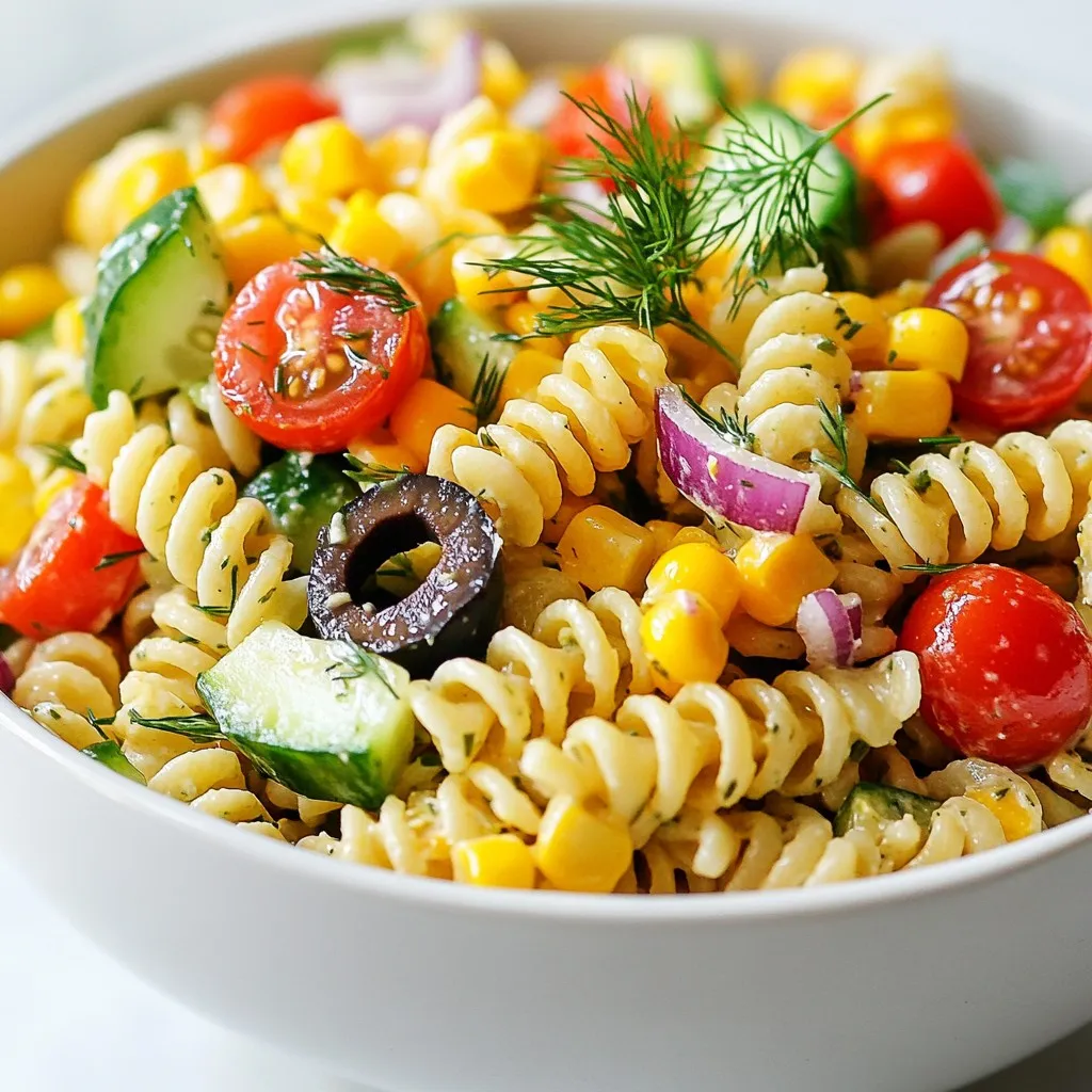 - 8 ounces whole wheat pasta (fusilli or rotini recommended) - 1 large cucumber, diced into bite-sized pieces - 1 cup cherry tomatoes, halved - 1 bell pepper, diced (choose your favorite color for variety) - &frac12; red onion, finely chopped - 1 cup corn (use fresh, canned, or frozen, based on availability) - &frac12; cup black olives, sliced - 2 tablespoons fresh dill, finely chopped The base of this salad starts with whole wheat pasta. It gives a hearty feel to your dish. I suggest using fusilli or rotini. They hold the dressing and flavors well. Next, we add fresh vegetables. The diced cucumber adds crunch and freshness. Halved cherry tomatoes bring sweetness. You can pick any bell pepper you like. I love the bright colors they add to the dish. Finely chopped red onion gives a nice bite. Corn adds a sweet element, while black olives bring a savory flavor. Finally, fresh dill adds a pop of herbaceous goodness. - 3 tablespoons extra virgin olive oil - 2 tablespoons freshly squeezed lemon juice - Salt and freshly ground black pepper to taste The dressing is simple yet full of flavor. I use extra virgin olive oil for richness. Fresh lemon juice brightens the whole dish. It gives a zesty kick that balances the pasta and veggies. Don't forget salt and black pepper. They enhance all the flavors. Adjust these to your taste as you mix everything together. {{ingredient_image_2}} First, fill a large pot with salted water. Bring it to a rolling boil. Add 8 ounces of whole wheat pasta, like fusilli or rotini. Cook the pasta according to the package instructions until it is al dente. When it's ready, drain the pasta and rinse it under cold water. This stops the cooking process. Set the drained pasta aside to cool. While the pasta cools, grab a large mixing bowl. Dice 1 large cucumber into bite-sized pieces. Halve 1 cup of cherry tomatoes. Dice 1 bell pepper in your favorite color. Finely chop &frac12; red onion. Add 1 cup of corn, which can be fresh, canned, or frozen. Slice &frac12; cup of black olives. Finally, finely chop 2 tablespoons of fresh dill. Toss all the vegetables gently to mix them well. In a small bowl, whisk together 3 tablespoons of extra virgin olive oil and 2 tablespoons of freshly squeezed lemon juice. Add a pinch of salt and freshly ground black pepper. Give it a taste and adjust the seasoning if needed. Now, add the cooled pasta to the bowl with the mixed vegetables. Drizzle the dressing over the top. Using a spatula, gently toss all the ingredients together until everything is evenly coated. Taste the salad and adjust the seasoning with more salt, pepper, or lemon juice if it needs a boost. For the best flavor, cover the salad with plastic wrap or a lid. Chill it in the refrigerator for at least 30 minutes. This allows the flavors to meld beautifully and makes the salad refreshing. When serving, you can use a large bowl or individual portions. For a pretty touch, garnish with extra dill and a few slices of cucumber on top. This makes for an appealing and inviting dish! To get the best texture, cook the pasta to al dente. This means it should be firm but not hard. It will soak up flavors well without becoming mushy. After cooking, rinse the pasta in cold water. This stops the cooking and cools it down quickly. For the best taste, chill the salad for at least 30 minutes. This allows the flavors to blend nicely. Adjust the seasoning to fit your taste. Start with salt and pepper, then add more if needed. You can also add fresh herbs like basil or parsley for extra flavor. A pinch of garlic powder or a dash of hot sauce can add a nice kick. Experiment with these additions to make the salad your own. One common mistake is overcooking the pasta. This leads to a mushy salad, which is not what you want. Pay close attention to the cooking time. Another mistake is skipping the chilling step. Chilling the salad helps the flavors meld and improves the overall taste. Always remember to cover it well to keep it fresh. Pro Tips Choose the Right Pasta: Whole wheat pasta adds a nutty flavor and is more nutritious than regular pasta. Fusilli or rotini are great choices because their shapes hold the dressing and ingredients well. Prep Vegetables Ahead: To save time, you can chop the vegetables a few hours in advance. Just keep them stored in an airtight container in the fridge until you're ready to assemble the salad. Experiment with Herbs: While dill is a fantastic addition, feel free to mix in other fresh herbs like parsley, basil, or cilantro to enhance the salad's flavor profile. Make it a Meal: To turn this salad into a heartier dish, consider adding protein sources like chickpeas, tofu, or quinoa for a complete meal that&rsquo;s both satisfying and nutritious. {{image_4}} You can swap out whole wheat pasta for gluten-free pasta. Look for options made from rice or quinoa. This makes the salad fit for those with gluten issues. You can also add vegan cheese. Try crumbled tofu or chickpeas for extra protein. Seasonal veggies make this salad shine. In summer, add fresh zucchini or bell peppers. In fall, consider roasted butternut squash. Always choose what is fresh and local to boost flavor and nutrition. For dressings, try different flavors. Italian dressing can add a zesty kick. Balsamic adds a sweet tang. You can also mix in fruits. Avocado adds creaminess. Citrus, like orange or lime, brings a fresh zest. To keep your Vegan Cucumber Pasta Salad fresh, store it in the fridge. It lasts about 3 to 5 days. Use an airtight container to keep it safe from other odors. Make sure to seal the lid tightly to maintain its crispness and flavor. You can get creative with leftover pasta salad. Try it as a filling for wraps or sandwiches. You can also serve it on a bed of greens for a quick lunch. If you like, warm it slightly and add a drizzle of your favorite sauce for a new twist. The next day, enjoy it cold or at room temperature for a tasty meal! Vegan Cucumber Pasta Salad lasts about 3 to 5 days in the fridge. Keep it in a sealed container. The flavors will blend and taste even better over time. Yes, you can make this pasta salad in advance. It tastes great after chilling for at least 30 minutes. Prepare it up to a day ahead for the best results. If you don&rsquo;t have dill, try using parsley or basil. Both herbs add a fresh taste to the salad. You can also skip herbs if you prefer a simpler flavor. Absolutely! This salad is perfect for meal prep. Make a large batch and divide it into portions. It&rsquo;s easy to grab and go when you need a quick meal. Yes, you can add protein! Chickpeas, tofu, or tempeh work well. Just mix them in with the other ingredients for added nutrition and flavor. To make this salad more filling, add cooked quinoa or lentils. You could also toss in some avocado for healthy fats. These additions will keep you satisfied longer. This vegan cucumber pasta salad is easy to make and full of flavor. We covered the key ingredients, step-by-step instructions, and helpful tips for perfecting your dish. Remember to chill the salad for the best taste. Feel free to get creative with variations and enjoy fresh options. This salad keeps well in the fridge and is great for meal prep. With simple adjustments, you can make it your own and keep it interesting. Whether for a meal or a gathering, this salad shines on any table.