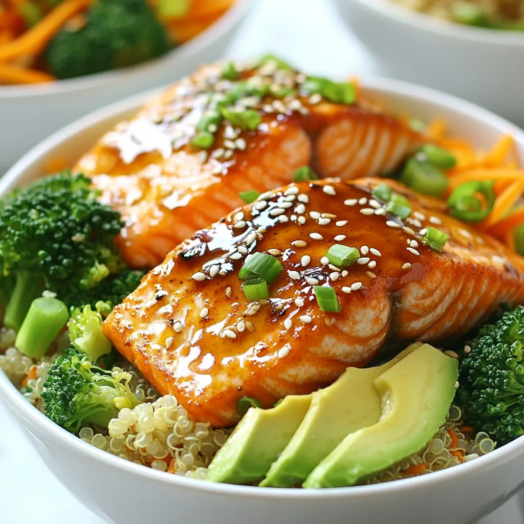- 2 salmon fillets (approximately 6 oz each) - 3 tablespoons honey - 2 tablespoons soy sauce (or tamari for a gluten-free option) - 3 cloves garlic, finely minced - 1 teaspoon freshly grated ginger - 1 tablespoon olive oil - Salt and freshly cracked black pepper to taste The salmon is the star here. It brings flavor and healthy fats to the dish. The honey and soy sauce create a sweet and salty marinade. Garlic and ginger add depth. These ingredients combine to make the salmon delicious. - 2 cups cooked quinoa (white or tri-color for visual appeal) - 1 cup broccoli florets, steamed until bright green and tender - 1 cup shredded carrots (use a grater or food processor for ease) Quinoa is a great base. It is high in protein and fiber. You can use white or tri-color quinoa to add color. Broccoli adds crunch and nutrients. Shredded carrots give sweetness and a pop of orange. Together, they make the dish colorful and healthy. - ½ ripe avocado, thinly sliced - Sesame seeds, for garnishing - Chopped green onions (scallions), for garnishing Avocado adds creaminess and healthy fats. Sesame seeds give a nice crunch. Green onions add a fresh taste. You can also try other toppings like nuts or seeds for extra flavor. These garnishes make the bowls look pretty and taste even better. {{ingredient_image_2}} Preparation of the Marinade To make the marinade, mix three tablespoons of honey, two tablespoons of soy sauce, three minced garlic cloves, and one teaspoon of freshly grated ginger in a bowl. This mix gives the salmon a sweet and savory taste. Timing for Optimal Flavor Pat the salmon fillets dry with a paper towel. Add salt and pepper to both sides. Place the salmon in a shallow dish and cover it with the marinade. Let it sit for 15 to 20 minutes. This time helps the fish soak up all the flavors. Skillet Method Details Heat one tablespoon of olive oil in a non-stick skillet over medium heat. Once the oil is hot, add the salmon fillets, skin side down. Cook for about 4 to 5 minutes. Flip the fillets and cook for another 4 to 5 minutes. The salmon should easily flake with a fork when done. Tips for Perfectly Cooked Salmon Brush the salmon with leftover marinade in the last minute of cooking. This step adds more flavor and keeps it moist. Don’t overcook the salmon; it should be tender and juicy. Layering Ingredients While the salmon cooks, prepare the bowls. Start with a scoop of cooked quinoa as the base. Next, arrange steamed broccoli florets and shredded carrots around the quinoa. This will make each bowl colorful and healthy. Presentation Tips Carefully place a salmon fillet on top of the quinoa and veggies. It should look inviting. Add sliced avocado on top of the salmon. Finish with sesame seeds and chopped green onions for a fresh look. Preventing Overcooking To keep your salmon juicy, cook it on medium heat. I recommend checking it after 4-5 minutes on each side. Salmon is done when it flakes easily with a fork. If it looks too dry, it may be overcooked. Ensuring Even Cooking Make sure the salmon fillets are the same thickness. This helps them cook evenly. Also, let the salmon rest for a minute after cooking. This allows the juices to redistribute, making it even tastier. Adding Spice to the Marinade Want a kick? Add red pepper flakes or a pinch of cayenne to the marinade. This gives the dish a nice heat without overpowering the sweet honey flavor. Customizing with Different Sauces Feel free to experiment with sauces. Try teriyaki for a bold taste or a citrus-based sauce for a zesty twist. Each option brings a unique flavor profile to your bowls. Nutritional Benefits of Ingredients Salmon is rich in omega-3 fatty acids, which are great for heart health. Quinoa is a complete protein, packed with fiber. Broccoli and carrots add vitamins and minerals, making this dish nutrient-dense. Making it a Balanced Meal To create a balanced meal, include healthy fats and fiber. The avocado provides healthy fats, while quinoa offers fiber. This combination keeps you full and satisfied. Enjoy your meal knowing it’s good for your body! Pro Tips Marinate Longer for Depth: If time allows, marinate the salmon for up to 1 hour. This will enhance the flavors and keep the fish moist during cooking. Check for Freshness: When selecting salmon, look for firm, bright flesh with a fresh ocean scent. Avoid any fish that appears dull or has a strong fishy smell. Perfectly Cooked Salmon: To ensure your salmon is perfectly cooked, aim for an internal temperature of 145°F. This will give you tender, flaky fish without being dry. Customize Your Bowls: Feel free to add other vegetables or grains like bell peppers, edamame, or brown rice to diversify flavors and textures in your bowls. {{image_4}} You can switch salmon for chicken or tofu. Chicken thighs work well and stay juicy. Simply marinate the chicken in the same honey garlic mix. Cook it until it reaches 165°F. For a plant-based option, try tofu. Use firm or extra-firm tofu for the best texture. Press it to remove excess water, then marinate and cook it like salmon. If you love seafood, consider shrimp or scallops. Both cook quickly and soak up flavors well. Marinate them just like the salmon. Sauté shrimp for about 2-3 minutes per side. Cook scallops for 2-4 minutes until they turn golden brown. These options keep your meals fresh and fun. Instead of quinoa, you can use rice or couscous. Brown rice adds a nutty flavor and a chewy texture. Couscous cooks fast and gives a light, fluffy base. Adjust cooking time according to the grain you choose. You might explore farro, barley, or bulgur for added nutrition. These grains pack fiber and are filling. Cook them according to package directions. Mix and match grains to keep meals exciting and wholesome. Choose vegetables based on what is fresh and in season. In spring, use asparagus or snap peas. Summer brings zucchini and bell peppers. Fall is great for butternut squash and kale. Winter lets you enjoy hearty root veggies like carrots and parsnips. Don't toss leftover veggies! Chop and add them to your bowls. This reduces waste and boosts nutrition. Roasted or steamed vegetables can add great flavor and color. Be creative and use what you have on hand. It makes your meals unique and tasty. To keep your Honey Garlic Salmon Bowls fresh, follow these tips: - Refrigeration: Store the salmon in an airtight container. It stays good for up to 3 days. - Freezing: If you want to store it longer, freeze the salmon. Wrap it tightly in plastic wrap and foil. It can last up to 3 months in the freezer. - To Maintain Freshness: Keep the quinoa and veggies in separate containers. This keeps them fresh and prevents sogginess. When it's time to enjoy your leftovers, use these methods: - Microwave: Place the salmon on a microwave-safe plate. Heat for 30-second intervals until warm. - Skillet: Heat a small amount of oil in a skillet over medium heat. Add the salmon and cook for 2-3 minutes per side. - Ensuring Quality Upon Reheat: Always check the internal temperature. It should reach 145°F for safety and taste. Know how long you can store your dish. - How Long to Store: In the fridge, eat within 3 days. In the freezer, up to 3 months. - Signs of Spoilage: Look for a sour smell or any discoloration. If you see these signs, it’s best to throw it away. For the best flavor, I recommend marinating the salmon for 15-20 minutes. This time allows the salmon to absorb the honey garlic mixture well. If you marinate it longer, the fish might break down too much. Just enough time gives you a tasty and juicy result. Yes, you can use fresh garlic! Fresh garlic gives a stronger flavor compared to pre-minced garlic. If you use fresh cloves, you’ll want to chop them finely. This ensures they blend well in the marinade. I often prefer fresh garlic for its bold taste. I love to serve these bowls with healthy sides. Here are some ideas: - Steamed broccoli: Adds green color and nutrients. - Shredded carrots: They bring sweetness and crunch. - Cooked quinoa: It’s a great base for the bowls. - Sliced avocado: Adds creaminess and healthy fats. - Sesame seeds and green onions: They enhance the dish's look and flavor. These sides not only taste great but also make the meal balanced and colorful. This blog post covers how to make delicious Honey Garlic Salmon Bowls. You learned about the main ingredients, cooking steps, and tips to enhance flavor. I shared options for variation and storage. Try this recipe to impress anyone. It’s full of flavor and easy to make. You can customize it with your favorite vegetables or proteins. Enjoy these bowls as a healthy meal that everyone will love. Happy cooking!
