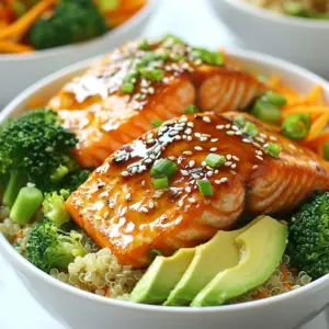 - 2 salmon fillets (approximately 6 oz each) - 3 tablespoons honey - 2 tablespoons soy sauce (or tamari for a gluten-free option) - 3 cloves garlic, finely minced - 1 teaspoon freshly grated ginger - 1 tablespoon olive oil - Salt and freshly cracked black pepper to taste The salmon is the star here. It brings flavor and healthy fats to the dish. The honey and soy sauce create a sweet and salty marinade. Garlic and ginger add depth. These ingredients combine to make the salmon delicious. - 2 cups cooked quinoa (white or tri-color for visual appeal) - 1 cup broccoli florets, steamed until bright green and tender - 1 cup shredded carrots (use a grater or food processor for ease) Quinoa is a great base. It is high in protein and fiber. You can use white or tri-color quinoa to add color. Broccoli adds crunch and nutrients. Shredded carrots give sweetness and a pop of orange. Together, they make the dish colorful and healthy. - &frac12; ripe avocado, thinly sliced - Sesame seeds, for garnishing - Chopped green onions (scallions), for garnishing Avocado adds creaminess and healthy fats. Sesame seeds give a nice crunch. Green onions add a fresh taste. You can also try other toppings like nuts or seeds for extra flavor. These garnishes make the bowls look pretty and taste even better. {{ingredient_image_2}} Preparation of the Marinade To make the marinade, mix three tablespoons of honey, two tablespoons of soy sauce, three minced garlic cloves, and one teaspoon of freshly grated ginger in a bowl. This mix gives the salmon a sweet and savory taste. Timing for Optimal Flavor Pat the salmon fillets dry with a paper towel. Add salt and pepper to both sides. Place the salmon in a shallow dish and cover it with the marinade. Let it sit for 15 to 20 minutes. This time helps the fish soak up all the flavors. Skillet Method Details Heat one tablespoon of olive oil in a non-stick skillet over medium heat. Once the oil is hot, add the salmon fillets, skin side down. Cook for about 4 to 5 minutes. Flip the fillets and cook for another 4 to 5 minutes. The salmon should easily flake with a fork when done. Tips for Perfectly Cooked Salmon Brush the salmon with leftover marinade in the last minute of cooking. This step adds more flavor and keeps it moist. Don&rsquo;t overcook the salmon; it should be tender and juicy. Layering Ingredients While the salmon cooks, prepare the bowls. Start with a scoop of cooked quinoa as the base. Next, arrange steamed broccoli florets and shredded carrots around the quinoa. This will make each bowl colorful and healthy. Presentation Tips Carefully place a salmon fillet on top of the quinoa and veggies. It should look inviting. Add sliced avocado on top of the salmon. Finish with sesame seeds and chopped green onions for a fresh look. Preventing Overcooking To keep your salmon juicy, cook it on medium heat. I recommend checking it after 4-5 minutes on each side. Salmon is done when it flakes easily with a fork. If it looks too dry, it may be overcooked. Ensuring Even Cooking Make sure the salmon fillets are the same thickness. This helps them cook evenly. Also, let the salmon rest for a minute after cooking. This allows the juices to redistribute, making it even tastier. Adding Spice to the Marinade Want a kick? Add red pepper flakes or a pinch of cayenne to the marinade. This gives the dish a nice heat without overpowering the sweet honey flavor. Customizing with Different Sauces Feel free to experiment with sauces. Try teriyaki for a bold taste or a citrus-based sauce for a zesty twist. Each option brings a unique flavor profile to your bowls. Nutritional Benefits of Ingredients Salmon is rich in omega-3 fatty acids, which are great for heart health. Quinoa is a complete protein, packed with fiber. Broccoli and carrots add vitamins and minerals, making this dish nutrient-dense. Making it a Balanced Meal To create a balanced meal, include healthy fats and fiber. The avocado provides healthy fats, while quinoa offers fiber. This combination keeps you full and satisfied. Enjoy your meal knowing it&rsquo;s good for your body! Pro Tips Marinate Longer for Depth: If time allows, marinate the salmon for up to 1 hour. This will enhance the flavors and keep the fish moist during cooking. Check for Freshness: When selecting salmon, look for firm, bright flesh with a fresh ocean scent. Avoid any fish that appears dull or has a strong fishy smell. Perfectly Cooked Salmon: To ensure your salmon is perfectly cooked, aim for an internal temperature of 145&deg;F. This will give you tender, flaky fish without being dry. Customize Your Bowls: Feel free to add other vegetables or grains like bell peppers, edamame, or brown rice to diversify flavors and textures in your bowls. {{image_4}} You can switch salmon for chicken or tofu. Chicken thighs work well and stay juicy. Simply marinate the chicken in the same honey garlic mix. Cook it until it reaches 165&deg;F. For a plant-based option, try tofu. Use firm or extra-firm tofu for the best texture. Press it to remove excess water, then marinate and cook it like salmon. If you love seafood, consider shrimp or scallops. Both cook quickly and soak up flavors well. Marinate them just like the salmon. Saut&eacute; shrimp for about 2-3 minutes per side. Cook scallops for 2-4 minutes until they turn golden brown. These options keep your meals fresh and fun. Instead of quinoa, you can use rice or couscous. Brown rice adds a nutty flavor and a chewy texture. Couscous cooks fast and gives a light, fluffy base. Adjust cooking time according to the grain you choose. You might explore farro, barley, or bulgur for added nutrition. These grains pack fiber and are filling. Cook them according to package directions. Mix and match grains to keep meals exciting and wholesome. Choose vegetables based on what is fresh and in season. In spring, use asparagus or snap peas. Summer brings zucchini and bell peppers. Fall is great for butternut squash and kale. Winter lets you enjoy hearty root veggies like carrots and parsnips. Don't toss leftover veggies! Chop and add them to your bowls. This reduces waste and boosts nutrition. Roasted or steamed vegetables can add great flavor and color. Be creative and use what you have on hand. It makes your meals unique and tasty. To keep your Honey Garlic Salmon Bowls fresh, follow these tips: - Refrigeration: Store the salmon in an airtight container. It stays good for up to 3 days. - Freezing: If you want to store it longer, freeze the salmon. Wrap it tightly in plastic wrap and foil. It can last up to 3 months in the freezer. - To Maintain Freshness: Keep the quinoa and veggies in separate containers. This keeps them fresh and prevents sogginess. When it's time to enjoy your leftovers, use these methods: - Microwave: Place the salmon on a microwave-safe plate. Heat for 30-second intervals until warm. - Skillet: Heat a small amount of oil in a skillet over medium heat. Add the salmon and cook for 2-3 minutes per side. - Ensuring Quality Upon Reheat: Always check the internal temperature. It should reach 145&deg;F for safety and taste. Know how long you can store your dish. - How Long to Store: In the fridge, eat within 3 days. In the freezer, up to 3 months. - Signs of Spoilage: Look for a sour smell or any discoloration. If you see these signs, it&rsquo;s best to throw it away. For the best flavor, I recommend marinating the salmon for 15-20 minutes. This time allows the salmon to absorb the honey garlic mixture well. If you marinate it longer, the fish might break down too much. Just enough time gives you a tasty and juicy result. Yes, you can use fresh garlic! Fresh garlic gives a stronger flavor compared to pre-minced garlic. If you use fresh cloves, you&rsquo;ll want to chop them finely. This ensures they blend well in the marinade. I often prefer fresh garlic for its bold taste. I love to serve these bowls with healthy sides. Here are some ideas: - Steamed broccoli: Adds green color and nutrients. - Shredded carrots: They bring sweetness and crunch. - Cooked quinoa: It&rsquo;s a great base for the bowls. - Sliced avocado: Adds creaminess and healthy fats. - Sesame seeds and green onions: They enhance the dish's look and flavor. These sides not only taste great but also make the meal balanced and colorful. This blog post covers how to make delicious Honey Garlic Salmon Bowls. You learned about the main ingredients, cooking steps, and tips to enhance flavor. I shared options for variation and storage. Try this recipe to impress anyone. It&rsquo;s full of flavor and easy to make. You can customize it with your favorite vegetables or proteins. Enjoy these bowls as a healthy meal that everyone will love. Happy cooking!