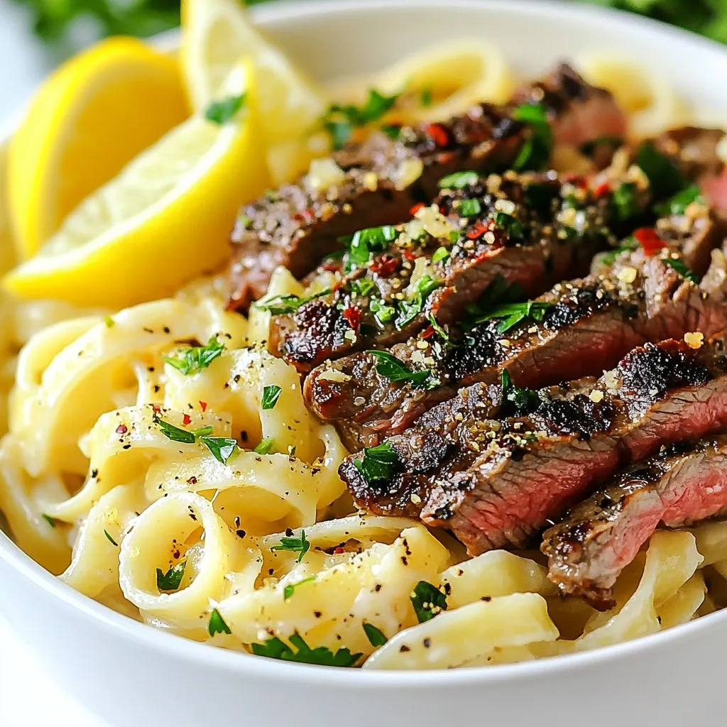 - 8 oz linguine pasta - 2 ribeye steaks (approximately 1-inch thick) - 4 tablespoons unsalted butter - 4 cloves garlic, finely minced - 1 tablespoon fresh parsley, finely chopped - 1 tablespoon fresh rosemary, finely chopped - 1 tablespoon fresh thyme, finely chopped - 1 teaspoon smoked paprika - 1 teaspoon red pepper flakes (optional, for added heat) - Salt and freshly ground black pepper, to taste - Grated Parmesan cheese, for serving - Lemon wedges, for serving Gather these ingredients to make a flavorful Cowboy Butter Steak Linguine. Each item plays a key role in creating a rich dish that bursts with taste. The linguine provides a perfect base, while the ribeye steaks add depth. Unsalted butter is the star, enriching every bite. For seasoning, garlic and fresh herbs bring life to the dish. Smoked paprika and red pepper flakes add a touch of warmth. These flavors meld into a sauce that coats the pasta beautifully. Finally, grated Parmesan cheese and lemon wedges elevate the meal. The cheese offers creaminess, and the lemon adds brightness. Together, these elements create a delightful culinary experience that you will enjoy. {{ingredient_image_2}} To start, fill a large pot with water. Add a good amount of salt and bring it to a boil. This step adds flavor to the pasta. Once boiling, add the linguine. Cook it for about 8-10 minutes. You want it to be al dente, which means it should have a slight bite. When it’s done, drain the pasta but save about 1 cup of that starchy water for later. While the pasta cooks, take your ribeye steaks out. Generously season both sides with salt and freshly ground black pepper. This simple seasoning really brings out the meat's flavor. Next, heat a cast-iron skillet or grill pan over medium-high heat. Once hot, add the steaks. Sear them for about 4-5 minutes on each side for a nice medium-rare finish. For best results, check the internal temperature with a meat thermometer. It should read 130°F. After cooking, let the steaks rest for at least 5 minutes before slicing. In the same skillet you used for the steaks, lower the heat to medium. Add the unsalted butter and let it melt. Once melted, stir in the minced garlic. Add the chopped parsley, rosemary, thyme, smoked paprika, and fresh lemon juice. If you want a kick, toss in the red pepper flakes too. Sauté this mixture for about 1-2 minutes. The garlic should be fragrant and begin to turn a light golden color. Now, add the cooked linguine to the skillet with the cowboy butter sauce. Gently toss the pasta so it gets fully coated. If the sauce seems too thick, don’t worry! Use some of that reserved pasta water to adjust the consistency. Add just a little at a time until it looks perfect. When ready to serve, grab a sharp knife and slice the rested ribeye steaks thinly against the grain. This helps ensure each bite is tender. On a plate, serve the buttered linguine first. Then, elegantly place the sliced steak on top. Finish it off with a sprinkle of grated Parmesan cheese and drizzle some extra cowboy butter from the skillet over everything. Add lemon wedges on the side for a fresh touch. For a stunning look, serve in wide, shallow bowls and garnish with fresh parsley and a light sprinkle of red pepper flakes. To make a great steak, start with the right temperature. For medium-rare, aim for 130°F. Use a meat thermometer for best results. After cooking, let the steaks rest for at least 5 minutes. This step helps the juices stay inside the meat, making it tender and juicy. Overcooking linguine can ruin your dish. Follow the package instructions to avoid mushy pasta. Look for the term "al dente" on the package. This means the pasta should be firm yet cooked. A good tip is to taste the pasta a minute or two before the time is up. You can switch up the herbs and spices in the cowboy butter. Try using fresh basil or oregano if you want a different taste. For those who like heat, add more red pepper flakes or a dash of hot sauce. This can bring more kick to the dish and make it even more flavorful. Pro Tips Use Quality Steaks: Choosing high-quality ribeye steaks will enhance the flavor and tenderness of your dish, making it truly exceptional. Rest the Steaks: Allowing the cooked steaks to rest for at least 5 minutes before slicing helps retain their juices, resulting in a more flavorful bite. Adjust the Spice: Feel free to tweak the amount of red pepper flakes to suit your heat preference; you can also omit them for a milder flavor. Save Some Pasta Water: The reserved pasta water is a great way to adjust the consistency of your cowboy butter sauce, ensuring it perfectly coats the linguine. {{image_4}} You can switch the ribeye for chicken or shrimp. Chicken breast works well here. Simply cut it into strips, season, and cook until golden. For shrimp, clean and devein them. Sauté in the cowboy butter until they turn pink. If you want a vegetarian dish, try mushrooms. Portobello or cremini mushrooms add a nice texture and flavor when sautéed in the butter sauce. If gluten-free is your goal, use gluten-free linguine. Many brands make great options. You can also try zucchini noodles for a lighter meal. Other pasta shapes, like fettuccine or penne, work nicely too. Just adjust the cooking time as needed for different shapes. To boost flavor, add fresh vegetables. Spinach wilts nicely in the hot pasta. Bell peppers add crunch and sweetness. You can also change the cheese. Feta or goat cheese gives a tangy twist. Mixing in a bit of cream cheese can make the dish extra rich. To keep Cowboy Butter Steak Linguine fresh, store it in an airtight container. This method prevents air from drying it out. Place the container in the fridge. Your leftovers should stay good for about three days. If you plan to eat it later, make sure to cool it down first. When reheating pasta, avoid the microwave if you can. Instead, use a skillet over medium heat. Add a splash of water or broth to help keep things moist. Stir gently to warm everything through. This method helps keep the sauce creamy. You can also use the microwave; just cover the dish and heat in short bursts. Yes, you can freeze Cowboy Butter Steak Linguine! To do so, place the cooled pasta in a freezer-safe bag. Make sure to squeeze out all the air before sealing. This helps prevent freezer burn. When you’re ready to eat, thaw it in the fridge overnight. Reheat it gently as mentioned earlier for the best results. Cowboy butter is a rich, flavorful sauce made from butter, garlic, and herbs. It has a creamy texture and a bold taste. The key ingredients include: - Unsalted butter - Minced garlic - Fresh parsley - Fresh rosemary - Fresh thyme - Smoked paprika - Fresh lemon juice - Optional red pepper flakes for heat This blend creates a savory and aromatic sauce that adds depth to dishes. The herbs bring freshness, while the smoked paprika adds a hint of warmth and color. Yes, you can prepare parts of this dish ahead of time. Cook the linguine and make the cowboy butter sauce in advance. Store them separately in the fridge for up to two days. - When you're ready to serve, reheat the cowboy butter gently. - Cook the steaks fresh for the best flavor and texture. This way, you save time and still enjoy a delicious meal. To make more servings, simply scale the ingredients. Here’s how: - Increase the amount of linguine to 16 oz for four servings. - Use four ribeye steaks for a hearty meal. - Adjust the butter and seasonings accordingly. Cooking times might not change much, but check the steaks for doneness using a meat thermometer. To add more heat, consider these options: - Increase the red pepper flakes in the cowboy butter. - Add fresh diced jalapeños or serrano peppers. - Use a hot sauce of your choice. These additions will give your dish a nice kick without losing the rich flavors. Yes, you can use other steaks if you prefer. Good alternatives include: - New York strip steak - Filet mignon - Sirloin steak Choose a steak that is tender and has good fat marbling. This will help keep the meat juicy and full of flavor in your dish. This dish combines rich flavors using simple ingredients and easy steps. You learned to cook the perfect ribeye steaks, make a creamy cowboy butter sauce, and toss it all with linguine. With tips on variations and storage, you can adapt this meal to your taste. Whether you want to heat it up or serve it cold, this recipe is flexible. Enjoy your delicious cowboy butter steak linguine, and remember, cooking should be fun!