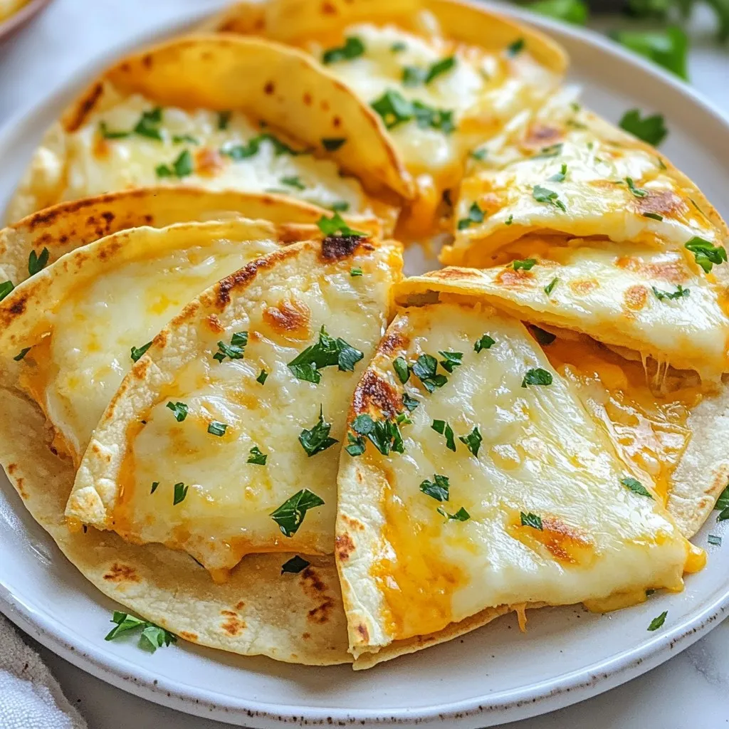 - 4 large flour tortillas - 1 cup shredded mozzarella cheese - 1/2 cup shredded cheddar cheese - 4 tablespoons unsalted butter, softened - 4 cloves of garlic, finely minced - 1 tablespoon fresh parsley, chopped (or 1 teaspoon dried parsley) - 1/2 teaspoon sea salt - 1/4 teaspoon freshly ground black pepper - 1/4 teaspoon red pepper flakes (optional for added heat) When I make Air Fryer Cheesy Tortilla Garlic Bread, I love how simple the ingredients are. First, I grab my flour tortillas. They make the perfect base. Next, I use shredded mozzarella and cheddar cheese. The blend gives a great flavor and melts beautifully. I then soften some unsalted butter. Mixing in minced garlic is key. It adds a rich, garlicky taste. I also chop fresh parsley or use dried parsley. This gives a nice color and fresh flavor. For seasoning, I sprinkle in sea salt and black pepper. If you want some heat, add red pepper flakes. They really bring out the flavor. Each ingredient works together to create a tasty dish that everyone will love. {{ingredient_image_2}} To start, gather your ingredients for the garlic butter. You need: - 4 tablespoons unsalted butter, softened - 4 cloves of garlic, finely minced - 1 tablespoon fresh parsley, chopped (or 1 teaspoon dried parsley) - 1/2 teaspoon sea salt - 1/4 teaspoon freshly ground black pepper - 1/4 teaspoon red pepper flakes (optional) Mix the softened butter, minced garlic, and parsley in a small bowl. Add the salt, pepper, and red pepper flakes if you want some heat. Stir well until everything blends into a smooth paste. This garlic butter will give your tortillas a tasty kick. Next, lay out your large flour tortillas on a flat surface. Grab a spatula or the back of a spoon. Use it to spread a generous layer of garlic butter over one side of each tortilla. Make sure you cover the entire surface for great flavor. Now, it&rsquo;s time for the cheese! Sprinkle shredded mozzarella and cheddar cheese generously over the buttered side of the tortillas. The more cheese, the better! Fold each tortilla in half, cheese side facing in, to create a half-moon shape. This keeps all that cheesy goodness inside. Preheat your air fryer to 350&deg;F (175&deg;C). This should take about 3 minutes. Preheating helps cook the tortillas evenly. Once it's ready, place the folded tortillas in the air fryer basket in a single layer. If your air fryer is small, cook them in batches. Air fry the tortillas for 6-8 minutes. Remember to flip them halfway through the cooking time. This ensures a golden-brown crust on both sides. When the cheese melts and bubbles, they are ready. After cooking, carefully take the cheesy garlic bread out of the air fryer. Let them cool for a minute. Then slice each half-moon into wedges. This makes them easy to serve and enjoy. To get that nice, even brown on your cheesy tortilla garlic bread, follow these tips: - Preheat your air fryer. This step helps cook all sides evenly. - Arrange the tortillas in a single layer. Avoid stacking them to ensure proper airflow. - Flip the tortillas halfway through cooking. This step allows both sides to crisp up nicely. To avoid soggy tortillas: - Use fresh tortillas. Older ones can become too soft when air-fried. - Spread the garlic butter evenly. Too much butter in one spot can lead to sogginess. Feel free to get creative with your cheese. Here are some ideas: - Substitute mozzarella with gouda for a smoky flavor. - Try pepper jack for a spicy kick. - For creaminess, add cream cheese to your blend. Adding extra toppings can enhance your dish: - Sliced olives or jalape&ntilde;os can add zest. - Fresh herbs like basil or oregano boost flavor. For stunning presentation, serve your cheesy garlic bread warm on a rustic wooden board. - Garnish with fresh parsley. It adds color and freshness. - Serve with a small bowl of marinara sauce. It pairs perfectly for dipping. - Consider creamy sour cream for a cool contrast. These tips will help you create a delightful dish that impresses everyone! Pro Tips Use Fresh Garlic: For the best flavor, always opt for fresh garlic instead of garlic powder. Fresh garlic provides a robust, aromatic quality that enhances your garlic bread. Experiment with Cheese: Feel free to mix different types of cheese like provolone or pepper jack for a unique flavor twist. Each cheese brings its own character to the dish! Adjust Cooking Time: Cooking times may vary based on your air fryer model. Keep an eye on the tortillas towards the end of the cooking time to prevent burning. Serve Immediately: For the best taste and texture, serve the cheesy garlic bread immediately after cooking. This ensures the cheese remains melty and delicious! {{image_4}} You can switch up the cheese for fun flavors. Try gouda for a smoky taste. Pepper jack adds a spicy kick that many love. If you want creaminess, blend in some cream cheese. This will make your garlic bread extra rich and smooth. To make your garlic bread even better, add herbs or spices. Fresh basil or oregano works well. You can also sprinkle in some Italian seasoning. For a veggie boost, toss in some fresh spinach or sliced jalape&ntilde;os. They add color and crunch. If you're looking for a healthier option, choose whole wheat tortillas. They taste great and add fiber. For gluten-free diets, use gluten-free tortillas. You can also try pita bread. Pita gives a nice, chewy texture that is different and tasty. To store your cheesy tortilla garlic bread, let it cool first. This step keeps moisture from building up. Place the leftovers in an airtight container. Glass or plastic containers work well. You can also wrap them in plastic wrap, but use a container for best results. To reheat, I suggest using the air fryer. Set it to 350&deg;F (175&deg;C) for about 3-4 minutes. This method brings back the crispy texture. You can also use a toaster oven or skillet. Just keep an eye on it to avoid burning. Freezing is a great option if you want to save some garlic bread for later. First, let the bread cool completely. Wrap each half-moon in plastic wrap, then place them in a freezer bag. When ready to eat, thaw in the fridge overnight. Cook from frozen in the air fryer for 8-10 minutes at 350&deg;F (175&deg;C). Enjoy that cheesy goodness again! Yes, you can replace butter with olive oil or a plant-based spread. Both options add flavor and moisture. Olive oil gives a nice crispness. If you use a spread, check if it melts well. You can also try yogurt for a healthier twist. Just remember, each substitute changes the taste a bit. I recommend air frying the tortillas for 6-8 minutes. If your tortillas are thicker, add 1-2 extra minutes. Keep an eye on them, so they don&rsquo;t burn. Flip them halfway through for even cooking. The goal is a golden brown color and melted cheese. You can use corn tortillas, but they will taste different. Corn tortillas are firmer, which can add a nice crunch. However, they may not hold the cheese as well. Flour tortillas are softer and easier to fold. If you try corn, you might need to adjust cooking time to ensure they crisp up nicely. In this post, we explored making delicious Air Fryer Cheesy Tortilla Garlic Bread. We covered key ingredients, from flour tortillas to cheese and garlic butter. I shared step-by-step instructions and helpful tips for great texture and flavor. You can experiment with variations and customize this dish to your taste. Remember to store and reheat leftovers properly for the best experience. Enjoy creating this satisfying treat anytime!