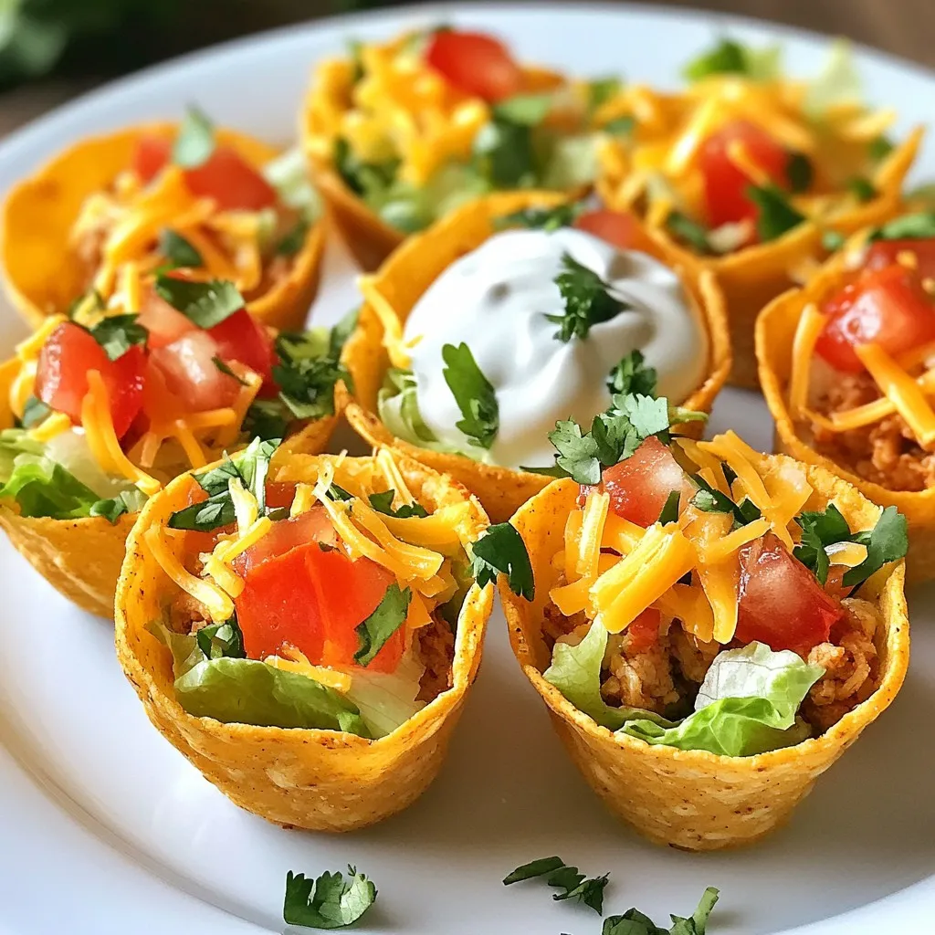 - 1 pound ground chicken - 1 tablespoon olive oil - 1 small onion, finely chopped - 2 cloves garlic, minced - 1 teaspoon ground cumin - 1 teaspoon chili powder - Salt and pepper to taste - 12 small corn tortillas - 1 cup shredded cheddar cheese - 1 cup lettuce, shredded - 1 cup tomatoes, diced - ½ cup sour cream - Fresh cilantro, chopped, for garnish To create these mini baked chicken tacos, you need a mix of simple ingredients. Ground chicken provides the base. Olive oil, onion, and garlic add flavor. Cumin and chili powder bring warmth and spice. Corn tortillas form the taco shells, while cheese, lettuce, tomatoes, and sour cream add freshness and creaminess. - Avocado, sliced - Jalapeños, sliced - Black beans, rinsed and drained - Salsa or hot sauce for serving Feel free to customize your mini tacos! Adding avocado makes them creamy. Sliced jalapeños add heat. Black beans boost protein and fiber. You can also serve with salsa or hot sauce for extra flavor. Each mini baked chicken taco is about 200 calories. This includes healthy protein and good fats. The tacos also provide important vitamins from the veggies. Adjust ingredients for a healthier version. Use leaner meat or skip the cheese if desired. Enjoy these tasty tacos as a balanced meal! {{ingredient_image_2}} Start by gathering your ingredients. You will need: - 1 pound ground chicken - 1 tablespoon olive oil - 1 small onion, finely chopped - 2 cloves garlic, minced - 1 teaspoon ground cumin - 1 teaspoon chili powder - Salt and pepper to taste - 12 small corn tortillas - 1 cup shredded cheddar cheese - 1 cup lettuce, shredded - 1 cup tomatoes, diced - ½ cup sour cream - Fresh cilantro, chopped, for garnish Make sure to measure everything out. This will help you stay organized. Heat a large skillet on medium heat. Add the olive oil and let it shimmer. Next, add the chopped onion and minced garlic. Sauté them for 3-4 minutes. The onion should become soft and fragrant. Now, add the ground chicken. Use a spatula to break it up. Cook for 5-7 minutes until it turns brown and no longer pink. Then, mix in cumin, chili powder, salt, and pepper. Stir well to coat the chicken evenly. Remove the skillet from heat and let it cool a bit. To soften the corn tortillas, wrap them in a damp paper towel. Microwave them for about 30 seconds. This makes them soft and easy to work with. Next, lightly grease a muffin tin. Take one tortilla and press it gently into a muffin cup. This forms the taco shell shape. Repeat this with all the tortillas. Now, spoon the chicken mixture into each tortilla cup. Fill them generously. Top each one with shredded cheddar cheese for that melty goodness. Place the muffin tin in a preheated oven set to 375°F (190°C). Bake for 15-20 minutes. The tortillas should become crispy, and the cheese should melt and bubble. Once baked, remove the taco cups from the oven. Let them cool for a few minutes. Carefully lift each taco out of the muffin tin. Use a fork or your fingers to prevent breakage. Serve the warm taco cups with shredded lettuce, diced tomatoes, sour cream, and chopped cilantro. Enjoy this fun and tasty treat! For mini baked chicken tacos, small corn tortillas are the best choice. They hold their shape well and add a nice crunch. Look for fresh tortillas at your local store or try making them at home. Fresh, soft tortillas will give you a great base. If they are too thick, they may not crisp up nicely. To prevent soggy taco cups, make sure to bake them long enough. A crispy shell holds the filling better. Use a damp paper towel to warm the tortillas before shaping them. This helps them stay pliable without absorbing too much moisture. Also, let the taco cups cool for a few minutes before serving. This keeps them crisp. Baking mini tacos at 375°F for 15-20 minutes is key. Check them at 15 minutes to see if they are golden. Every oven heats a bit differently, so keep an eye on them. You want the cheese to be melted and bubbly, but not burnt. If they need more time, add a few minutes. This ensures a perfect bake every time. Pro Tips Fresh Ingredients: Always use fresh vegetables and herbs for the best flavor and texture in your tacos. Customize Your Fillings: Feel free to mix in other proteins or vegetables to suit your taste. Black beans or corn can add extra flavor and nutrition. Cheese Choices: Experiment with different types of cheese, such as Monterey Jack or pepper jack, for added flavor and spice. Make Ahead: Prepare the chicken filling in advance and store it in the fridge for up to 2 days. Assemble and bake when ready to serve. {{image_4}} To add heat, mix in jalapeños or hot sauce. You can also use spicy taco seasoning. This gives your chicken a kick that many will enjoy. Try adding diced serrano peppers to the filling. The extra spice brings a new flavor to your tacos. Adjust the spice level to fit your taste. Keep in mind, you can always add more heat, but it’s hard to take it away. Swap the chicken for black beans or lentils for a vegetarian option. Use the same spices to keep the flavor strong. Add corn, bell peppers, or zucchini for extra texture. These tasty veggies make great filling and keep the dish colorful. You can also use cheese made from plants if you want a dairy-free version. Everyone can enjoy these tacos! Toppings can make your tacos shine. Consider using fresh avocado or guacamole for creaminess. You can also add pickled onions for a tangy bite. Salsa adds freshness and flavor, while fresh lime juice brightens everything. Don't forget about the classic toppings, like sour cream and cilantro. Feel free to mix and match to find your favorite combo! To store your leftover taco cups, let them cool first. Place them in an airtight container. They will last for about 3 days in the fridge. If you want them to last longer, freezing is a great option. When you're ready to enjoy your leftover taco cups, preheat your oven to 350°F (175°C). Place the taco cups on a baking sheet. Heat them for about 10-15 minutes. This will make them warm and crispy again. You can also microwave them for about 1-2 minutes, but they may lose some crunch. To freeze the taco cups, wrap each one in plastic wrap. Then, place them in a freezer-safe bag or container. They can be frozen for up to 3 months. When you’re ready to eat them, thaw them in the fridge overnight before reheating. This keeps them tasty and fresh! Yes, you can use other meats. Ground turkey or beef works well. You can even try shredded chicken. Just make sure to cook it fully. Each option gives a unique flavor. To make mini baked chicken tacos gluten-free, use corn tortillas. They are naturally gluten-free. Always check the label to be sure. Also, avoid any sauces that contain gluten. These tacos pair well with rice or beans. A fresh salad or guacamole adds nice flavor too. You can also serve with chips and salsa for a crunchy treat. Yes, you can prepare the filling ahead of time. Just store it in the fridge. It stays good for up to three days. When ready, simply fill the taco cups and bake. This blog post covered all you need to make tasty mini baked chicken tacos. We looked at key and optional ingredients, plus the nutrition facts. The step-by-step guide helped you prepare everything right. Tips helped ensure your taco cups stay crisp. Variations showed you can try different flavors. Lastly, we discussed storage and reheating to keep them fresh. Now, you can create these fun tacos at home with ease. Enjoy making them and share with friends!