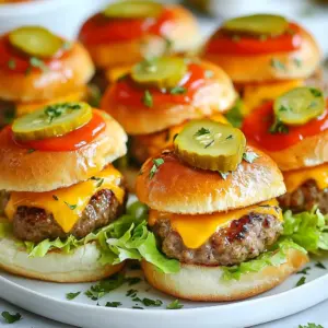 To make tasty cheeseburger sliders, you need simple, fresh ingredients. Here&rsquo;s what you&rsquo;ll need: - 1 lb ground beef (use 80/20 blend for juiciness) - 1 teaspoon garlic powder - 1 teaspoon onion powder - Salt and black pepper, to taste - 6 slider buns - 6 slices of sharp cheddar cheese - 1/2 cup mayonnaise - 1/4 cup ketchup - 1/4 cup yellow mustard - 1 cup shredded iceberg lettuce - 1 medium tomato, sliced thin - Dill pickle slices, for garnishing You can get creative with toppings and sauces. Here are some ideas: - Crispy bacon strips - Sliced jalape&ntilde;os for heat - Avocado or guacamole - BBQ sauce for a sweet twist - Saut&eacute;ed onions or mushrooms Pair your sliders with drinks that enhance their taste. Some tasty choices include: - Classic soda or root beer - Iced tea with lemon - A light lager or pale ale - Sparkling water with lime - Lemonade for a refreshing option {{ingredient_image_2}} To start, gather your ingredients. You need ground beef, garlic powder, onion powder, salt, and black pepper. In a bowl, mix the ground beef with the garlic and onion powder, salt, and pepper. Use your hands but don&rsquo;t overwork the meat. Shape the mixture into six equal patties. Make a small dent in the middle of each patty with your thumb. This helps them cook evenly. Preheat your grill or skillet to medium-high heat. You want it hot before adding the patties. Place the patties on the grill or skillet. Cook them for about 3-4 minutes on each side. If you like your burger medium-rare, this timing works well. In the last minute, add a slice of cheddar cheese on top of each patty. Let it melt while finishing cooking. While the patties cook, slice the slider buns in half. Toast them lightly on the grill or skillet until golden brown. This adds flavor and makes them sturdy. In a bowl, mix mayonnaise, ketchup, and mustard for a tasty sauce. Spread this sauce on the bottom half of each bun. Place a cheeseburger patty on top, then add lettuce, a slice of tomato, and dill pickles. Top each slider with the other half of the bun. Enjoy your sliders with fries or a salad! To get a great burger texture, use ground beef with a fat content of 80/20. This blend keeps your sliders juicy and tasty. When mixing the meat, add garlic powder, onion powder, salt, and black pepper. Use your hands gently to combine. Overworking the meat makes it tough. Shape each portion into a patty, and press a small dent in the center. This helps keep the burgers flat as they cook. Customize your sliders to match your taste. You can add spices like smoked paprika or cayenne for heat. Try different cheeses, like pepper jack or gouda, for a twist. Top them with unique ingredients, such as avocado, crispy bacon, or saut&eacute;ed mushrooms. The sauce can change too. Mix mayo, ketchup, and mustard, or use BBQ sauce for a zing. The options are endless! Grilling gives your sliders a smoky flavor. Preheat your grill to medium-high heat. Cook the patties for 3-4 minutes on each side. Add cheese during the last minute to melt it perfectly. If you use a skillet, make sure it&rsquo;s hot before adding the patties. Both methods work well, but grilling adds a special taste. Remember to toast the buns lightly for the best texture. Pro Tips Use Quality Beef: Choosing an 80/20 blend of ground beef ensures your sliders are juicy and flavorful. Don't Overwork the Meat: When mixing your beef with seasonings, handle it gently to maintain tenderness in your patties. Toast the Buns: Lightly toasting the slider buns adds flavor and prevents them from getting soggy once assembled. Customize Your Toppings: Feel free to experiment with different cheeses and toppings to personalize your sliders to your taste. {{image_4}} If you want a meat-free option, try using black beans or chickpeas. Mash them well and mix in spices like cumin and paprika. You can also use store-bought veggie patties. For a vegan choice, skip the cheese and use vegan mayo. You can add sliced avocado for creaminess. Want to spice things up? Try a BBQ slider! Add BBQ sauce to the beef mixture for a smoky taste. You could also mix in some diced jalape&ntilde;os for heat. For a gourmet twist, try goat cheese with caramelized onions. This adds a rich, sweet flavor to your sliders. You can make sliders smaller for parties or larger for a meal. For mini sliders, divide the beef into smaller patties. They cook faster and are perfect for appetizers. If you want big sliders, use larger buns and make larger patties. This way, everyone gets a hearty bite! To keep your leftover sliders fresh, wrap them tightly in plastic wrap or foil. You can also place them in an airtight container. Store them in the fridge for up to three days. This helps maintain their taste and texture. If you want to save them longer, freeze the sliders. Just make sure to freeze them without any toppings. They will last for about three months in the freezer. To reheat your sliders, the oven works best. Preheat your oven to 350&deg;F (175&deg;C). Place the sliders on a baking sheet. Cover them with foil to keep them moist. Heat for about 10-15 minutes until warm. If you prefer the microwave, use it for a quick option. Just pop one slider in for about 30 seconds. But remember, the microwave can make the buns soggy. To avoid soggy sliders, follow a few tips. First, toast the buns lightly before adding the fillings. This adds a nice crunch. Use a thin layer of sauce so it does not soak in too much. You can also pat the lettuce dry before adding it. Lastly, keep the toppings separate until you serve the sliders. This keeps everything fresh and tasty! Yes, you can use ground turkey or chicken. These options are leaner than beef. They may dry out if cooked too long. To keep them moist, add a bit of olive oil. Use the same spices to keep the flavor strong. The best cheese is sharp cheddar. It melts well and adds great flavor. You can also try American cheese for a classic taste. Swiss cheese provides a nice, nutty flavor too. You can prepare the patties ahead of time. Shape them and store them in the fridge. Cook them just before serving to keep them fresh. You can also toast the buns early. Store them in an airtight container until ready to use. Yes, many stores sell gluten-free slider buns. Look for ones made from rice or almond flour. You can also use lettuce wraps as a fun, low-carb alternative. Cheeseburger sliders are fun and easy to make. You learned about the main ingredients, optional toppings, and drink pairings. I shared tips on cooking methods and how to assemble them perfectly. You can even customize the sliders to fit your taste. If you have leftovers, I explained how to store and reheat them. Remember, these tasty bites work for any event. Now, go make your sliders and enjoy every bite!