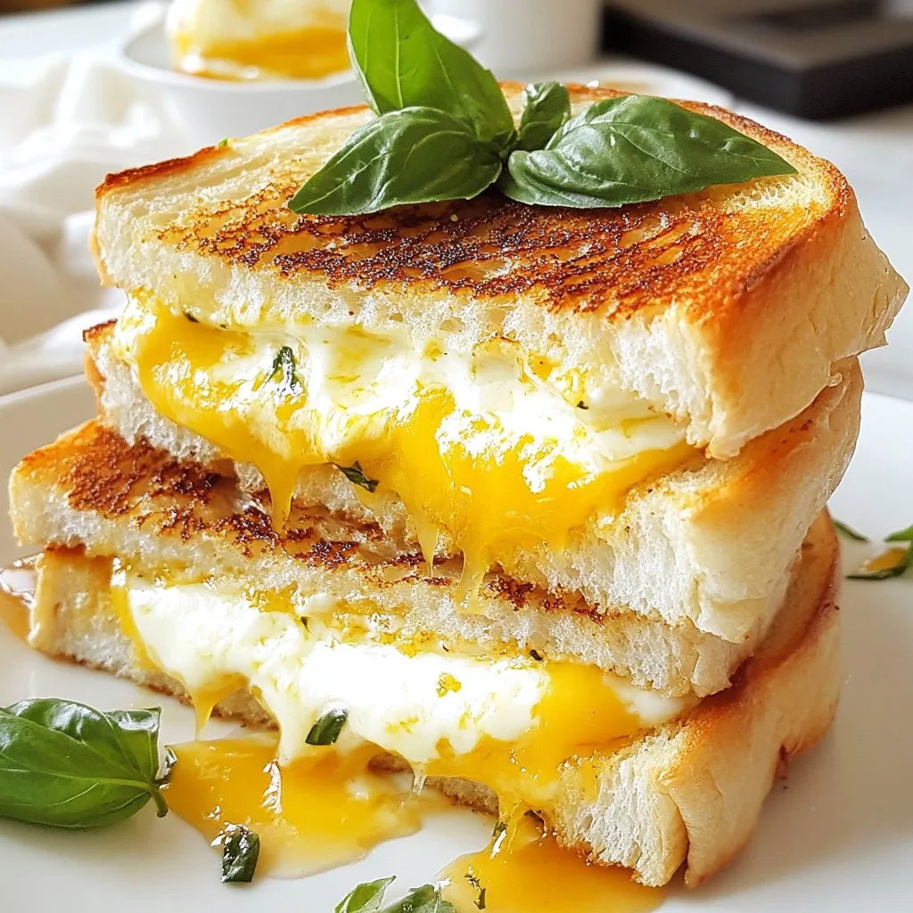 To make this tasty treat, you will need these ingredients: - 6 Hawaiian rolls, halved - 1 cup sharp cheddar cheese, freshly shredded - 1/2 cup mozzarella cheese, freshly shredded - 1/4 cup cream cheese, softened to room temperature - 2 tablespoons unsalted butter, softened - 2 tablespoons fresh basil, finely chopped - 1 tablespoon honey - Salt and freshly ground black pepper, to taste Choosing the right ingredients is key to a great Hawaiian Roll Grilled Cheese. Here are some tips: - Hawaiian rolls: Pick soft, sweet rolls. They should feel fresh and smell sweet. - Cheese: Always use fresh cheese. Pre-shredded cheese lacks flavor and texture. - Basil: Look for bright green leaves. Avoid any that are wilted or brown. - Butter: Use unsalted butter for better control over the salt taste. Want to take your grilled cheese up a notch? Here are some fun ideas: - Tomatoes: Sliced fresh tomatoes add sweetness and moisture. - Avocado: Creamy avocado gives a rich taste. - Bacon: Crispy bacon adds a savory crunch. - Spices: A pinch of red pepper flakes can add a spicy kick. - Jalapeños: For heat, fresh or pickled jalapeños do the trick. These suggestions let you personalize your sandwich to fit your tastes! {{ingredient_image_2}} 1. Start by mixing the cheeses. In a bowl, combine the sharp cheddar and mozzarella. Add the cream cheese. Mix until it's smooth and creamy. 2. Now, add the chopped basil and honey. Stir well to spread it evenly. Season with salt and pepper to taste. 3. Take the Hawaiian rolls and butter the cut sides. Make sure to cover them well for great flavor. 4. Heat a skillet on medium heat. Place the bottom halves of the rolls in the skillet, cut side up. 5. Spoon the cheese mixture onto each bottom half. Spread it evenly. Add the top halves to make sandwiches. 6. Grill the sandwiches for 3-4 minutes. Press down lightly with a spatula. Watch for the bottoms to turn golden brown. 7. Flip each sandwich carefully. Grill the other side for another 3-4 minutes. Look for a golden brown color and melted cheese. 8. Take the sandwiches out of the skillet. Slice them diagonally for a nice look. Serve warm and enjoy! - Step 1: Bowl with mixed cheeses. - Step 2: Cheese mixture with basil and honey. - Step 3: Buttered Hawaiian rolls. - Step 4: Rolls in the skillet cut side up. - Step 5: Cheese mixture on the rolls. - Step 6: Sandwiches grilling in the skillet. - Step 7: Flipping sandwiches with a spatula. - Step 8: Sliced sandwiches served on a plate. - Mixing cheeses: About 5 minutes. - Buttering rolls: 2 minutes. - Grilling first side: 3-4 minutes. - Flipping and grilling second side: 3-4 minutes. - Total cooking time: About 20 minutes for all steps. To get the best melt in your Hawaiian Roll Grilled Cheese, choose fresh cheese. I like using sharp cheddar and mozzarella together. They melt well and add great flavor. Shred the cheese yourself for better results. Pre-shredded cheese often has additives that stop it from melting nicely. Make sure the cheese mix is creamy. Adding cream cheese helps with that. Mix it well so every bite has that gooey goodness. Don't forget to season it! A pinch of salt and pepper can make a big difference. Use softened butter on the cut sides of your rolls. This step is key for a golden, crispy crust. Spread it evenly so every bite is tasty. Heat your skillet on medium. If it’s too hot, the rolls will burn before the cheese melts. When grilling, press down lightly with your spatula. This helps the cheese melt into the roll. Keep an eye on the color. You want a nice golden brown. Flip them carefully to avoid spilling the cheesy goodness. One common mistake is using too much heat. High heat can burn the outsides while leaving the cheese cold. Always start with medium heat. Another mistake is not mixing the cheese well. If it’s not mixed, some bites will have no cheese. Don’t rush the grilling time. Each side needs about 3-4 minutes. If you cut into them too soon, the cheese might not be fully melted. Lastly, avoid using stale rolls. Fresh Hawaiian rolls make a big difference in taste and texture. Pro Tips Use Fresh Ingredients: Always opt for freshly shredded cheese rather than pre-packaged options for a creamier texture and better flavor. Grill at the Right Temperature: Keep your skillet at medium heat to avoid burning the bread while ensuring the cheese melts perfectly. Experiment with Cheese: Feel free to mix in different types of cheese like gouda or pepper jack to add unique flavors to your grilled cheese delight. Perfect Your Slicing: Cut the sandwiches diagonally for an appealing presentation and easier handling when serving. {{image_4}} You can mix different cheeses to change the taste. Try gouda for a smoky flavor. Provolone adds a nice melt. Monterey Jack brings a creamy touch. Use your favorite cheese combo. This will keep each bite exciting and fresh. Adding extras can make your grilled cheese special. Try slices of fresh tomato for brightness. Avocado gives a creamy texture. Crispy bacon adds a savory crunch. A sprinkle of garlic powder can enhance the flavor. These add-ins will make your sandwich fun and tasty. Hawaiian rolls are sweet and soft, but other bread works too. Use sourdough for a tangy bite. Rye adds depth with a robust flavor. Whole grain brings a nutty twist. Picking different bread can totally change your meal. Each type brings its own charm to your grilled cheese. If you have leftover Hawaiian Roll Grilled Cheese, store it right. First, let the sandwiches cool to room temperature. Then, wrap each sandwich in plastic wrap or aluminum foil. This keeps them fresh and prevents them from getting soggy. You can also place the sandwiches in an airtight container. Make sure to seal the container tightly to avoid air exposure. To enjoy your leftovers, reheating is key. Use a skillet for the best results. Heat it on medium-low. Place the sandwich in the skillet and cover it with a lid. This traps heat and helps melt the cheese. Cook for about 3-4 minutes on each side. Check for a golden brown crust. If you want a quicker option, use a microwave. Place the sandwich on a microwave-safe plate. Heat it for about 30 seconds. Keep in mind, the texture might be softer than when grilled. When stored properly, Hawaiian Roll Grilled Cheese lasts up to 3 days in the fridge. If you want to keep them longer, freezing is a great choice. Wrap each sandwich in plastic wrap and then in foil. This adds extra protection. You can freeze them for up to 2 months. To reheat, let them thaw in the fridge overnight. Then, follow the reheating tips above for the best taste and texture. To make your Hawaiian Roll Grilled Cheese cheesier, you can try a few tricks. First, add more cheese. Use a mix of sharp cheddar and mozzarella to get that meltiness. You can also sprinkle some grated Parmesan on top before grilling. This adds a nice crust and extra flavor. Lastly, use cream cheese in your mix. It gives a creamy texture and helps everything stick together. Yes, you can use different types of rolls. Any soft roll will work well. You can try brioche, potato rolls, or even sourdough. Each roll will give a unique flavor and texture. Just make sure they are soft enough to grill well. If you pick a roll with a strong taste, like sourdough, it might change the overall flavor of your sandwich. Hawaiian Roll Grilled Cheese pairs well with many side dishes. Here are some tasty options: - Tomato soup for a classic combo. - A simple green salad with vinaigrette. - Sweet potato fries for a fun twist. - Chips for a crunchy contrast. - Fresh fruit salad for a light touch. These sides will enhance your meal and make it more enjoyable! In this blog post, we explored how to make a fantastic Hawaiian Roll Grilled Cheese. We covered the best ingredients, cooking steps, and helpful tips for melty cheese and perfect rolls. Remember, adding fun toppings can make a big difference. Don't forget about storage tips to keep leftovers fresh. Experimenting with variations, like different cheeses and breads, adds more fun. By following these steps, you can enjoy a delicious, easy meal anytime. Happy grilling!