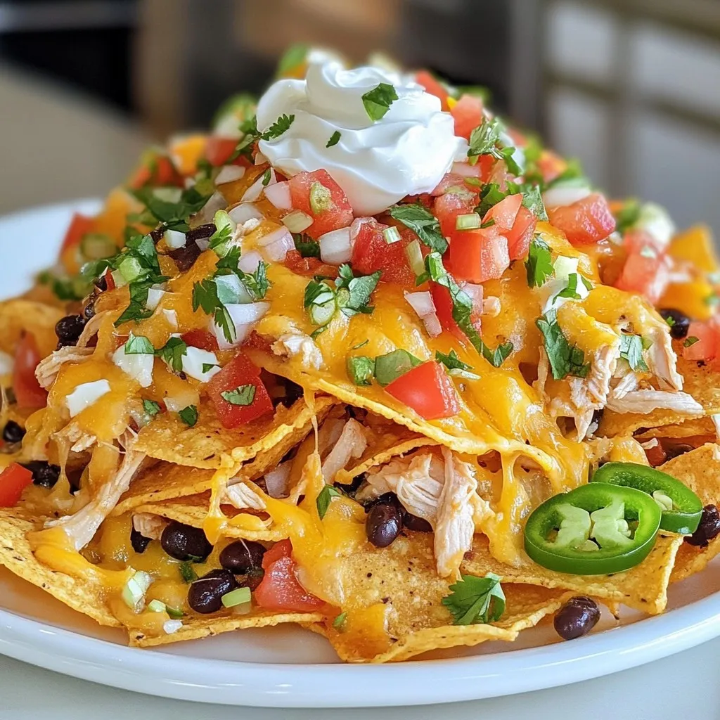 Making Rotisserie Chicken Nachos is simple. You only need a few key items to create this tasty dish. Here’s what you will need: - 2 cups rotisserie chicken, shredded - 1 bag tortilla chips (approximately 10-12 oz) - 1 cup shredded cheddar cheese - 1 cup black beans, drained and rinsed - 1 medium tomato, diced finely - 1 jalapeño, thinly sliced (optional) - 1/2 cup sour cream - 1/3 cup fresh cilantro, chopped - 1/4 cup green onions, sliced - 1/4 cup pickled jalapeños (optional) - 1 ripe avocado, diced - 1 tablespoon lime juice - Salt and pepper to taste These ingredients blend well together. The rotisserie chicken adds flavor and protein. The tortilla chips provide crunch. Black beans give extra texture. Fresh vegetables like tomatoes and avocados add freshness. Toppings like sour cream and cilantro enhance the taste. Feel free to adjust ingredients based on your preferences. Enjoy the mix of flavors in every bite! {{ingredient_image_2}} 1. Preheat your oven to 375°F (190°C). This step gets your oven hot and ready. 2. In a large bowl, mix the shredded rotisserie chicken with 1 tablespoon of lime juice. Add salt and pepper to taste. This adds flavor and brightness. 3. On a large baking sheet, spread out the tortilla chips in a single layer. Make sure there are no gaps. This helps the toppings stay put. 4. Evenly distribute the seasoned chicken over the chips. Cover as many chips as you can with chicken. 5. Sprinkle the drained black beans on top of the chicken. This adds texture and protein. 6. Next, add the diced tomatoes, jalapeño slices, and diced avocado. Arrange them nicely for a colorful look. 7. Finally, sprinkle the shredded cheddar cheese over everything. This is key for that melty, cheesy goodness. 1. Place the baking sheet in the preheated oven. Bake for about 10-15 minutes. Keep an eye on the cheese. 2. Look for cheese that is melted and bubbly with a slight golden hue. This means the nachos are ready. 3. Carefully take the nachos out of the oven. Let them cool for about a minute. This helps avoid burns when serving. 4. Top the nachos with dollops of sour cream. Add chopped cilantro, sliced green onions, and pickled jalapeños if you like extra heat. 5. Serve these nachos hot and cheesy for the best experience! Enjoy the burst of flavors and textures in every bite. To make your rotisserie chicken shine, try these seasoning ideas: - Cumin: Adds warmth and earthiness. - Paprika: Gives a slight smokiness. - Chili powder: Adds a nice kick. Mix these spices with lime juice for a vibrant boost! When it comes to cheese, you want melty goodness. Here are the best options: - Cheddar: Classic choice for that gooey texture. - Monterey Jack: Creamy and melts beautifully. - Pepper Jack: Adds spice and flavor. Presentation matters, even for nachos! Here are some serving suggestions: - Baking sheet: Serve right on the sheet for a fun vibe. - Large platter: Transfer for a more elegant look. To make your nachos pop, try these garnish ideas: - Extra cilantro: Adds fresh color and flavor. - Lime wedges: A bright touch that guests can squeeze on top. With these tips, your rotisserie chicken nachos will not only taste great but look amazing too! Pro Tips Use Fresh Ingredients: Opt for ripe avocados and fresh cilantro for the best flavor. Fresh ingredients enhance the overall taste and presentation of your nachos. Layering Technique: To prevent soggy chips, layer the toppings strategically. Start with cheese, then chicken, and finish with fresh toppings like tomatoes and cilantro. Customize Your Heat: Adjust the spiciness by varying the amount of jalapeños or adding hot sauce. This way, you can cater to different heat preferences. Serve Immediately: Nachos are best enjoyed fresh out of the oven. Serve them right away to keep the chips crispy and the cheese melty for the ultimate experience. {{image_4}} You can easily switch up the protein in your nachos. Instead of rotisserie chicken, try shredded beef or pulled pork. These meats add a new flavor and texture. For a lighter option, use shredded turkey. If you want a vegan or vegetarian version, replace the chicken with black beans or lentils. You can also use grilled veggies like peppers and zucchini. This keeps it hearty while being plant-based. Want some heat? Add diced jalapeños for a spicy kick. You can also sprinkle on some chili powder or cayenne pepper for an extra boost. For more fun toppings, consider fresh corn or olives. Pickled onions or a drizzle of hot sauce can also add flavor. Try different combinations to make your nachos unique! After enjoying your rotisserie chicken nachos, store any leftovers right away. You want to keep them fresh. First, let the nachos cool down to room temperature. Then, transfer them to an airtight container. This helps prevent sogginess. You can also wrap them tightly in plastic wrap. Storing them this way keeps them good for 2 to 3 days in the fridge. Just remember, the longer they sit, the softer the chips may get. When you're ready to enjoy your leftovers, reheating them properly is key. Preheat your oven to 350°F (175°C). Spread the nachos on a baking sheet in a single layer. This helps them heat evenly. Bake for about 10 minutes. This method keeps the chips crispy while melting the cheese once more. If you’re in a hurry, you can microwave them for 1-2 minutes. However, this may make the chips a bit chewy. For the best flavor and texture, the oven is your best bet. Enjoy your nacho goodness! Can I use store-bought nacho cheese? Yes, you can use store-bought nacho cheese for a quick option. Just warm it up and drizzle it over your nachos after baking. It adds a creamy texture and a cheesy flavor that many love. How can I make these nachos spicy? To make your nachos spicy, add more jalapeños. You can use fresh or pickled ones. You may also mix in some diced green chilies or sprinkle chili powder over the chicken. For extra heat, try adding hot sauce or spicy cheese. What are the best sides to serve with nachos? Some great sides for nachos include guacamole, salsa, or a fresh salad. You can also serve with a bowl of refried beans for added protein. These sides will balance the flavors and make your meal more filling. You have learned how to make tasty nachos using simple ingredients and steps. We covered everything from choosing the right toppings to baking tips. Remember to experiment with flavors and variations to make the dish your own. Proper storage and reheating keep your leftovers delicious. With this knowledge, you can serve great nachos anytime. Enjoy the fun of creating and sharing this snack!