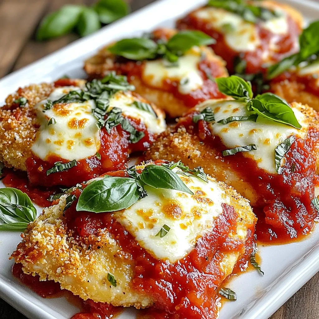 For this dish, you will need the best ingredients to get great flavor. Here&rsquo;s a list of what you need: - 4 boneless, skinless chicken breasts - 1 cup Italian-seasoned breadcrumbs - 1/2 cup freshly grated Parmesan cheese - 2 cups marinara sauce (homemade or store-bought) - 2 cups shredded mozzarella cheese - 2 large eggs, beaten - 1 teaspoon garlic powder - 1 teaspoon dried oregano - Salt and freshly ground black pepper, to taste - Fresh basil leaves, for garnish These items help create layers of flavor. The chicken serves as the main protein, while the cheeses add richness. The breadcrumbs give a nice crunch. You might not have some ingredients on hand. Here are some easy swaps: - Use chicken thighs instead of breasts for more flavor. - Swap the marinara sauce for any tomato sauce you like. - If you lack Italian-seasoned breadcrumbs, mix plain breadcrumbs with Italian herbs. - You can use nutritional yeast instead of Parmesan for a dairy-free option. These substitutes keep the dish tasty while making it easier for you. Want to make your dish even better? Consider adding these ingredients: - Red pepper flakes for spice - Fresh herbs like parsley or thyme for added freshness - A splash of lemon juice for brightness - Sliced mushrooms or spinach for extra veggies These optional ingredients can elevate your meal and cater to your taste. Feel free to get creative! {{ingredient_image_2}} First, set your oven to 375&deg;F (190&deg;C). This temperature helps the chicken cook evenly. While the oven heats, take a large baking dish. Lightly grease it with cooking spray or olive oil. This step keeps the chicken from sticking. Next, grab your chicken breasts. Place them on a clean cutting board. Season both sides with salt and freshly ground black pepper. Add garlic powder and dried oregano for extra flavor. Make sure each piece gets an even coating. Now it's time to prepare your dredging station. In a shallow bowl, beat the two large eggs until smooth. In another bowl, mix the Italian-seasoned breadcrumbs and grated Parmesan cheese. Combine them well for a uniform flavor. Take each chicken breast. Dip it into the egg mixture first. Let any extra egg drip off. Then, coat the chicken in the breadcrumb mix. Press gently to help the crumbs stick. Arrange the breaded chicken in your greased baking dish. Make sure they do not touch. This helps them cook evenly. Bake the chicken for 25-30 minutes. Check that the chicken reaches an internal temperature of 165&deg;F (74&deg;C). The coating should be golden brown and crispy. Carefully take the baking dish out of the oven. Spoon a generous amount of marinara sauce over each chicken breast. After that, sprinkle shredded mozzarella cheese on top. Return the dish to the oven for an extra 10-12 minutes. The cheese should be melted, bubbly, and lightly browned. Let the chicken rest for a few minutes before serving. Garnish with fresh basil leaves for added color and flavor. To get that perfect crispy coating, use Italian-seasoned breadcrumbs. These add flavor and texture. Mix them with freshly grated Parmesan cheese for extra crunch. Make sure to press the breadcrumbs onto the chicken. This helps the coating stick well during baking. Bake the chicken without overcrowding the pan. This allows hot air to circulate and crisp it up evenly. For juicy chicken, do not overbake it. Bake at 375&deg;F (190&deg;C) for 25-30 minutes. Use a meat thermometer to check that the inside reaches 165&deg;F (74&deg;C). Season the chicken breasts well with salt, pepper, garlic powder, and oregano. This adds flavor and keeps the moisture locked in. Let the chicken rest after baking. This helps retain juices before serving. Presentation matters! Serve the chicken on a large platter. Drizzle extra marinara sauce on top for color. Add a sprinkle of freshly grated Parmesan cheese. Finish with fresh basil leaves for a pop of green. This makes the dish look appealing and inviting. The vibrant colors will make your meal feel special and delicious. Pro Tips Choose the Right Chicken: For the juiciest results, opt for free-range or organic chicken breasts. They tend to have better flavor and texture. Make It Crispy: For an extra crispy coating, consider double-dipping the chicken in the egg and breadcrumb mixture. Homemade Marinara: If time permits, try making your own marinara sauce for a fresher flavor that elevates the dish. Rest Before Serving: Allow the chicken to rest for a few minutes after baking. This helps the juices redistribute, keeping the chicken moist. {{image_4}} You can easily make a gluten-free version of this dish. Use gluten-free breadcrumbs instead of regular ones. You may also want to check your marinara sauce for gluten. Most store-bought versions are safe, but it's good to read the label. This simple switch keeps the flavor while catering to those who need gluten-free meals. You don&rsquo;t have to stick to just mozzarella. Try mixing cheeses for a new twist! Provolone, fontina, or gouda can add unique flavors. You can even blend different cheeses for a richer taste. Just ensure you use the same amount so the dish cooks the same. If you want a vegetarian option, swap chicken for eggplant. Slice the eggplant into rounds and follow the same steps as the chicken. The eggplant needs to be salted first and let sit for about 30 minutes. This removes excess moisture and bitterness. Coat it with the same breadcrumbs and cheese for a tasty meal. Serve it hot with marinara sauce and enjoy! To keep leftover chicken parmesan fresh, let it cool first. Then, place it in an airtight container. You can store it in the fridge for up to three days. If you want to enjoy it later, consider freezing it. To reheat chicken parmesan, preheat your oven to 350&deg;F (175&deg;C). Place the chicken in a baking dish. Cover it with foil to keep it moist. Heat for about 20 minutes, or until it&rsquo;s warm and the cheese is melted. You can also use a microwave, but this may make the coating less crispy. For long-term storage, freeze the chicken parmesan in a freezer-safe container. Wrap each piece in plastic wrap before placing it in the container. It can last up to three months in the freezer. To enjoy, thaw it overnight in the fridge before reheating. This method helps keep the flavors intact and the chicken tender. Bake the chicken for 25-30 minutes at 375&deg;F (190&deg;C). Check that it reaches 165&deg;F (74&deg;C). The coating should turn golden and crisp. This ensures your chicken stays juicy and safe to eat. Yes, you can use frozen chicken breasts, but thaw them first. Thawing helps them cook evenly. You can place them in the fridge overnight. If you're short on time, use the microwave. Make sure they are fully thawed before seasoning. You can use pesto, Alfredo sauce, or even a homemade tomato sauce. Each sauce brings a unique flavor. Choose what you like best to match your taste. You can also mix sauces for a fun twist. To make it healthier, try using whole wheat breadcrumbs. You can also bake the chicken without cheese or use less cheese. Adding spinach or zucchini to the marinara sauce boosts nutrition. These small changes keep the flavor while reducing calories. Yes, you can prepare this dish ahead of time. Bread the chicken and store it in the fridge for up to 24 hours. You can also bake it, let it cool, and then store it. Just reheat it in the oven before serving for best results. Oven-baked chicken parmesan is easy and tasty. We covered key ingredients, simple steps, and helpful tips. You learned how to make it crispy and juicy, plus some fun variations. Remember, you can store and reheat leftovers easily. Feel free to experiment with flavors too. Enjoy the cooking process and share the dish with others. You might end up with a family favorite!