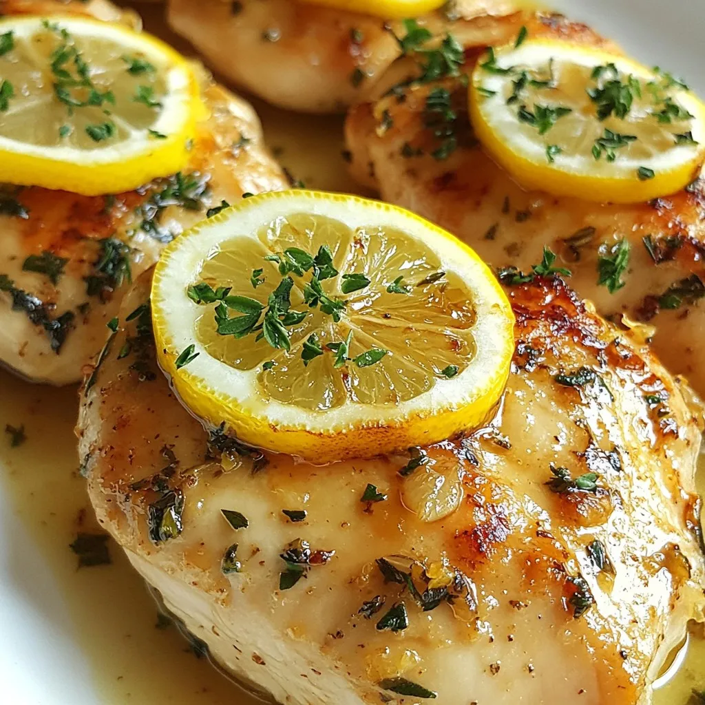 - 4 boneless, skinless chicken breasts - 2 large lemons (one for zesting and juicing, one sliced for topping) - 4 cloves of garlic, minced finely - 3 tablespoons of extra virgin olive oil - 2 teaspoons of fresh thyme leaves (or 1 teaspoon if using dried thyme) - 2 teaspoons of fresh rosemary, chopped (or 1 teaspoon if using dried rosemary) - 1 teaspoon of kosher salt - ½ teaspoon of freshly ground black pepper - Fresh parsley, finely chopped (for garnish) Each ingredient plays a key role in this dish. The chicken breasts provide the main protein. Lemons add brightness and zest. Garlic gives a lovely depth of flavor. Olive oil keeps the chicken moist and adds richness. Thyme and rosemary bring fresh, herbal notes to the meal. Salt enhances all other flavors, while pepper adds a bit of heat. Finally, parsley adds color and freshness to the plate. If you don't have boneless chicken, you can use thighs. They will stay juicy. For lemons, limes are a good substitute. Garlic powder can replace fresh garlic in a pinch. If you lack fresh herbs, use dried ones, but use less. For olive oil, any cooking oil works, though olive oil is best for flavor. {{ingredient_image_2}} Start by preheating your oven to 400°F (200°C). This helps the chicken cook evenly. Next, take one lemon and zest it. Then, juice that lemon into a bowl. Add minced garlic, olive oil, thyme, rosemary, salt, and pepper. Whisk these together to make a flavorful marinade. Now, place the chicken breasts in a baking dish. Make sure they lay flat and do not touch. Pour the marinade over the chicken. Use a spoon to coat each piece well. If you have time, let the chicken marinate for at least 15 minutes. For more flavor, refrigerate it for up to 2 hours. After marinating, cut the second lemon into slices. Place these slices on top of the chicken. They will add a nice citrus flavor as the chicken bakes. Now, it’s time to bake. Put the baking dish in the preheated oven. Bake the chicken for 25 to 30 minutes. The chicken is ready when its internal temperature hits 165°F (75°C). Use a meat thermometer for accuracy. Make sure the juices run clear when you pierce the chicken. Once baked, take the chicken out of the oven. Let it rest for about 5 minutes. This resting allows the juices to settle, making the chicken tender. After resting, sprinkle fresh parsley over the chicken. This adds color and a fresh taste. For serving, present the chicken on a large platter. Add extra lemon slices and a sprig of parsley for decoration. Pair the dish with steamed vegetables or a light salad for a full meal. Enjoy your flavorful lemon baked chicken! To get the best taste, marinate the chicken well. Mix the lemon zest, juice, garlic, olive oil, thyme, rosemary, salt, and pepper. After you coat the chicken, let it sit for at least 15 minutes. If you can, refrigerate it for up to 2 hours. This helps the flavors soak in deeply. Ovens can vary, so check your chicken while it cooks. Bake the chicken for 25 to 30 minutes at 400°F (200°C). Use a meat thermometer to ensure it reaches 165°F (75°C). If the chicken is not done, bake for a few more minutes. This way, you get juicy chicken every time. To keep the chicken moist, let it rest after baking. This resting time, about 5 minutes, helps the juices settle. Also, avoid overcooking. Dry chicken can ruin the dish. If you follow these tips, your lemon baked chicken will be tender and juicy, full of flavor. Pro Tips Marinate Longer for Flavor: If time allows, marinate the chicken in the refrigerator for up to 2 hours. This will enhance the flavor and tenderness of the meat. Use Fresh Herbs: Fresh herbs like thyme and rosemary provide a more vibrant flavor compared to dried. If possible, opt for fresh to elevate the dish. Check Doneness with a Thermometer: Always use a meat thermometer to ensure the chicken reaches an internal temperature of 165°F (75°C) for safe consumption. Rest Before Serving: Allow the chicken to rest for at least 5 minutes after baking. This helps the juices redistribute, making for a juicier bite. {{image_4}} You can change the flavor of your lemon baked chicken by using different herbs. Try adding fresh basil for a sweet taste. Oregano adds a Mediterranean touch. You can also use dill for a bright flavor that pairs well with lemon. The key is to use fresh herbs when possible. They bring a vibrant taste that dried herbs cannot match. Adding vegetables to your lemon baked chicken makes the dish even better. You can place sliced bell peppers, zucchini, or carrots in the baking dish. They soak up the lemony goodness while cooking. This adds color and nutrients, making your meal complete. Plus, it saves you time on side dishes. Just bake everything together for a one-pan wonder. If you enjoy some heat, try making spicy lemon baked chicken. Add red pepper flakes to the marinade for a kick. You can also use hot sauce or minced jalapeños, depending on your spice level. This variation gives a fun twist to the classic recipe. The spicy flavors balance nicely with the lemon, creating a bold dish. After enjoying your Lemon Baked Chicken, store leftovers in an airtight container. Allow the chicken to cool to room temperature first. This helps keep moisture locked in. Refrigerate the chicken within two hours of cooking for best results. Properly stored, it can last for 3 to 4 days. When you are ready to eat the leftovers, reheat them in the oven for the best taste. Preheat your oven to 350°F (175°C). Place the chicken on a baking sheet, cover it with foil, and heat for about 15 to 20 minutes. This keeps the chicken juicy and avoids drying it out. You can also use a microwave, but the oven gives better results. If you want to save the chicken for later, freezing is a great option. Wrap each piece tightly in plastic wrap and then place them in a freezer bag. Be sure to remove as much air as possible before sealing. The chicken will stay fresh for up to 3 months in the freezer. When you're ready to enjoy it again, thaw it in the fridge overnight before reheating. You can serve Lemon Baked Chicken with many sides. Here are some great options: - Steamed vegetables like broccoli, carrots, or green beans. - A light salad with mixed greens, cherry tomatoes, and a lemon vinaigrette. - Creamy mashed potatoes or garlic roasted potatoes for a comforting touch. - Quinoa or rice to soak up the delicious juices. These sides add color and flavor to your meal, making it special. Yes, you can use bone-in chicken. Just adjust the cooking time. Bone-in chicken often takes longer to cook than boneless chicken. Aim for an internal temperature of 165°F (75°C) to ensure it's safe to eat. Bake it for about 35 to 45 minutes, depending on the size. The skin adds flavor and keeps the chicken moist. To check if the chicken is done, use a meat thermometer. Insert it into the thickest part of the chicken. If it reads 165°F (75°C), it’s cooked. You can also cut into the chicken; the juices should run clear, not pink. Letting the chicken rest for five minutes helps keep it juicy and tender. Enjoy your meal! This article covered the key ingredients and their importance in making lemon baked chicken. I shared step-by-step instructions for perfect preparation, baking, and serving. We discussed tips for flavor and moisture, along with variations to suit your taste. Lastly, I explained how to store and reheat leftovers safely. Using these insights, you can cook a delicious meal that impresses. Enjoy creating your lemon baked chicken!