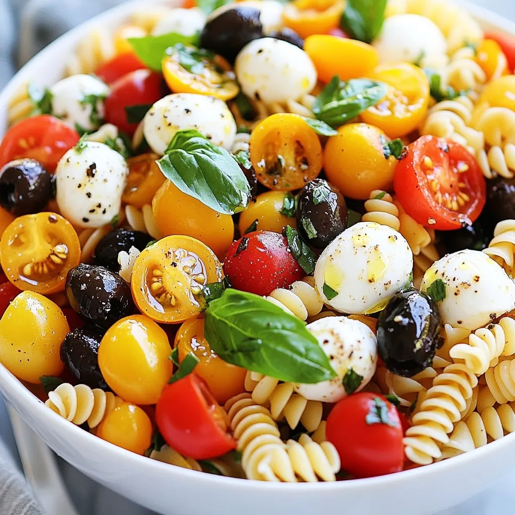For my Italian protein pasta salad, I use: - 8 oz whole wheat pasta - 1 cup cherry tomatoes, halved - 1 cup cooked chickpeas, rinsed and drained - 1/2 cup diced bell peppers - 1/2 cup mozzarella balls, halved - 1/4 cup black olives, sliced - 1/4 cup fresh basil, chopped - 3 tablespoons extra virgin olive oil - 2 tablespoons balsamic vinegar - 1 teaspoon garlic powder - Salt and pepper to taste Each ingredient adds flavor and texture, making the salad both energizing and tasty. You can stick with whole wheat pasta for fiber. If you want more protein, try protein-infused pasta. It cooks well and holds flavor nicely. You can even use gluten-free pasta if needed. Just ensure you follow the package instructions for cooking times. To boost protein, you might add grilled chicken breast. Dice it into small pieces and mix it in. Other great options are diced turkey or even firm tofu for a vegan twist. Each choice adds more protein while keeping the dish light and fresh. {{ingredient_image_2}} Start by boiling a large pot of salted water. Once the water bubbles, add 8 oz of whole wheat pasta. Cook it until it’s al dente, which usually takes about 8 to 10 minutes. After cooking, drain the pasta and rinse it under cold water. This stops the cooking process and cools the pasta down quickly. While the pasta cooks, chop your veggies. Take 1 cup of cherry tomatoes and cut them in half. Drain 1 cup of cooked chickpeas and add them to a big bowl. Next, dice 1/2 cup of bell peppers. You can use red, yellow, or green. Then, halve 1/2 cup of mozzarella balls and slice 1/4 cup of black olives. Finally, chop 1/4 cup of fresh basil. This mix creates a colorful and tasty base for your salad. In a small bowl, mix together 3 tablespoons of extra virgin olive oil and 2 tablespoons of balsamic vinegar. Add 1 teaspoon of garlic powder, salt, and fresh pepper. Whisk until the dressing blends well together. This will add a nice flavor to your salad. Now, gently add the cooled pasta to your bowl of veggies and chickpeas. Stir carefully to keep the pasta intact. Next, pour the dressing over this mix and toss everything gently. If you want more protein, fold in 1/2 cup of diced grilled chicken. Cover the salad and chill it in the fridge for at least 30 minutes. This helps the flavors come together nicely. You can serve it cold or at room temperature. Enjoy! To make great pasta, start with a large pot of salted water. Bring it to a boil. Add the whole wheat pasta and cook it until it's al dente. This means it should be firm but not hard. Check the package for cooking times. Once done, drain the pasta and rinse it with cold water. This stops the cooking and keeps it from becoming mushy. While the balsamic dressing is tasty, you can try other flavors. Lemon juice adds a fresh zing. You might use red wine vinegar for a stronger taste. Adding a teaspoon of Dijon mustard gives a nice kick. For creaminess, mix in a spoonful of Greek yogurt or sour cream. Don’t forget to taste the dressing before mixing it with your salad! Serving your salad nicely can make a big difference. Use a large bowl that shows off the colors. You can top it with extra basil leaves for a fresh look. A light drizzle of olive oil adds shine. If you want, sprinkle some grated parmesan cheese on top. This makes your Italian protein pasta salad look fancy and taste even better! Pro Tips Use Fresh Ingredients: Opt for the freshest vegetables and herbs to enhance the flavor and nutrition of your salad. Fresh produce makes a significant difference in taste! Customize Your Protein: Feel free to experiment with different proteins like grilled shrimp, tofu, or beans to suit your dietary preferences or to switch things up. Add Crunch: For extra texture, consider adding some toasted nuts or seeds such as pine nuts or sunflower seeds to the salad just before serving. Meal Prep Friendly: This salad keeps well in the fridge, making it an excellent option for meal prep. Just store it in an airtight container for up to 3 days. {{image_4}} You can easily make this salad vegetarian or vegan. Simply skip the mozzarella balls to keep it vegan. Add more chickpeas or a mix of nuts for extra protein. You can use a vegan cheese alternative if you want that creamy texture. Fresh veggies like spinach or arugula can add bright flavors, too. For a gluten-free version, swap the whole wheat pasta for gluten-free pasta. There are many types available, such as brown rice or quinoa pasta. These options provide a similar taste and texture while keeping it gluten-free. Just follow the package instructions to cook them properly. Use seasonal ingredients for a fresh twist. In spring, try adding peas or asparagus. In summer, consider zucchini or bell peppers for a colorful touch. In fall, roasted butternut squash adds warmth and flavor. Winter calls for hearty ingredients like kale or roasted Brussels sprouts. These swaps keep your salad exciting all year. To store your Italian protein pasta salad, use an airtight container. This keeps the salad fresh and prevents odors. Make sure to cool the salad before sealing it. If possible, keep the dressing separate until serving. This helps maintain the pasta's texture and flavor. When stored properly, your pasta salad can last about three to four days in the fridge. Check for any signs of spoilage before eating. If the salad looks or smells off, it's best to throw it away. You can enjoy this salad cold or at room temperature. If you prefer it warm, heat it gently in the microwave. Just warm it for 30 seconds, then stir. Avoid overheating, as it may change the taste and texture. Yes, you can make this pasta salad ahead of time. It tastes even better after sitting. The flavors blend well when chilled. I suggest making it a few hours or a day in advance. Just store it in the fridge. Remember to keep it covered for freshness. If you need a substitute for mozzarella balls, try feta cheese or cubed avocado. Both add a tasty twist. Feta gives a nice salty touch, while avocado adds creaminess. You can also use diced provolone or even vegan cheese for a dairy-free option. To boost the protein in this salad, consider adding grilled chicken or shrimp. You can also include more chickpeas or some edamame. Another great option is to use protein-infused pasta instead of regular pasta. This keeps it hearty and filling. Absolutely! Feel free to get creative with the dressing. A lemon vinaigrette or a yogurt-based dressing works well. You can also try a pesto for a bold flavor. Just make sure it complements the other ingredients. Yes, this salad is perfect for meal prep. It stores well and keeps its flavor. Pack it in airtight containers for easy lunches or snacks. Just remember to keep the dressing separate if you want it fresh. Enjoy it over a few days. This blog post covered how to create a tasty pasta salad. We talked about key ingredients, cooking steps, tips for great results, and variations. You can also store leftovers safely to enjoy later. Remember, this salad is easy to customize. You can swap ingredients to fit your needs. Now, you have all the tools to make a delicious, fresh salad for any occasion. Enjoy experimenting and sharing your creation!