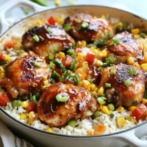 - 4 boneless, skinless chicken thighs - 1 cup long-grain white rice - 1 &frac12; cups chicken broth - &frac12; cup honey - &frac12; cup BBQ sauce - 1 tablespoon olive oil - 1 teaspoon garlic powder - 1 teaspoon onion powder - 1 teaspoon smoked paprika - &frac12; teaspoon salt - &frac14; teaspoon black pepper - 1 cup mixed bell peppers, diced (red, yellow, green) - &frac12; cup corn (frozen or canned) - 2 green onions, sliced (for garnish) Always choose fresh chicken thighs for the best flavor and texture. I like to use organic chicken when possible. Long-grain white rice works best here, as it cooks evenly. For honey, look for raw or local honey for a deeper flavor. Use your favorite BBQ sauce, but a quality brand can enhance the dish. Fresh bell peppers add color and crunch. Frozen corn is quick and easy, while fresh corn can add sweetness. If you can't find chicken thighs, you can use boneless chicken breasts. They will cook a bit faster, so watch them closely. For the rice, brown rice can be used, but you will need to adjust the cooking time and liquid. You can swap the honey for maple syrup for a different sweet note. If you don't have bell peppers, use any other veggies you like, such as zucchini or carrots. The dish will still be tasty! {{ingredient_image_2}} To start, gather your ingredients. This makes cooking smooth and fun. You will need: - 4 boneless, skinless chicken thighs - 1 cup long-grain white rice - 1 &frac12; cups chicken broth - &frac12; cup honey - &frac12; cup BBQ sauce - 1 tablespoon olive oil - 1 teaspoon garlic powder - 1 teaspoon onion powder - 1 teaspoon smoked paprika - &frac12; teaspoon salt - &frac14; teaspoon black pepper - 1 cup mixed bell peppers, diced - &frac12; cup corn - 2 green onions, sliced Make sure to wash and chop the bell peppers. This adds color and flavor to your dish. Next, heat the olive oil in a large skillet over medium-high heat. While the oil heats, season your chicken thighs. Use garlic powder, onion powder, smoked paprika, salt, and black pepper. Once the oil is shiny, place the chicken thighs in the skillet. Sear each side for 4-5 minutes. You want a nice golden-brown crust. After searing, remove the chicken and set it aside on a plate. In the same skillet, add the long-grain white rice. Pour in the chicken broth, honey, and BBQ sauce. Stir well to mix everything. Now, add the diced bell peppers and corn over the rice. This not only adds flavor but also makes the dish look bright. Next, return the seared chicken thighs to the skillet. Nestle them on top of the rice and vegetables. Bring the mixture to a gentle boil. Once it boils, reduce the heat to low and cover the skillet. Let it simmer for 20-25 minutes. This allows the rice to soak up the flavors and become tender. After the cooking time, remove the skillet from heat. Use a fork to fluff the rice gently. Mix in the chicken and vegetables. Garnish with sliced green onions for a fresh touch. Enjoy your meal! To get that nice golden-brown crust on your chicken, start with a hot pan. Heat olive oil over medium-high heat until it shimmers. While the oil heats, season your chicken thighs well. Use garlic powder, onion powder, smoked paprika, salt, and black pepper. This adds flavor. Place the chicken in the hot skillet and don&rsquo;t crowd the pan. Sear for 4-5 minutes on each side. You'll know it's ready when it releases easily from the pan. This step is key for great taste. For fluffy rice, rinse the long-grain white rice before cooking. This removes extra starch and helps it cook evenly. After searing the chicken, use the same pan. This keeps all the tasty bits. Pour in the chicken broth, honey, and BBQ sauce with the rice. Stir well to mix. Once it starts to boil, reduce the heat and cover. Let it simmer for 20-25 minutes. Fluff the rice with a fork before serving. This adds air and makes it light. If you have leftovers, let the dish cool before storing. Keep it in an airtight container. This helps keep the flavors fresh. You can store it in the fridge for up to 3 days. When reheating, use a microwave or stovetop. Add a splash of chicken broth to keep it moist. If you want to save it longer, consider freezing. Just make sure to use a freezer-safe container. It can last up to 3 months frozen. Pro Tips Marinate for Extra Flavor: Consider marinating the chicken thighs in a mixture of honey and BBQ sauce for at least 30 minutes before cooking. This will enhance the flavor profile and provide a deeper taste. Choose the Right Rice: Using long-grain white rice is ideal for this recipe, as it cooks evenly and absorbs the flavors well. Avoid using quick-cooking rice as it may not yield the same texture. Keep it Covered: Make sure to keep the skillet covered while simmering. This traps steam and helps the rice cook evenly, resulting in a fluffy texture. Garnish for Color: Adding freshly sliced green onions not only adds color to the dish but also provides a nice crunch and a pop of fresh flavor that balances the sweetness of the honey and BBQ. {{image_4}} You can easily tweak this recipe for different diets. If you want it gluten-free, use gluten-free BBQ sauce. To make it low-carb, replace the rice with cauliflower rice. For a vegan option, swap the chicken for firm tofu. Tofu absorbs flavors well, making it a great choice. You can also use vegetable broth instead of chicken broth for added depth. If you want a change from chicken, there are many proteins to try. Boneless turkey thighs work well and have a similar texture. You can also use shrimp, which cooks fast and adds a nice twist. For a heartier option, try pork chops. Just adjust the cooking time to ensure everything cooks evenly. Adding different veggies can change the dish's flavor and texture. Try zucchini, spinach, or carrots for a fresh touch. You can also sneak in some kale or broccoli for extra nutrients. Just chop them small so they cook quickly. Mix and match based on what you have at home. This keeps the dish exciting and colorful! To keep your One-Pan Honey BBQ Chicken & Rice fresh, let it cool first. Place the leftovers in an airtight container. This helps keep the meal safe and tasty. Store it in the fridge for up to 3 days. If you want to save it longer, freezing is a good choice. When you're ready to eat your leftovers, reheat them gently. Use a microwave-safe dish and cover it with a lid or a damp paper towel. Heat on medium power in short bursts, stirring every minute. This helps the meal warm evenly. You can also reheat it on the stovetop. Just add a splash of chicken broth to keep it moist. If you want to freeze the dish, portion it out first. Make sure to use freezer-safe containers or bags. Label them with the date, so you know when you made it. The meal can stay in the freezer for up to 3 months. When you're ready to eat, transfer the frozen meal to the fridge overnight to thaw. Then, reheat it as described above for the best taste. Yes, you can use brown rice. Brown rice adds a nutty taste and more fiber. However, it needs more cooking time. Use 2 cups of chicken broth instead of 1 &frac12; cups. Cook for about 30-35 minutes, or until tender. The best way to reheat this dish is on the stove. Place the leftover chicken and rice in a skillet. Add a splash of chicken broth to keep it moist. Heat over medium-low heat, stirring often, until warmed through. You can also use the microwave. Place in a microwave-safe dish, cover it, and heat in short bursts. Stir in between to avoid hot spots. You can adjust the sweetness easily. If you want it sweeter, add more honey or BBQ sauce. If it&rsquo;s too sweet, add a splash of vinegar or lemon juice. This will balance the flavors. Taste as you go to find your perfect mix. This blog post covered key steps to make a great One-Pan Honey BBQ Chicken and Rice. We discussed essential ingredients and quality choices. You learned how to prepare and cook everything perfectly. I shared my best tips for searing chicken, making rice fluffy, and storing leftovers. You can also explore variations to fit your taste or diet. With these insights, you can create a delicious meal that satisfies everyone. Enjoy your cooking and get ready to impress!