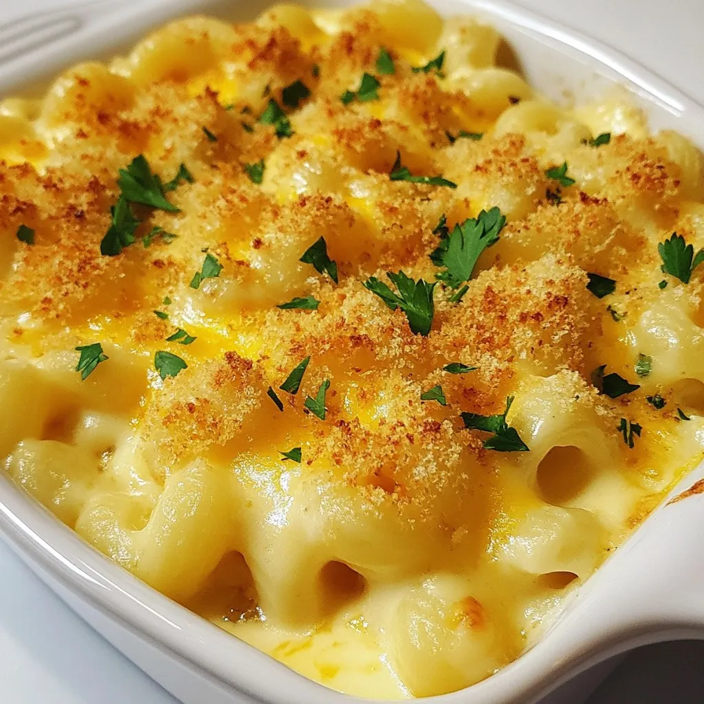 To make the best creamy baked mac & cheese, you need a few key ingredients: - 8 oz elbow macaroni - 2 cups sharp cheddar cheese, shredded - 1 cup mozzarella cheese, shredded - 1/2 cup cream cheese, softened - 2 cups whole milk These ingredients create a rich and cheesy flavor. The elbow macaroni holds the cheese sauce well. The blend of sharp cheddar and mozzarella adds depth. Cream cheese brings extra creaminess, while whole milk gives a smooth base. If you want to make your mac & cheese even better, consider these optional ingredients: - 1/2 cup breadcrumbs for crunch - Fresh herbs like parsley for garnish - Additional cheese types, like gouda or parmesan Breadcrumbs add a delightful crispy top. Fresh herbs bring color and a fresh taste. Different cheeses can change the flavor profile, making it unique. Feel free to mix and match to find your favorite combination! {{ingredient_image_2}} To start, bring a large pot of salted water to a boil. Add 8 oz of elbow macaroni to the water. Cook it until it's al dente, which means it should still have a little bite. This usually takes around 8-10 minutes. Once it’s done, drain the pasta and set it aside. This step is key for great texture. Now, let’s create a rich cheese sauce. First, melt 1/4 cup of unsalted butter in a large saucepan over medium heat. Once it’s melted, add 1/4 cup of all-purpose flour. Whisk it together for about 1-2 minutes. You want a smooth roux. Next, slowly pour in 2 cups of whole milk while whisking. Keep stirring until the mixture thickens, about 5-7 minutes. Then, lower the heat to medium-low and add 1/2 cup of softened cream cheese. Stir until the cream cheese melts and blends in. For flavor, mix in 1 teaspoon of garlic powder, 1 teaspoon of onion powder, and 1/2 teaspoon of smoked paprika. Don’t forget to add salt and fresh ground pepper to taste. Next, we’ll melt the cheese into our sauce. Gradually add 2 cups of shredded sharp cheddar and 1 cup of shredded mozzarella cheese. Keep stirring until the cheese melts, making a creamy sauce. Now, it's time to bring everything together. Gently fold in the cooked elbow macaroni. Mix until the pasta is fully coated in the cheese sauce. Transfer the mac and cheese mixture into a greased 9x13 inch baking dish. Spread it evenly. For a crispy topping, sprinkle 1/2 cup of breadcrumbs across the top. This will create a nice crunch. Now, place the dish in a preheated oven at 350°F (175°C). Bake for 20-25 minutes, or until the top is golden brown and bubbling. Enjoy the aroma filling your kitchen! For the best creamy mac and cheese, heat matters. Warm cheese melts better. Cold cheese does not blend well. When you mix cheese into your sauce, make sure it's warm. This helps it melt smoothly. Using a variety of cheeses adds depth. I love mixing sharp cheddar and mozzarella. The cheddar gives a rich flavor. The mozzarella adds stretch and creaminess. You can also try gouda or fontina for a twist. To know if your mac and cheese is done, look for bubbling edges. The top should be golden brown. If it is too pale, give it a few extra minutes. Every oven heats differently, so check it often. If your oven runs hot or cold, adjust the bake time. You may need less or more time based on your oven. If you find it browning too fast, cover it with foil until cooked through. For a pretty plate, serve the mac and cheese in ramekins. This makes each serving look special. You can also sprinkle extra parsley on top for color. Pair it with a crisp side salad. The freshness of the salad complements the richness of the dish. Consider adding some sliced tomatoes or cucumbers for a nice crunch. Pro Tips Use a Mix of Cheeses: Combining different cheeses like sharp cheddar and mozzarella enhances the flavor and texture, creating a creamier and more complex cheese sauce. Don’t Overcook the Pasta: Cook the macaroni until just al dente, as it will continue to cook during baking. This prevents the pasta from becoming mushy. Customize Your Toppings: Feel free to add your favorite toppings like crumbled bacon, diced tomatoes, or different herbs for added flavor and texture. Let It Rest: Allow the baked mac and cheese to cool for a few minutes before serving. This helps the dish set and makes it easier to serve. {{image_4}} You can easily make this dish to fit your needs. If you’re gluten-free, try using gluten-free pasta. Many brands make great options that work well. For a vegan version, switch to plant-based cheese. Brands like Daiya or Violife melt nicely and keep the creaminess. Want to add more flavor? Try adding cooked bacon or sausage. They bring a savory kick that pairs well with the cheese. You can also include vegetables like broccoli or spinach. This adds a nice touch of color and nutrition to your meal. Toppings can change the whole dish. Instead of traditional breadcrumbs, try panko for extra crunch. You can also use crushed chips or nuts. They give a fun texture that makes each bite exciting. To store leftovers properly, let the mac and cheese cool first. Use an airtight container to keep it fresh. This way, it stays tasty for up to three days in the fridge. Glass or plastic containers work well for storage. When reheating, keep the creaminess intact. You can use the microwave or oven. For the microwave, place a portion on a plate and add a splash of milk. Heat on medium power for one to two minutes. Stir halfway through to mix the heat. If you use the oven, preheat it to 350°F (175°C). Place the mac and cheese in a baking dish, cover it with foil, and heat for about 15-20 minutes. This method helps keep the dish creamy. To freeze baked mac and cheese, let it cool completely. Transfer it to a freezer-safe container. You can also wrap it tightly in plastic wrap, then foil. This method helps keep the flavor and texture. To thaw, move it to the fridge the night before. Bake it straight from the freezer, adding a few extra minutes to the baking time. The best cheese for mac and cheese is a blend of sharp cheddar and mozzarella. Sharp cheddar gives a strong flavor, while mozzarella adds creaminess. You can also try gouda or parmesan for a unique taste. Mixing several cheeses creates a rich and tasty sauce. Experiment with cheese combinations to find your favorite mix. Yes, you can make mac and cheese ahead of time. Prepare the dish as usual but stop before baking. Cover it tightly with plastic wrap and store it in the fridge. When ready to bake, remove the wrap and bake it straight from the fridge. You may need to add a few extra minutes to the bake time. This method lets you enjoy homemade mac and cheese without all the last-minute work. If your mac and cheese turns dry, don't worry! You can revive it easily. Start by adding a splash of milk to the dish. Mix it well to combine. If it still feels dry, you can add more cheese or a little butter. Heat it gently on the stove or in the oven until warm. Stir it often to keep it creamy. Yes, you can make mac and cheese without cream cheese. Use more whole milk to keep the sauce creamy. You can also add extra cheese like gouda or a bit of sour cream for creaminess. Blending these ingredients will help you achieve that rich texture even without cream cheese. Baked mac and cheese is a delicious comfort food that many enjoy. We covered the best ingredients, from elbow macaroni to sharp cheddar, for a creamy dish. I shared steps to make the cheese sauce and combine everything perfectly. Plus, I offered tips for the creamiest texture and fun variations to try. Remember, you can customize this dish and store it for later. Enjoy making your own version of this classic meal!
