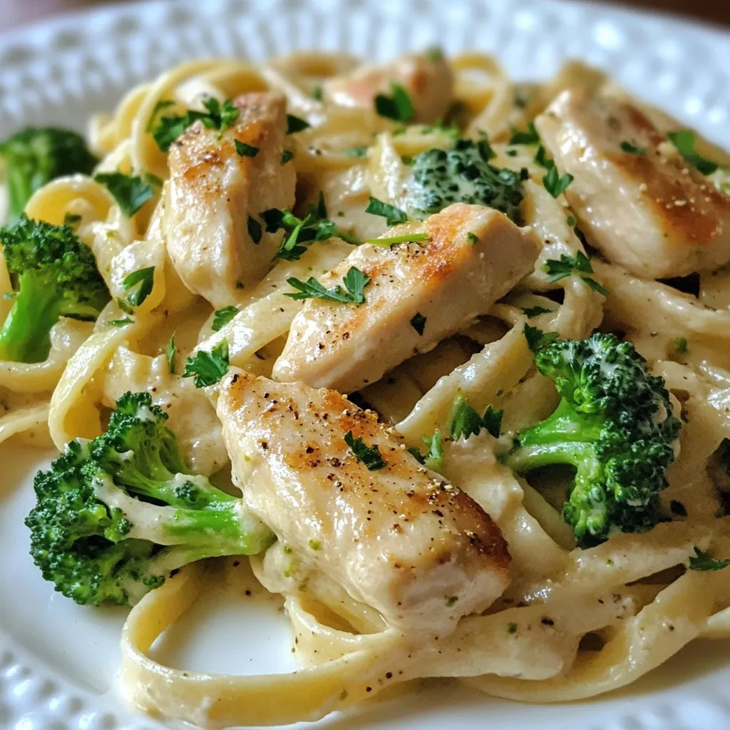 - 2 boneless, skinless chicken breasts, thinly sliced - 4 cups broccoli florets, fresh or frozen - 2 cups whole wheat fettuccine - 1 cup low-sodium chicken broth - 1 cup unsweetened almond milk - 2 tablespoons light cream cheese - 2 cloves garlic, minced - 1 teaspoon Italian seasoning blend - 1 tablespoon olive oil - Salt and black pepper, to taste - 1/4 cup grated Parmesan cheese (for added richness) - Fresh parsley, chopped, for garnish - Large pot for boiling pasta - Large skillet for cooking chicken and sauce - Colander for draining pasta - Whisk for stirring sauce - Measuring cups and spoons With these ingredients and tools, you can make a tasty Skinny Chicken Broccoli Alfredo. This dish is not just easy, but it’s also healthy. You control what goes in. Each ingredient adds its own flavor, making this meal both satisfying and wholesome. Enjoy the process of cooking and let the rich flavors come together! {{ingredient_image_2}} Start by filling a large pot with water. Add salt and bring it to a boil. Once boiling, add the whole wheat fettuccine. Cook it for about 8-10 minutes. For the last 3 minutes of cooking, gently add the broccoli florets. This way, they cook perfectly together. After cooking, drain the pasta and broccoli. Save a little pasta water in case you need it later. Grab a large skillet and heat some olive oil over medium heat. Take your sliced chicken breasts and season them with salt, pepper, and Italian seasoning. Add the chicken to the hot skillet. Cook for 5-7 minutes, stirring now and then. Once the chicken turns white and is no longer pink, take it out of the skillet and place it on a plate. In the same skillet, add minced garlic. Sauté it for around 30 seconds until it smells great. Then, pour in the low-sodium chicken broth and almond milk. Stir this mixture well and bring it to a gentle simmer. Once the sauce simmers, lower the heat. Add light cream cheese and whisk it in. Keep stirring until the sauce is smooth and creamy. Let it simmer for about 5 minutes to thicken. If the sauce is too thick, add a splash of reserved pasta water. After that, return the cooked pasta, broccoli, and chicken to the skillet. Toss everything gently to coat in the sauce. If you want a richer taste, sprinkle in some grated Parmesan cheese. Taste the dish and adjust salt and pepper to your liking. Serve the chicken and broccoli Alfredo hot. For a nice touch, garnish each plate with fresh chopped parsley. This adds color and flavor. Serve it in shallow bowls, twirling the fettuccine to create a lovely nest. Enjoy your healthy, delicious meal! To boost the creaminess of your Skinny Chicken Broccoli Alfredo, use a bit more light cream cheese. You can also add a splash of heavy cream if you're not worried about calories. If you want a richer flavor, sprinkle in some grated Parmesan cheese when mixing everything. This adds taste and makes the sauce smooth and velvety. You can cut more calories by using less oil or even cooking spray. Swap the whole wheat fettuccine for zucchini noodles for a low-carb option. Unsweetened almond milk is a great choice for creaminess, but you can use low-fat milk if that’s what you have. If you want to skip the cheese, try nutritional yeast for a cheesy flavor. Store leftovers in an airtight container in the fridge. They will last for about three days. When reheating, add a splash of chicken broth or almond milk. This keeps the sauce creamy and prevents it from drying out. You can microwave it or heat it on the stove over low heat, stirring often. Enjoy it warm for a quick meal! Pro Tips Use Fresh Ingredients: Whenever possible, opt for fresh broccoli and chicken to enhance the flavor and texture of your dish. Customize Your Sauce: Feel free to experiment with different herbs and spices to personalize your Alfredo sauce to your taste. Keep it Creamy: If you find your sauce thickening too much, add a splash of reserved pasta water to maintain a creamy consistency. Leftover Storage: Store any leftovers in an airtight container in the fridge for up to 3 days. Reheat gently on the stove with a little extra almond milk. {{image_4}} To make this dish vegetarian, you can skip the chicken. Replace it with 1 can of drained chickpeas or sautéed mushrooms. These options add protein and flavor without meat. You can keep the other ingredients the same. The creamy sauce pairs well with veggies, making it a hearty meal. To make this dish gluten-free, use gluten-free pasta. Many brands offer pasta made from rice or quinoa. Just cook it as directed on the package. You can also use spiralized zucchini or spaghetti squash for a lighter option. The rest of the recipe stays the same. Enjoy a creamy Alfredo without the gluten! Feel free to add more veggies to your Skinny Chicken Broccoli Alfredo. Peas, spinach, or bell peppers work great. You can toss them in when you add the broccoli. This boosts nutrition and color. The more veggies, the better! Mix and match as you like for a fun twist. In this Skinny Chicken Broccoli Alfredo, the calories come mostly from the chicken and pasta. A serving has about 350-400 calories. Using whole wheat pasta lowers the calorie amount while adding fiber. The light cream cheese and almond milk keep the sauce creamy but light, adding only a few calories. Each ingredient plays a role in keeping this dish tasty and healthy. This dish is high in protein and fiber. The chicken breasts offer around 26 grams of protein per serving. Whole wheat fettuccine adds about 7 grams of fiber, making this meal filling and satisfying. Broccoli also adds fiber and vitamins. Together, these ingredients help you feel full longer and keep your energy up. This recipe is great for various diets. It is low in calories and fat, making it suitable for those watching their weight. The use of almond milk makes it dairy-free. If you need gluten-free options, you can swap the whole wheat fettuccine for gluten-free pasta. This dish is flexible and can fit different dietary needs without losing flavor. Yes, you can use regular pasta. Whole wheat is healthier, but any pasta works. Just remember that regular pasta may have more carbs. Cook it the same way as the whole wheat. If you don’t have almond milk, use low-fat milk or oat milk. These options will also work well. They keep the dish creamy without adding too many calories. To add heat, try red pepper flakes or cayenne pepper. You can also use a spicy garlic sauce. Start with a small amount, then taste and add more if needed. Yes, you can make the sauce ahead. Store it in an airtight container in the fridge for up to three days. When ready, just reheat it on low heat, stirring often, to bring back its creaminess. This blog post shared a simple way to make a tasty pasta dish with chicken and broccoli. We covered the key ingredients, helpful kitchen tools, and easy step-by-step instructions. You learned tips for creaminess and how to make healthy swaps. We also explored variations, nutritional facts, and answered common questions. Remember, cooking is about enjoying food. Try your own twists and share your creations!