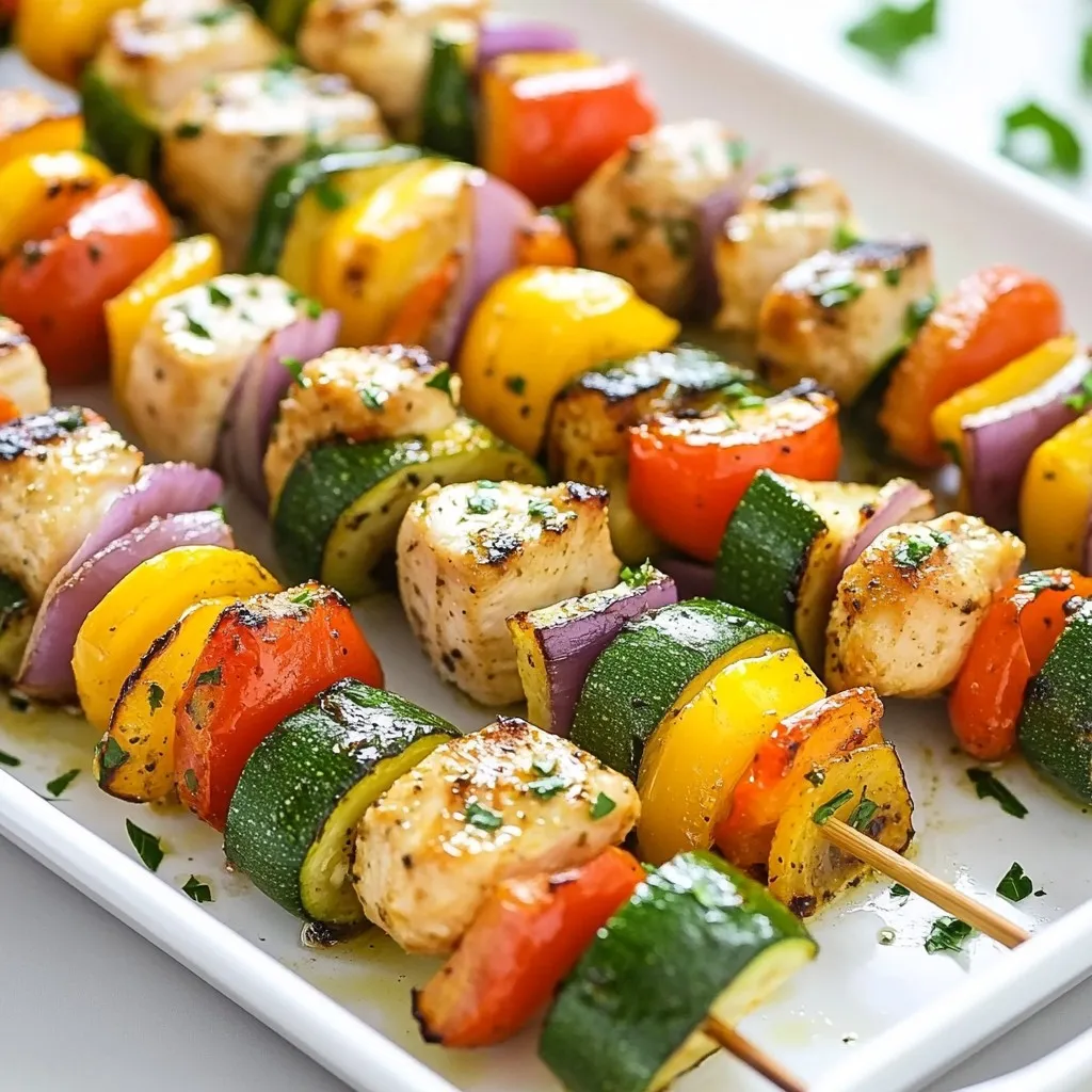In this section, I’ll break down the key ingredients for making delicious sheet pan chicken kabobs. Using fresh and vibrant components is crucial for flavor and enjoyment. - Chicken: 1 lb chicken breast, cut into 1-inch cubes - Vegetables: Bell pepper, red onion, zucchini, cherry tomatoes - Marinade Components: Olive oil, lemon juice, spices The chicken serves as the main protein source. I prefer chicken breast for its lean quality and ability to absorb flavors. Cut it into 1-inch cubes to ensure even cooking. Next, choose colorful vegetables. I love using bell peppers for their crunch and sweetness. Red onion adds a nice bite, while zucchini offers a tender texture. Cherry tomatoes bring a burst of juiciness. For the marinade, mix olive oil and lemon juice. These ingredients help tenderize the chicken and add a zesty kick. Spices like smoked paprika, garlic powder, and cumin round out the flavor profile. This combination makes the kabobs not just tasty, but also aromatic. Gather these ingredients before you start cooking. Having everything ready makes the process smooth and enjoyable. {{ingredient_image_2}} First, set your oven to 400°F (200°C). This heat will cook the kabobs evenly. In a big bowl, mix together: - 3 tablespoons extra virgin olive oil - 2 tablespoons fresh lemon juice - 2 teaspoons smoked paprika - 1 teaspoon garlic powder - 1 teaspoon ground cumin - Salt and freshly ground black pepper to taste Whisk it all until it blends well. This is your tasty marinade. Add 1 lb of chicken breast, cut into 1-inch cubes. Make sure every piece gets coated. Let it sit for at least 15 minutes. For more flavor, you can chill it for up to 1 hour. In another bowl, toss together: - 1 bell pepper, cut into 1-inch chunks - 1 red onion, cut into wedges - 1 zucchini, sliced into half-moons - 1 cup cherry tomatoes, halved Drizzle with olive oil and sprinkle salt and pepper. Make sure they are well mixed. Line a sheet pan with parchment paper. This helps with cleanup. Spread the marinated chicken and seasoned vegetables on the sheet pan. Keep them in a single layer. This way, they roast evenly. Put the pan in the oven. Roast for 20-25 minutes. Check that the chicken reaches 165°F (75°C). The vegetables should be soft and slightly caramelized. Halfway through, give everything a gentle toss. This helps with browning. For the best flavor, marinate the chicken for at least 15 minutes. This short time allows the spices to soak in. If you have more time, refrigerate it for up to 1 hour. The longer you marinate, the richer the taste. Feel free to add more veggies to your kabobs. Here are some great choices: - Mushrooms - Asparagus - Bell peppers of different colors - Eggplant - Pineapple chunks Mix and match to find your favorite combo! To roast your kabobs evenly, follow these tips: - Spread chicken and veggies out on the pan. - Avoid overcrowding for better air flow. - Toss them halfway through cooking. This helps with even browning. - Use a meat thermometer to check the chicken’s doneness. Aim for 165°F (75°C). These steps guarantee a tasty, well-cooked meal every time! Pro Tips Marinate Longer for More Flavor: For the best flavor, try marinating the chicken for at least 1 hour or even overnight. This allows the spices to fully penetrate the meat. Use Skewers for Grilling: If you prefer grilling, thread the marinated chicken and vegetables onto skewers. Soak wooden skewers in water for 30 minutes to prevent burning on the grill. Experiment with Vegetables: Feel free to mix and match your favorite vegetables! Mushrooms, asparagus, or even pineapple can add unique flavors and textures to your kabobs. Check Chicken Temperature: Always use a meat thermometer to ensure the chicken is cooked through. The internal temperature should reach 165°F (75°C) for safe consumption. {{image_4}} You can switch up the protein in these kabobs. Try using shrimp, beef, or tofu. Each option brings its own taste and texture. For shrimp, marinate for just 10 minutes. For beef, cut it into 1-inch cubes like the chicken. Tofu should be firm and pressed to remove water. Marinate it for at least 30 minutes to soak up the flavors. Feel free to play with spices and marinades. If you want a kick, add cayenne pepper or chili powder. For a sweeter touch, try honey or maple syrup in the marinade. You can also use fresh herbs like rosemary or thyme for a fresh taste. Experimenting with spices keeps your kabobs exciting and new every time. For a veggie-only kabob, skip the chicken and focus on the vegetables. Use bell peppers, onions, zucchini, and cherry tomatoes. You can add mushrooms, asparagus, or eggplant for more flavor. Toss them in the same marinade, then roast as usual. You’ll still get that delicious, caramelized taste. This option is great for vegetarians or anyone wanting a lighter meal. After enjoying your delicious kabobs, you can easily store leftovers. First, let the kabobs cool to room temperature. Next, place them in an airtight container. You can refrigerate them for up to four days. For longer storage, freeze the kabobs. Wrap them tightly in plastic wrap, then place them in a freezer bag. This way, they can last up to three months. To reheat your kabobs and keep them tasty, use an oven or a skillet. For the oven, set it to 350°F (175°C). Place the kabobs on a baking sheet and cover with foil. Heat for about 15 minutes. If you choose a skillet, add a little oil on medium heat. Cook the kabobs for about 5-7 minutes, turning them often. This keeps the chicken juicy and the veggies crisp. When stored properly, your chicken kabobs last in the fridge for about four days. In the freezer, they can stay fresh for around three months. It is best to eat them within these time frames to enjoy their best flavor and texture. Always check for any changes in color or smell before eating. Yes, you can use frozen chicken. Just make sure to thaw it first. You can safely thaw chicken in the fridge overnight or use the microwave. After thawing, cut it into 1-inch cubes. This will help it cook evenly. If you don’t thaw it, the chicken may not cook all the way through. A few great side dishes match well with sheet pan kabobs: - Rice: White or brown rice is simple and tasty. - Salad: A fresh green salad adds crunch. - Couscous: This fluffy grain is quick and easy. - Pita bread: Great for scooping up chicken and veggies. - Dipping sauces: Try tzatziki or hummus for a fun twist. To check if the chicken is cooked, use a meat thermometer. The internal temperature should reach 165°F (75°C). If you don’t have a thermometer, cut into a piece. The meat should be white and juices should run clear. If it’s still pink, cook it a little longer. Always ensure your chicken is safe to eat! This article covered making tasty chicken kabobs. We listed key ingredients for a great meal. You learned step-by-step instructions and useful tips for perfect cooking. We shared different variations to explore new flavors and even storage methods for leftovers. These kabobs are easy to make and enjoy. Whether you’re cooking for family or friends, everyone will love them. Try the tips and variations to customize your next batch. Happy cooking!