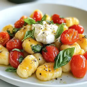To make Minute Tomato Burrata Gnocchi, gather these ingredients: - 1 lb gnocchi (store-bought or homemade) - 2 cups cherry tomatoes, halved - 8 oz burrata cheese, at room temperature - 2 cloves garlic, finely minced - 2 tablespoons extra-virgin olive oil - 1 teaspoon red pepper flakes (optional) - A handful of fresh basil leaves, for garnish - Sea salt and freshly cracked black pepper, to taste If you want to switch things up, consider these options: - Use any type of pasta instead of gnocchi for a different texture. - Swap cherry tomatoes for grape tomatoes or even diced regular tomatoes. - Replace burrata with fresh mozzarella or ricotta for a similar creaminess. - Add cooked chicken or shrimp for extra protein. - Use dried herbs like oregano or thyme if fresh basil isn't available. Fresh ingredients make a big difference. Here are some tips to ensure quality: - Choose bright, firm cherry tomatoes. They should smell sweet and fruity. - Buy burrata as fresh as possible. Check the date on the package. - Look for gnocchi that feels soft and tender. If making it at home, use fresh potatoes. - Select vibrant basil leaves without browning or wilting. Store them in water to keep them fresh longer. Using fresh ingredients enhances flavor and makes your dish shine! {{ingredient_image_2}} Start by bringing a large pot of salted water to a boil. When it bubbles, add 1 lb of gnocchi. Cook them for about 2-3 minutes. Keep an eye on them; they rise when done. Once they float, drain them in a colander. Set them aside while you prepare the sauce. In a large skillet, heat 2 tablespoons of extra-virgin olive oil over medium heat. When the oil shimmers, add 2 cloves of minced garlic. Saut&eacute; the garlic for about 30 seconds. You want it to smell great, but don&rsquo;t let it brown. Next, toss in 2 cups of halved cherry tomatoes. If you like some spice, sprinkle in 1 teaspoon of red pepper flakes. Cook everything for about 4-5 minutes. Stir often until the tomatoes soften and start to burst. Now, add the drained gnocchi directly to the skillet with the tomatoes. Gently toss them together. Make sure the gnocchi gets covered in the tasty tomato mix. Heat for another 1-2 minutes to warm through. Tear 8 oz of burrata cheese into big pieces and add it to the skillet. Let the warm gnocchi and tomatoes hug the burrata. This helps it soften and turns your dish creamy. Don&rsquo;t forget to taste your dish! Add sea salt and black pepper to your liking. Serve hot, topped with fresh basil leaves for a pop of color and flavor. Enjoy your meal! To cook gnocchi, use a large pot. Fill it with salted water and bring it to a boil. Add the gnocchi and watch them closely. They will float when they are done, which takes about 2-3 minutes. Drain them quickly in a colander. This keeps them soft and fluffy. - Use sea salt in the water for better flavor. - Don&rsquo;t overcrowd the pot. Cook in batches if needed. - Rinse the gnocchi with cool water after draining to stop the cooking process. To make your dish pop, add garlic and red pepper flakes. Saut&eacute; minced garlic in olive oil until fragrant. This takes about 30 seconds. Add halved cherry tomatoes next. Cook them until they soften and burst. This step adds a sweet and tangy flavor. - Fresh herbs like basil add a fresh touch. Tear them and sprinkle on top before serving. - Sea salt and black pepper enhance the dish. Adjust to your taste. - A splash of balsamic vinegar can add a nice tang. Presentation matters. Serve the gnocchi in shallow bowls. Place a torn piece of burrata on top. The warm gnocchi will melt the cheese, creating a creamy sauce. - Add fresh basil leaves for color. - Drizzle extra olive oil over the top for richness. - Use a bright plate to make the colors stand out. This dish is not just tasty; it looks amazing too! Pro Tips Use Fresh Ingredients: Opt for the freshest cherry tomatoes and basil to enhance the flavor of the dish significantly. Don't Overcook the Gnocchi: Cook the gnocchi just until they float to ensure they remain tender and don&rsquo;t become mushy. Customize the Heat: Adjust the amount of red pepper flakes according to your spice preference for a personalized touch. Experiment with Cheese: If burrata isn't available, try using fresh mozzarella or ricotta for a different yet delightful creaminess. {{image_4}} You can easily add protein to this dish. Chicken and shrimp work great. For chicken, use cooked, diced pieces. Add them when you mix the gnocchi and tomatoes. For shrimp, saut&eacute; them in the skillet before adding the tomatoes. Cook them until they turn pink, then follow the same steps as before. Both options make this meal heartier and more filling. If you want a vegetarian option, try using cauliflower gnocchi. It has fewer carbs and is gluten-free. Zucchini noodles are another choice. They add a fresh taste and extra veggies. Cook them just like regular gnocchi, but watch the time. They need less cooking to stay firm and not mushy. Burrata is creamy, but you can switch it up! Try fresh mozzarella for a milder taste. Feta adds a salty kick, perfect for those who love bold flavors. Goat cheese melts well too, creating a tangy sauce. Just remember, each cheese gives a unique twist to the dish. Choose what you enjoy most! After enjoying your Minute Tomato Burrata Gnocchi, you may have some left. To store it, let it cool for a few minutes. Then, place it in an airtight container. Make sure to keep it in the fridge. Leftovers will stay fresh for about 2-3 days. Avoid storing it with the burrata added, as it can become too soft. When you're ready to eat your leftovers, reheating them is easy. You can use the stove or microwave. If using the stove, add a splash of water or olive oil to a pan. Heat it over low heat, stirring gently until warmed through. If using a microwave, cover the bowl and heat in short bursts. Stir in between to avoid hot spots. This way, your gnocchi stays tender and tasty. If you want to save your gnocchi for later, freezing is a great option. First, let the dish cool completely. Then, portion it into freezer-safe bags or containers. Remove as much air as you can to prevent freezer burn. You can freeze it for up to 2 months. When you&rsquo;re ready to eat, thaw it in the fridge overnight before reheating. This will keep it fresh and delicious! For this recipe, I recommend using potato gnocchi. This type is soft and fluffy. It pairs well with the creamy burrata and juicy tomatoes. You can also use store-bought gnocchi for quick prep. Homemade gnocchi adds a special touch but requires more time. Yes, you can! If you don't have burrata, try fresh mozzarella. It melts nicely and adds creaminess. Ricotta cheese is another great option. It will give a different texture but still tastes good. Feta can work too, offering a salty kick. This dish takes about 20 minutes total. You spend 10 minutes prepping and cooking the ingredients. It&rsquo;s fast and simple, perfect for busy nights. You can enjoy a delicious meal without spending hours in the kitchen. This article covered everything you need for a tasty gnocchi dish. We discussed the right ingredients, step-by-step cooking methods, and tips for great flavor. You also learned about different ingredient options, how to store your leftovers, and helpful answers to common questions. By following these steps, you can impress yourself and others with your cooking skills. Enjoy exploring and making this recipe your own!