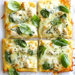 - Large flatbread (store-bought or homemade) - 1 cup cooked chicken breast, shredded - 1 cup creamy Alfredo sauce (store-bought or homemade) For this dish, you need a large flatbread. You can buy it or make your own at home. The flatbread holds all the tasty toppings. Next, use 1 cup of cooked chicken breast. Shredding it gives a nice texture. The star of this dish is 1 cup of creamy Alfredo sauce. You can either buy it or make your own from scratch. - 1 cup shredded mozzarella cheese - 1/2 cup finely grated Parmesan cheese For a cheesy delight, use 1 cup of shredded mozzarella cheese. It melts beautifully, creating that gooey texture we love. Add 1/2 cup of finely grated Parmesan cheese for a rich flavor. This mix of cheeses makes your flatbread extra special. - 1 cup fresh baby spinach leaves - Fresh basil leaves for a fragrant garnish Freshness is key! Use 1 cup of fresh baby spinach leaves. They add color and nutrients. Lastly, don&rsquo;t forget the fresh basil leaves. These fragrant herbs make each bite burst with flavor and aroma. {{ingredient_image_2}} 1. Preheat your oven to 400&deg;F (200&deg;C). This hot oven helps the flatbread bake well. 2. Prepare a baking sheet by lining it with parchment paper. This makes cleanup easy. 1. Lay the flatbread flat on the baking sheet. Spread the creamy Alfredo sauce evenly on top. Leave a small edge for a nice crust. 2. Sprinkle the garlic powder and Italian seasoning blend over the sauce. This adds great flavor. 1. Distribute the shredded chicken evenly over the Alfredo layer. This way, every bite has chicken in it. 2. Carefully layer the fresh baby spinach leaves on top of the chicken. This adds a fresh touch. 3. Generously sprinkle the shredded mozzarella cheese over the flatbread. Follow this with the finely grated Parmesan cheese. Cover all the toppings with cheese. 4. Season the flatbread with a touch of salt and freshly cracked black pepper. This enhances all the flavors. 1. Place the baking sheet in the oven. Bake for 12-15 minutes. Look for melted, bubbly, and golden cheese. The edges should be crispy. 2. Once out of the oven, allow the flatbread to cool for about 1 minute. Slice it into generous portions. 3. For a lovely finish, garnish each slice with fresh basil leaves. This adds color and aroma. To ensure even cooking, keep your oven at 400&deg;F (200&deg;C). This high heat helps the cheese melt and the edges get crispy. Spread the Alfredo sauce evenly. Leave a small border for the crust. This helps the flatbread stay crisp. To keep the flatbread crispy, use parchment paper on your baking sheet. This prevents the bottom from getting soggy. Bake for 12-15 minutes until the cheese is bubbly and golden. If you want a homemade Alfredo sauce, you can use butter, cream, and Parmesan cheese. Blend them until smooth for a rich taste. For a lighter option, try using Greek yogurt with garlic and herbs. When it comes to chicken, you can use rotisserie chicken for quick prep. You can also swap it for turkey or even chickpeas for a plant-based option. Pair your Chicken Alfredo Flatbread with a fresh salad. A simple green salad with a light vinaigrette works well. You can also serve it with roasted veggies for added flavor. For presentation ideas, slice the flatbread into triangles. Arrange them on a colorful platter. Garnish with fresh basil leaves on top for a vibrant look. This adds both color and aroma to your dish. Pro Tips Tip Title: Use Fresh Ingredients: Fresh spinach and high-quality chicken will elevate the flavor of your flatbread and make it more delicious. Tip Title: Customize Your Cheese: Feel free to mix in other cheeses like provolone or gouda for a unique flavor twist. Tip Title: Monitor Baking Time: Keep an eye on the flatbread as it bakes to prevent burning, as ovens can vary. Tip Title: Add a Kick: For some heat, sprinkle red pepper flakes over the toppings before baking. {{image_4}} You can switch up the chicken to make this dish unique. Use grilled chicken for a smoky taste or rotisserie chicken for a quick option. If you want to try something different, consider turkey. It pairs well with Alfredo sauce too. For a vegetarian option, replace chicken with mushrooms or zucchini. Both add great texture and flavor. You can also use chickpeas for a protein boost. Boosting the flavor of your flatbread is easy. Add spices like smoked paprika or cayenne pepper for heat. Fresh herbs such as thyme or oregano can make it even better. Incorporating vegetables is another smart way to enhance flavor. Try bell peppers, cherry tomatoes, or even artichokes. Each adds color and taste to your flatbread. Don't feel limited to Alfredo sauce. Pesto makes a fresh and zesty base. It pairs nicely with chicken and cheese. Marinara sauce is another tasty choice, bringing a rich tomato flavor. If you enjoy heat, consider a spicy Alfredo. Mix in red pepper flakes or hot sauce for an exciting twist. Each sauce option offers a new take on this dish. To keep your Chicken Alfredo Flatbread fresh, store it in the fridge. Wrap it tightly in plastic wrap or place it in an airtight container. This method helps prevent it from drying out. You can also use a foil cover for added protection. The flatbread stays fresh for 3 to 4 days in the fridge. When it's time to eat your leftovers, you want them warm and tasty. To reheat without drying out, use the oven. Preheat it to 350&deg;F (175&deg;C). Place the flatbread on a baking sheet and cover it with foil. This keeps the moisture in. Bake for about 10-15 minutes until heated through. You can also use the microwave for a quick reheat. Place the flatbread on a microwave-safe plate. Heat it for 30 seconds at a time, checking after each interval. This method is faster but may dry out the flatbread if overheated. Enjoy your delicious dish again! Can I make Chicken Alfredo Flatbread ahead of time? Yes, you can prepare this dish in advance. Assemble the flatbread and cover it with plastic wrap. Store it in the fridge for up to 24 hours. When ready, bake it straight from the fridge. This helps keep the flavors fresh without much fuss. What can I use instead of flatbread? If you don&rsquo;t have flatbread, use pita bread or naan. Both options work well and bring their own unique flavor. You can even use tortillas for a fun twist. Just remember to adjust the baking time if needed. Is this recipe gluten-free? The recipe is not gluten-free as it uses flatbread made from wheat. However, you can use a gluten-free flatbread or a cauliflower crust. This allows you to enjoy the same great taste without gluten. Can it be made dairy-free? Yes, you can make a dairy-free version. Use dairy-free Alfredo sauce, like those made from cashews or almond milk. Replace the cheeses with dairy-free options, too. This way, everyone can enjoy the dish. How to make it spicy? To add some heat, sprinkle red pepper flakes on top before baking. You can also mix diced jalape&ntilde;os into the chicken for a fiery kick. Adjust the spice level to suit your taste. Best cheeses for extra flavor? For added flavor, try using gouda or cheddar cheese. These cheeses melt well and offer a nice depth. Blending different cheeses can create a rich and tasty flatbread that excites your palate. This blog post explored making a delicious Chicken Alfredo Flatbread. We covered the main ingredients, tips for preparation, and variations to suit your taste. Remember, you can customize this dish with different proteins or sauces. It&rsquo;s fun to experiment! By following the steps, you'll enjoy a tasty and satisfying meal. Don't forget to try new ingredients or serve it with a side that complements the flavors. Now, get cooking and enjoy your creation!