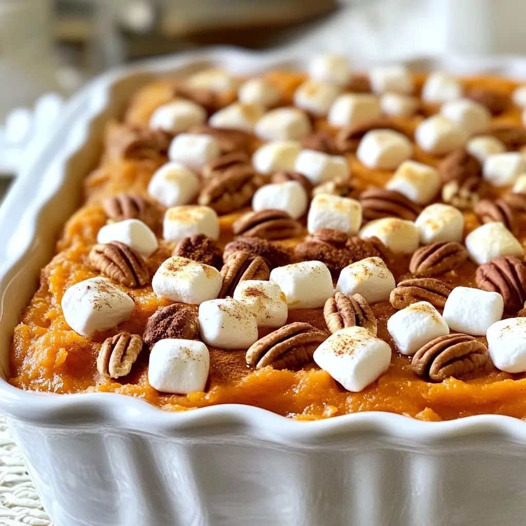 To make an easy sweet potato casserole, gather these key items: - 4 large sweet potatoes, peeled and cubed - 1/2 cup brown sugar - 1/4 cup pure maple syrup - 1/2 cup unsalted butter, melted - 1 teaspoon vanilla extract - 1 teaspoon ground cinnamon - 1/2 teaspoon ground nutmeg - 1/4 teaspoon salt - 1 cup mini marshmallows These ingredients create a lovely mix of sweet and creamy flavors. The sweet potatoes form the base, while the sugars add a nice sweetness. To enhance your casserole, consider adding: - 1/2 cup chopped pecans or walnuts Nuts add a crunchy texture and a rich taste. They also make the dish more interesting. If you don't have certain items, here are some swaps: - Use brown sugar or white sugar if you lack brown sugar. - Honey can replace maple syrup for a different sweetness. - Coconut oil can substitute for unsalted butter, giving a unique flavor. These swaps allow you to adapt the recipe to what you have at home. Enjoy making this dish your own! {{ingredient_image_2}} 1. Start by preheating your oven to 350°F (175°C). This makes sure it’s ready for baking. 2. Fill a large pot with water and add a pinch of salt. Bring it to a boil. 3. Carefully add the cubed sweet potatoes to the boiling water. Cook them for about 15-20 minutes. They should be fork-tender when done. 4. Once the sweet potatoes are soft, drain them well. Set them aside to cool slightly. 5. In a large mixing bowl, mash the sweet potatoes with a fork or potato masher. Aim for a smooth mix with no lumps. 1. To the mashed sweet potatoes, add the brown sugar, maple syrup, melted butter, and vanilla extract. 2. Sprinkle in the ground cinnamon, nutmeg, and salt. 3. Mix everything together well. You want a creamy and smooth texture. 1. Grease a 9x13 inch baking dish with butter or cooking spray. This helps prevent sticking. 2. Pour the sweet potato mixture into the dish. Spread it evenly across the bottom. 3. Top the sweet potato layer with mini marshmallows. Cover the whole top for a sweet bite. 4. If you like, sprinkle chopped pecans or walnuts on top. They add great crunch. 5. Place the dish in the preheated oven and bake for 25-30 minutes. Look for the marshmallows to turn golden brown. 6. After baking, take the casserole out and let it cool for a few minutes before serving. This easy sweet potato casserole is not only delicious but also fun to make. Enjoy each step as you create this tasty dish! To make the best sweet potatoes, start with fresh, firm ones. Peel and cube them into even pieces. This helps them cook evenly. Boil them in salted water for 15-20 minutes. Check with a fork to see if they are soft. Drain the water well before mashing. Use a potato masher for a smooth texture. If you want a creamy mix, add melted butter or milk slowly. Preheat your oven to 350°F (175°C) for great results. Grease your baking dish to prevent sticking. Spread the sweet potato mixture evenly in the dish. Make sure to cover the top with mini marshmallows. They will melt and turn golden brown. Bake for 25-30 minutes until you see that beautiful color. For a fun twist, add chopped pecans or walnuts for crunch. Serve your sweet potato casserole warm. Dust it lightly with cinnamon for extra flavor. Pair it with whipped cream or vanilla ice cream for a treat. This dish works great as a side for holiday meals. It also shines at family gatherings. For a fun touch, add a scoop of ice cream on top. Your guests will love the mix of flavors and textures! Pro Tips Perfectly Cooked Sweet Potatoes: Ensure your sweet potatoes are fork-tender but not mushy by testing them with a fork after 15 minutes of boiling. Maple Syrup Substitutes: If you don’t have maple syrup on hand, honey or agave nectar can be used as a sweetener alternative. Marshmallow Toasting: For extra caramelization, broil the casserole for the last 2-3 minutes of baking, watching closely to prevent burning. Make-Ahead Tip: Prepare the sweet potato mixture a day in advance, store in the refrigerator, and add marshmallows just before baking. {{image_4}} You can make this sweet potato casserole a bit healthier. For a lower sugar option, use less brown sugar or swap it for honey. You can also replace the butter with coconut oil or applesauce. This change keeps the dish moist while cutting some fat. To add more fiber, mix in some cooked lentils with the sweet potatoes. Seasonal ingredients can enhance your casserole. In fall, add fresh cranberries for a tart twist. This adds color and flavor. You can also stir in diced apples or pears to bring in a touch of sweetness. During winter, consider adding a pinch of ginger or cloves for warmth. These spices create a cozy feeling that fits the season perfectly. You can play with the flavor of the casserole. For a spicy kick, add a dash of cayenne pepper or chili powder. This can balance the sweetness of the dish. You might also experiment with different nuts, like almonds or pistachios, for unique crunch. If you prefer a creamier texture, fold in some cream cheese or Greek yogurt before baking. These tweaks can make your casserole stand out at any gathering. After you enjoy the sweet potato casserole, store leftovers in an airtight container. Place it in the fridge. This keeps it fresh for about four days. Make sure to let it cool first before sealing it up. If you have a large portion, consider dividing it into smaller containers. This makes it easier to grab and reheat later. When it's time to eat your leftovers, preheat your oven to 350°F (175°C). Place the casserole in an oven-safe dish. Cover it with aluminum foil to keep it moist. Heat for about 20-25 minutes or until it's warm throughout. You can also reheat it in the microwave. Just use a microwave-safe dish and heat in short bursts, stirring in between. If you want to freeze the casserole, first let it cool completely. Then, wrap it tightly in plastic wrap and foil. This prevents freezer burn. It can stay in the freezer for up to three months. When ready to eat, thaw it overnight in the fridge. Then, reheat it in the oven for the best texture. Enjoy your sweet potato casserole any time you want! To make sweet potato casserole from scratch, you need four large sweet potatoes. Start by peeling and cubing them. Bring a pot of saltwater to a boil and cook the potatoes until they are fork-tender. This takes about 15 to 20 minutes. Drain the potatoes and mash them until smooth. Mix in half a cup of brown sugar, a quarter cup of maple syrup, half a cup of melted butter, one teaspoon of vanilla extract, and spices like cinnamon and nutmeg. Spread this mixture in a greased baking dish. Top it with mini marshmallows and nuts if you like. Bake it at 350°F for 25 to 30 minutes until the marshmallows turn golden brown. Yes, you can make this casserole ahead of time. Prepare the dish up to the baking step. After mixing the sweet potatoes and adding toppings, cover the dish tightly with plastic wrap. Store it in the fridge for up to two days. When you are ready to bake, remove it from the fridge and let it sit at room temperature for about 30 minutes before putting it in the oven. This step helps the casserole bake evenly. The best toppings for sweet potato casserole include mini marshmallows for sweetness and a fun texture. You can also add chopped pecans or walnuts for a nutty crunch. For a twist, sprinkle some coconut flakes or crushed graham crackers on top. If you want a savory option, a sprinkle of crumbled bacon adds a unique flavor. Each topping adds its own special touch, so feel free to mix and match! In this post, we explored how to create a delicious sweet potato casserole. We covered essential ingredients, optional flavors, and substitutions. I walked you through step-by-step instructions for preparation and baking. You learned tips for the best texture, serving ideas, and variations for every taste. Lastly, we discussed storage methods and answered common questions. Now, you're ready to impress your family with this comforting dish! Enjoy your cooking adventure!