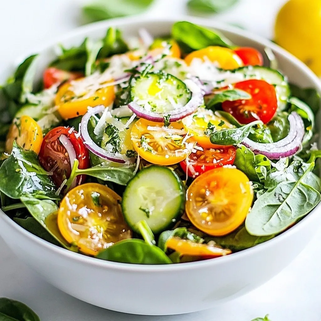 - 4 cups mixed greens (spinach, arugula, and romaine) - 1 cup cherry tomatoes, halved - 1 medium cucumber, thinly sliced - 1/4 cup red onion, thinly sliced - 1/2 cup shaved Parmesan cheese - 2 tablespoons extra virgin olive oil - 2 tablespoons fresh lemon juice - 1 teaspoon honey - Salt and black pepper to taste - Fresh basil leaves The key to this Minute Lemon Parmesan Salad lies in its fresh ingredients. Start with mixed greens for a colorful base. I really enjoy using spinach, arugula, and romaine together. The mix gives a great texture. Next, I add cherry tomatoes. Halving them lets their sweet juice mix well with the dressing. For crunch, I thinly slice a cucumber. This keeps the salad light and refreshing. Adding red onion brings a sharp note that balances the flavors. Now, let’s talk about cheese. I use shaved Parmesan for its nutty taste. It melts slightly into the greens, making each bite rich and savory. Dressing is key too. I combine extra virgin olive oil and fresh lemon juice. This gives the salad a bright flavor. I add honey for a hint of sweetness. Finally, a dash of salt and pepper enhances everything. To finish, I sprinkle fresh basil leaves on top. They add an aromatic touch that makes the salad pop. Each ingredient plays a role in creating a fresh, tasty dish you’ll love! {{ingredient_image_2}} To start, grab a large mixing bowl. Add 4 cups of mixed greens. Use a blend of spinach, arugula, and romaine for color and crunch. Next, toss in 1 cup of halved cherry tomatoes. They add a fresh burst of flavor. Then, slice 1 medium cucumber into thin rounds and add it to the bowl. Finally, include 1/4 cup of thinly sliced red onion for a hint of sharpness. Gently toss everything to mix well. In a small bowl, whisk together 2 tablespoons of extra virgin olive oil and 2 tablespoons of fresh lemon juice. This adds a bright flavor. Then add 1 teaspoon of honey for a touch of sweetness. Season this mix with salt and freshly cracked black pepper. Whisk until the dressing is smooth and well combined. Now it’s time to bring it all together! Drizzle the dressing over your salad base. Use tongs to toss everything gently. Make sure all the veggies get coated in the dressing. After that, sprinkle 1/2 cup of shaved Parmesan cheese on top for a nutty richness. Give it a light toss again to distribute the cheese evenly. Taste your salad and adjust the seasoning if needed. Serve it right away, garnished with fresh basil leaves for an aromatic touch! To make Minute Lemon Parmesan Salad shine, start with fresh greens. Look for a mix of spinach, arugula, and romaine. This blend gives great texture and taste. For tomatoes, choose ripe cherry ones. They should feel firm and smell sweet. This adds a fresh burst of flavor. When picking cucumbers, look for a firm one. Thin slices will keep the crunch. Red onion adds a hint of sharpness. Opt for the freshest you can find. You can easily make this salad your own. Want more protein? Add cooked chicken for heartiness. Chickpeas are a great plant-based option too. They add protein and fiber. You can also throw in nuts or seeds for a crunch. Think sunflower seeds or sliced almonds. These additions make the salad filling and fun. The dressing ties everything together. Start with two tablespoons of olive oil. Add fresh lemon juice for brightness. If you like it sweeter, mix in a teaspoon of honey. Taste the dressing. Adjust the acidity or sweetness if needed. A pinch of salt and black pepper will enhance the flavors. Whisk until it's smooth, then drizzle over your salad. Pro Tips Use Fresh Ingredients: Always opt for fresh, organic vegetables and herbs to elevate the flavor profile of your salad. Customize Your Greens: Feel free to mix different types of greens like kale or frisée for added texture and flavor variety. Make It Ahead: Prepare the salad ingredients in advance, but add the dressing just before serving to keep everything crisp. Experiment with Cheese: Try different cheeses like feta or goat cheese for a unique twist on the classic Parmesan flavor. {{image_4}} You can brighten your Minute Lemon Parmesan Salad with seasonal berries or nuts. In summer, add juicy strawberries or blueberries. They add natural sweetness and color. Walnuts or almonds give a nice crunch, too. Just sprinkle a handful on top for a tasty twist. Cheese is key in the salad, and you can switch it up. Feta cheese adds a creamy tang. Use crumbled feta instead of Parmesan for a different flavor. Goat cheese also works well. It’s soft and rich, making the salad feel extra special. Try new flavors with different dressings. Swap the lemon juice for balsamic vinegar. It gives a sweet and tangy kick. You can also use apple cider vinegar. Fresh herbs like dill or parsley can boost the taste. Just mix them in with the dressing for a fresh twist. To store your Minute Lemon Parmesan Salad, use an airtight container. Make sure to keep the salad and dressing separate until you are ready to eat. This helps keep the greens crisp. If you mix them together, the greens may become soggy. The salad stays fresh in the fridge for about 1 to 2 days. After that, the greens may wilt, and the flavors can fade. Always check for any signs of spoilage before eating. If the salad looks brown or smells off, it is best to toss it. If your salad becomes wilted, you can revive it! Rinse the greens in cold water and gently dry them with a paper towel. You can also sprinkle a bit of fresh lemon juice over the top to bring back some brightness. Toss the salad lightly and serve it immediately. This method can help bring some life back to your leftovers! To make this salad vegan, skip the Parmesan cheese. You can use nutritional yeast for a cheesy flavor. You can also add nuts or seeds for more texture. This way, you keep the salad tasty and plant-based. Yes, you can make the dressing ahead of time. Just mix the olive oil, lemon juice, honey, salt, and pepper in a jar. Shake well and store it in the fridge. It stays fresh for about a week. Just remember to shake it again before using. This salad pairs well with grilled chicken, fish, or chickpeas for protein. You can also serve it with crusty bread or as a side for pasta. It complements the flavors nicely and makes a complete meal. To store leftover dressing, keep it in an airtight container. Place it in the fridge. It will stay fresh for about a week. If you see separation, just shake it up before using. This keeps it ready for your next salad! This salad blends fresh greens, veggies, and a simple dressing. You can customize it to fit your taste. Use seasonal ingredients for variety. Store your leftovers wisely to keep them fresh longer. With simple steps, you can create a tasty and healthy meal. Remember, a good salad starts with quality ingredients. Enjoy your delicious creation, and share it with friends and family!