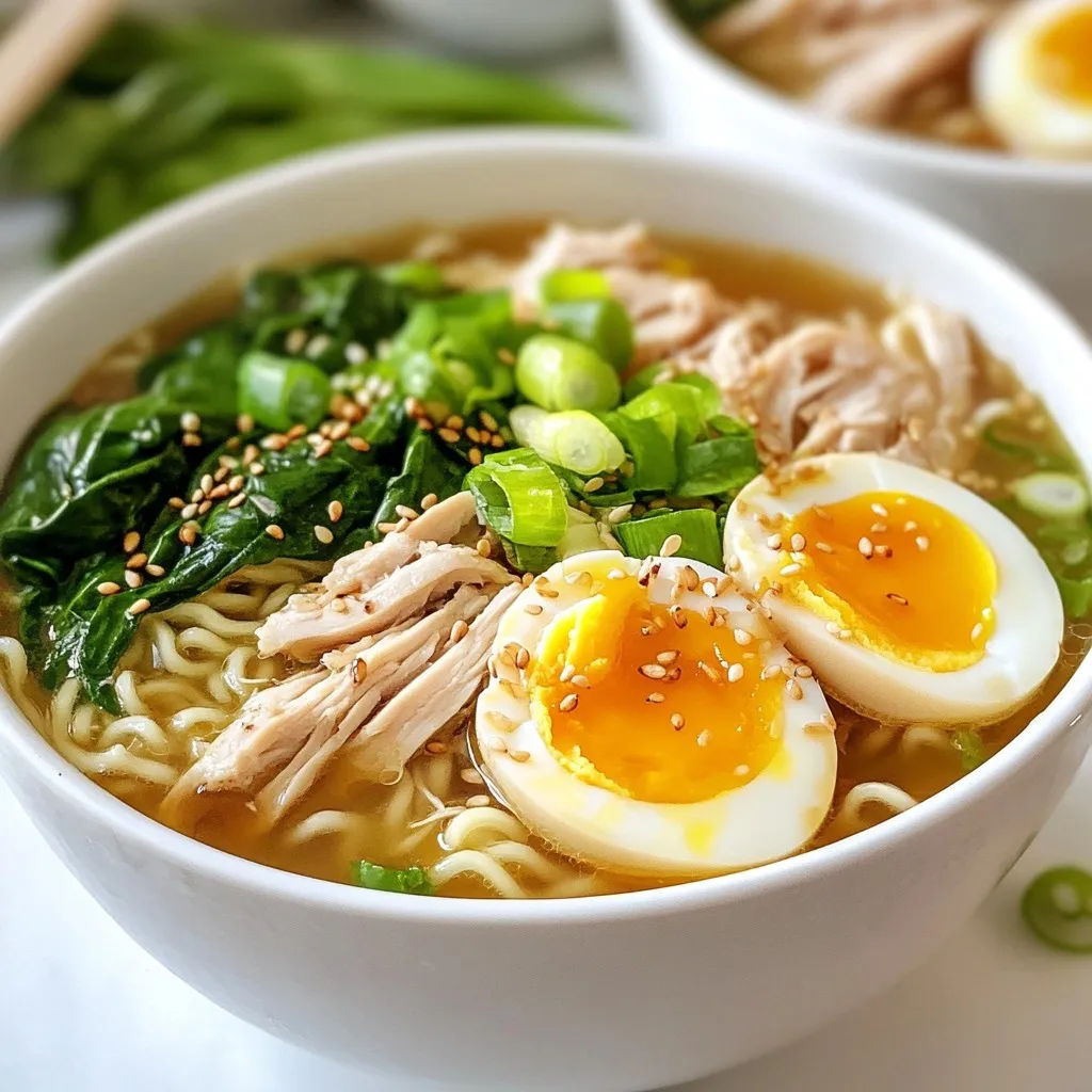 - 2 boneless, skinless chicken breasts - 4 cups low-sodium chicken broth - 2 packets of instant ramen noodles (discard flavor packets) - 1 cup shiitake mushrooms, thinly sliced - 2 cups fresh baby spinach - 2 green onions, finely sliced - 3 cloves garlic, minced - 1 tablespoon freshly grated ginger - 2 tablespoons soy sauce - 1 tablespoon sesame oil - Salt and pepper, to taste In this recipe, the main ingredients offer a mix of flavors and textures. The chicken breasts give a juicy protein base. Instant ramen noodles are quick and easy to cook. Shiitake mushrooms add depth with their earthy taste. Fresh baby spinach brings a bright color and healthy greens to the bowl. - 2 soft-boiled eggs (optional) - Garnishes like green onions and sesame seeds You can make your ramen even better with soft-boiled eggs. They add creaminess and richness to each bite. Green onions and sesame seeds are great for garnishing. They give extra flavor and make the dish look pretty too. - Calories per serving: Approximately 400 - Macro breakdown: - Proteins: 30g - Fats: 12g - Carbohydrates: 45g This easy chicken ramen packs a healthy punch. Each bowl has a good balance of proteins, fats, and carbs. It helps fuel your busy nights without weighing you down. Eating this dish makes you feel good while keeping it simple. {{ingredient_image_2}} To start, bring a large pot of water to a boil. Carefully add your boneless, skinless chicken breasts. Poach them for about 15 to 20 minutes. Make sure the chicken's internal temperature hits 165°F (75°C). Once cooked, take the chicken out and let it cool. After a few minutes, shred it into bite-sized pieces using two forks. For perfect poaching, keep the water at a gentle boil. Do not let it boil too hard; this keeps the chicken tender. You can also add a pinch of salt to the water for extra flavor. In a large saucepan, pour in 1 tablespoon of sesame oil and heat it over medium heat. Add 3 cloves of minced garlic and 1 tablespoon of freshly grated ginger. Sauté for about 1 minute until fragrant and lightly golden. Next, pour in 4 cups of low-sodium chicken broth. Bring it to a gentle simmer. Stir in 1 cup of thinly sliced shiitake mushrooms and 2 tablespoons of soy sauce. Allow this mixture to cook for about 5 minutes. This time helps the mushrooms become tender and flavorful. Now, it’s time for the ramen noodles. Add 2 packets of instant ramen noodles to the simmering broth. Cook them according to the package instructions, usually around 3 to 4 minutes. Stir occasionally to keep them from sticking together. Once the noodles are cooked, add in 2 cups of fresh baby spinach and the shredded chicken. Stir gently for about 2 minutes to let the spinach wilt. This adds color and nutrition to your dish. Adjust the broth seasoning with salt and pepper as desired. If you want soft-boiled eggs, prepare them by boiling them for 6 to 7 minutes. Then, place them in an ice bath. This stops the cooking. After cooling, peel and slice them in half. Serve your ramen in deep bowls. Top each bowl with half a soft-boiled egg, sliced green onions, and a sprinkle of sesame seeds for a delicious finish. To make your Easy Chicken Ramen even better, focus on the broth. Start with low-sodium chicken broth. This lets you control the salt level. Taste the broth as it simmers. Add salt and pepper until it fits your taste. You can also add more soy sauce for a deeper flavor. Next, use aromatics. Garlic and ginger boost your dish. Sauté them in sesame oil for a fragrant base. You can add toppings too. Green onions, sesame seeds, or even chili flakes add texture and taste. Don't skip these; they make a big difference. Soft-boiled eggs are a great addition. Boil them for 6-7 minutes for a creamy center. After boiling, place them in ice water. This stops cooking and makes peeling easier. Noodle clumping is common. Stir your noodles as they cook. This keeps them separate. Use a fork or chopsticks to help. If you see clumps, gently break them apart with a spoon. Keep stirring until they are fully cooked. One-pot cooking is a lifesaver. Cook the chicken, broth, and noodles all in one pot. This saves time and cuts down on dishes. After poaching the chicken, use the same pot for the broth. Just add the garlic, ginger, and broth next. Meal prep can help on busy nights. Cook a big batch and store it in the fridge. You can reheat it quickly when you need dinner. Just keep the toppings separate until serving. This keeps everything fresh and tasty. Pro Tips Use Fresh Ingredients: Whenever possible, opt for fresh vegetables and herbs to enhance the overall flavor of your ramen bowl. Customize Your Broth: Feel free to experiment with different types of broth, such as miso or vegetable broth, for a unique twist on the classic flavor. Perfect Soft-Boiled Eggs: To achieve the ideal soft-boiled egg, ensure you place the eggs in boiling water and then transfer them to an ice bath immediately after cooking. Garnish Creatively: Elevate your presentation with additional toppings like nori, chili oil, or pickled vegetables for extra color and flavor. {{image_4}} You can make easy chicken ramen your own by changing a few key ingredients. If you want a different protein, try using tofu or shrimp instead of chicken. Tofu adds a nice texture, while shrimp cooks quickly and gives a lovely flavor. For veggies, consider using bok choy or kale. Bok choy brings a crunchy bite, and kale is packed with nutrients. Both options add color and taste to your ramen. Want to spice things up? Try making spicy miso chicken ramen. Just add a tablespoon of miso paste and some chili flakes to the broth. This twist gives your ramen a bold kick. If you're in the mood for something creamy, go for coconut curry chicken ramen. Mix in some coconut milk and curry powder. This change will take your ramen to a whole new level of flavor. You can also tweak your ramen based on the seasons. In summer, try cold ramen variations. Chill the broth and serve it over cold noodles with fresh veggies. For winter, make your ramen warming. Add ingredients like carrots, corn, or even a splash of hot sauce. These additions will keep you cozy on a chilly night. After you make your easy chicken ramen, let it cool. Store leftovers in airtight containers. This keeps the ramen fresh and safe. You can keep it in the fridge for up to three days. The broth will stay tasty, but the noodles may soften over time. To freeze your ramen, separate the noodles and broth. This helps keep the texture. Place the noodles in one bag and the broth in another. Seal them tightly and label the bags. You can freeze them for up to three months. When you're ready to eat, thaw the broth in the fridge overnight. Reheat your ramen on the stove. This keeps the noodles firm and the broth hot. Add a splash of water if it seems too thick. For toppings, consider adding fresh green onions or a new soft-boiled egg. This adds flavor and makes the dish look nice. Enjoy your ramen again with fresh flavors! Homemade chicken ramen lasts about 3 to 4 days in the fridge. Store it in an airtight container. The noodles might get soggy over time, so eat it sooner rather than later. Yes, you can use regular ramen noodles. Just adjust the cooking time. Regular noodles may take longer to cook, so check the package for timing. You can use vegetable broth or mushroom broth. Both options provide great flavor. If you want a different taste, try using miso paste mixed with water. To cook soft-boiled eggs, place them in boiling water for 6 to 7 minutes. After cooking, move them to an ice bath for a few minutes. This helps stop the cooking. Then peel and slice them. Yes, Easy Chicken Ramen is great for meal prepping. You can cook it in advance and store it in the fridge. Just keep the noodles separate until you’re ready to eat. This keeps everything fresh and tasty. This easy chicken ramen guide covers all the essentials. You learned about key ingredients, step-by-step instructions, and tips for extra flavor. I shared ways to make it fit your taste and seasonal ideas too. Remember, homemade ramen is quick and fun. You can customize it to your liking every time. Enjoy your cooking journey!