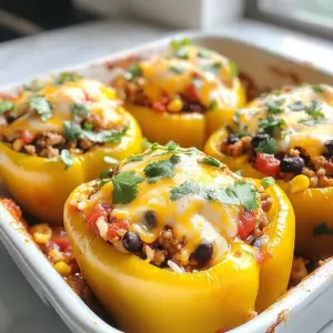 - 4 large bell peppers (any color for a vibrant look) - 1 lb ground turkey or beef (your choice of protein) - 1 cup cooked rice (white or brown works) - 1 can (15 oz) black beans, rinsed and drained - 1 cup corn (fresh, frozen, or canned) - 1 packet taco seasoning (store-bought or homemade) - 1 cup salsa (your favorite variety) - 1 cup shredded cheese (cheddar or Monterey Jack) - 2 tablespoons olive oil (for flavor and roasting) - Salt and pepper to taste - Fresh cilantro or parsley, chopped, for garnish You can switch up the ingredients for more flavor! Here are some options: - Use quinoa instead of rice for a nutty taste. - Replace ground meat with shredded chicken or even mushrooms for a veggie twist. - Add jalape&ntilde;os for a spicy kick or diced tomatoes for extra freshness. - Top with avocado slices or guacamole for creaminess. Each serving of taco stuffed peppers is hearty and filling. Here&rsquo;s a quick overview: - Calories: Around 350-400, depending on protein choice and toppings. - Protein: Approximately 25-30 grams, great for muscle health. - Fiber: About 8-10 grams from beans and veggies, great for digestion. - Vitamins: Rich in vitamins A and C from bell peppers and corn, boosting immunity. Enjoy these tasty ingredients while you create a meal that will impress! {{ingredient_image_2}} First, turn on your oven to 375&deg;F (190&deg;C). This gets it ready for baking. Next, take four large bell peppers. You can use any color you like. Cut the tops off and remove the seeds and membranes inside. This makes room for the filling. Drizzle olive oil over each pepper. This adds flavor and helps with roasting. Season them with salt and pepper. Stand them up in a baking dish so they won't fall over. In a large skillet, heat over medium heat. Add one pound of ground turkey or beef. Break it into small pieces while it cooks. Cook it for about 5 to 7 minutes until it's brown. If there is extra fat, drain it. Now, mix in one packet of taco seasoning. Stir it well into the meat. Next, add one cup of cooked rice, one can of rinsed black beans, and one cup of corn. Finally, pour in half of the salsa. Stir everything together and cook for another 3 to 4 minutes. Spoon the filling into each bell pepper. Pack it tightly to make sure they are full of flavor. Drizzle the rest of the salsa over the tops. Cover the baking dish with aluminum foil. Place it in the oven and bake for 25 minutes. After that time, take off the foil. Sprinkle one cup of shredded cheese on top of the peppers. Bake them uncovered for another 10 minutes. The cheese should melt and get a little golden. Once done, take the peppers out of the oven. Let them cool for a few minutes. Before serving, add some chopped cilantro or parsley on top. This gives a nice fresh touch to your meal. To make the best taco stuffed peppers, start with fresh bell peppers. Choose large ones that stand up well. Cut off the tops and scoop out the seeds. Drizzle with olive oil and season with salt and pepper. This adds flavor and helps them roast well. Cook the ground turkey or beef until it's browned. Stir in the taco seasoning to coat the meat well. This gives the filling a great taste. Mix in cooked rice, black beans, corn, and half of the salsa. Let it heat through for a few minutes to blend the flavors. Fill each pepper tightly with this mixture. This ensures every bite is packed with flavor. Store leftover taco stuffed peppers in an airtight container. They stay fresh in the fridge for up to three days. When you reheat, cover them with a damp paper towel. This keeps them from drying out. Heat in the microwave for two to three minutes. You can also bake them in the oven at 350&deg;F (175&deg;C) until hot. Serve taco stuffed peppers with a side of salsa or sour cream. A fresh salad adds a nice crunch. You can also pair them with tortilla chips for a fun twist. For drinks, try iced tea or a light beer. These pair well with the flavorful peppers. Enjoy your meal with friends and family for a festive touch! Pro Tips Choose Colorful Peppers: Using a mix of colored bell peppers not only enhances the visual appeal of your dish but also adds slight variations in flavor and sweetness. Customize Your Protein: Feel free to substitute ground turkey or beef with other proteins like chicken, tofu, or even lentils for a vegetarian option to suit your dietary preferences. Make Ahead: Prepare the filling in advance and refrigerate it. You can stuff and bake the peppers just before serving for a quick and easy meal. Experiment with Toppings: Don't hesitate to add your favorite toppings such as avocado, sour cream, or jalape&ntilde;os to elevate the flavor and texture of your stuffed peppers. {{image_4}} You can switch up the protein in your taco stuffed peppers. Ground turkey or beef works well, but many other options exist. Try using ground chicken for a lighter meal. For a richer taste, consider ground lamb. If you want a bit of spice, chorizo adds great flavor. If you prefer a meat-free meal, many substitutes fit well. Use lentils or quinoa for a hearty base. Beans like black or pinto can easily take the place of meat. If you like it creamy, add some mashed avocado or cashew cream. For vegan cheese lovers, there are many plant-based cheese options available. Feel free to be adventurous with your flavors. Add diced jalape&ntilde;os to spice things up. You can also mix in some chopped bell peppers or onions for a crunch. For a fresh twist, try adding lime juice or cilantro to the filling. Experiment with different salsas for unique tastes, like mango or pineapple salsa, to enhance the dish. To store leftover taco stuffed peppers, let them cool first. Place them in a tight container. You can keep them in the fridge for up to three days. If you want to keep them longer, freezing is a great option. Freezing taco stuffed peppers is simple. Wrap each pepper in plastic wrap. Then, place them in a freezer-safe bag or container. Make sure to remove as much air as you can. You can freeze them for up to three months. When you want to eat them, thaw them overnight in the fridge. Then, reheat in the oven until hot. The shelf life of the main ingredients varies. Here are some key points: - Bell Peppers: Last about one week in the fridge. - Ground Turkey or Beef: Raw meat lasts one to two days in the fridge. Cooked meat lasts three to four days. - Cooked Rice: Good for four to six days in the fridge. - Black Beans (canned): Last for three to four years when unopened; once opened, use within three to four days. - Corn: Fresh corn lasts about three days; canned corn lasts for two to five years unopened. - Salsa: Store-bought salsa lasts about one week after opening. By keeping track of these storage tips, you can enjoy your taco stuffed peppers longer. Yes, you can prepare Taco Stuffed Peppers ahead of time. You can make the filling and stuff the peppers. Then, cover them tightly and store them in the fridge. This makes a great meal for busy days. Just bake them when you are ready to eat. The flavors will blend nicely overnight. If you do not have taco seasoning, you can make your own. Use a mix of cumin, chili powder, garlic powder, and onion powder. You can also add paprika and oregano for extra flavor. This way, you control the spice level and flavors in your dish. The stuffed peppers are done when they are tender. The cheese should melt and bubble on top. You can use a fork to test the peppers. They should be easy to pierce but still hold their shape. If they look golden and smell great, they are ready to enjoy! This article covered how to make taco stuffed peppers. We explored the ingredients, steps to cook, and creative variations. I shared tips to ensure your peppers are just right. You learned how to store leftovers and answers to common questions. Taco stuffed peppers are a fun and tasty meal. They are great for any occasion. With these steps and ideas, you can enjoy delicious filled peppers at home. Happy cooking!