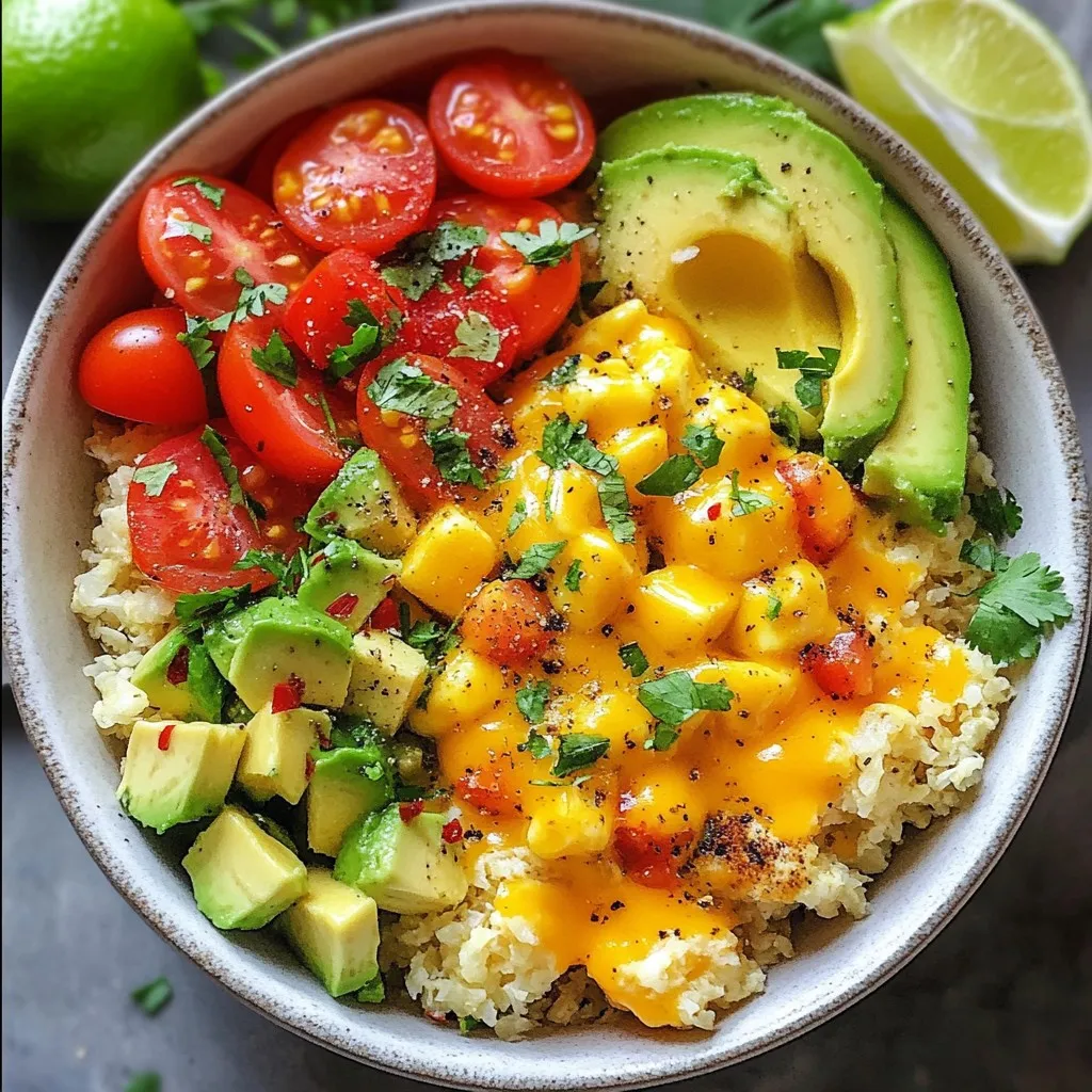- 1 cup riced cauliflower - 4 large eggs - 1 bell pepper, diced (any color) - 1 small onion, diced - 1 cup cherry tomatoes, halved - 1/4 cup shredded cheese (cheddar or pepper jack) - 1/4 cup avocado, diced The main ingredients form the heart of your breakfast burrito bowl. Riced cauliflower acts as a great low-carb base. Eggs add protein and richness. Bell pepper and onion give color and crunch. Cherry tomatoes provide freshness. Cheese adds creaminess, while avocado gives a smooth finish. - 1 teaspoon ground cumin - 1/2 teaspoon smoked paprika - Salt and pepper to taste The spices bring warmth and depth to the dish. Ground cumin adds an earthy note. Smoked paprika gives a hint of smokiness. Salt and pepper enhance all the flavors. Together, they create a tasty experience. - Fresh cilantro, chopped (for garnish) - Lime wedges (for serving) Garnishes elevate your dish. Fresh cilantro adds brightness and a burst of flavor. Lime wedges give a zesty kick. Squeeze lime over the bowl for extra zing. This makes each bite more delicious and refreshing. {{ingredient_image_2}} - Sautéing Onions and Peppers Start by heating one tablespoon of olive oil in a large skillet over medium heat. When the oil is hot, add the diced onion and bell pepper. Stir them for about 3 to 4 minutes. You want them soft and fragrant. They add great flavor to your bowl. - Adding Riced Cauliflower Next, add one cup of riced cauliflower to the skillet. Sprinkle in one teaspoon of ground cumin and half a teaspoon of smoked paprika. Season with salt and pepper to taste. Stir this mixture for 5 to 7 minutes. Cook until the cauliflower is warm and tender. - Whisking and Cooking the Eggs In a bowl, crack four large eggs and whisk them well. Once your cauliflower mixture is ready, push it to one side of the skillet. Pour the eggs onto the other side. Scramble them gently until they are fully cooked. - Folding Eggs into the Mixture After the eggs are set, fold them into the cauliflower mixture. Gently stir in one cup of halved cherry tomatoes. Cook this for another 2 minutes. You want the tomatoes heated but not mushy. - Adding Cheese and Garnishes Remove the skillet from the heat. Stir in a quarter cup of shredded cheese, like cheddar or pepper jack. Let the cheese melt into the warm mixture. - Serving the Burrito Bowl Spoon the hearty mixture into serving bowls. Top each bowl with a quarter cup of diced avocado and chopped fresh cilantro. Serve with lime wedges on the side for a fresh flavor boost. Enjoy your meal! - Ensuring Proper Texture of Cauliflower To get great texture, use fresh riced cauliflower. If using frozen, thaw and drain it well. This step keeps the bowl from being too watery. Cook it just until tender. It should still have some bite. - Cooking Eggs to Desired Consistency Whisk the eggs well before cooking. This adds air for fluffiness. Cook them on low heat to prevent browning. Stir gently for soft, creamy eggs. If you like firmer eggs, cook them a bit longer. - Colorful Garnishing Options Use bright toppings for visual appeal. Diced avocado adds creaminess and green color. Fresh cilantro provides a pop of flavor and color. Lime wedges add freshness. These make your dish look and taste better. - Bowl Selection Choose vibrant bowls to serve your burrito bowl. Unique shapes can add interest. Consider using clear bowls to show off the colorful layers. A well-presented dish enhances the dining experience. - Recommended Skillet Types A non-stick skillet is best for this dish. It helps prevent sticking and makes cleanup easy. A cast-iron skillet works well too, giving a nice sear to the veggies. - Essential Measuring Tools Use measuring cups and spoons for accuracy. A whisk is great for beating eggs. A spatula helps mix everything without damaging your skillet. Having the right tools makes cooking easier and more fun. Pro Tips Use Fresh Ingredients: Fresh vegetables and eggs will enhance the flavor and nutritional value of your breakfast burrito bowl. Customize Your Spices: Adjust the spices according to your preference. Adding a pinch of chili powder or cayenne can give it an extra kick! Make It Ahead: You can prepare the cauliflower and veggie mixture in advance. Just reheat and scramble the eggs when you're ready to serve. Experiment with Toppings: Feel free to add other toppings such as salsa, sour cream, or sliced jalapeños for added flavor and texture. {{image_4}} You can switch up the protein in your breakfast burrito bowl. Adding sausage or bacon gives a rich taste. Just cook them first, then add them to the mix. This adds flavor and a filling touch. If you want a vegan option, try incorporating tofu. Crumble firm tofu and cook it in the skillet. This adds protein and keeps the meal light. Season it with your spices for extra taste. The bell pepper can be different colors. Red, yellow, or green peppers all work great. Each color has its own sweet flavor. Feel free to mix them for a colorful dish. You can also add other veggies. Spinach or mushrooms blend well in the bowl. Just sauté them with the onions and peppers. This adds more nutrients and flavor to your meal. For cheese, you have options. If you're dairy-free, there are great cheese alternatives. Look for vegan cheeses that melt well. They can add creaminess without dairy. Trying different cheeses can change the flavor. Pepper jack brings spice, while cheddar adds sharpness. Experiment with your favorites to find the perfect taste for your bowl. To keep your Low-Carb Breakfast Burrito Bowl fresh, follow these steps: - Refrigeration Guidelines: Store leftovers in the fridge within two hours of cooking. Use airtight containers to keep out air and moisture. The bowl stays fresh for up to three days. - Best Containers to Use: Glass containers work well for storing. They don't stain or hold odors. You can also use BPA-free plastic containers. Just ensure they seal tightly. When it's time to enjoy your leftovers, reheating is key. Here’s how to do it: - Methods for Best Results: Use the microwave for convenience. Heat on medium power for two minutes, stirring halfway. You can also use a skillet on low heat. This method keeps everything warm and tasty. - Avoiding Soggy Ingredients: To prevent sogginess, cover with a lid but leave a small gap. This allows steam to escape, keeping your bowl fresh. If you want to save your Low-Carb Breakfast Burrito Bowl for later, freezing is a great option: - Freezing for Long-Term Storage: Cool the bowl completely before freezing. Portion it into single servings. Use freezer-safe containers or bags to save space. - Best Practices for Meal Prep: Label your containers with the date. This helps you keep track of freshness. You can freeze it for up to three months. When ready, thaw overnight in the fridge before reheating. A low-carb breakfast offers many benefits. First, it helps maintain stable blood sugar levels. This means you feel full longer and avoid energy crashes. Each serving of this burrito bowl is balanced with protein and healthy fats. Here’s a quick look at the macronutrients per serving: - Calories: 350 - Protein: 20g - Carbohydrates: 15g - Fiber: 5g - Fats: 25g These numbers show that you get good nutrition without too many carbs. Plus, the fiber from veggies helps keep your digestion on track. Yes, you can make this recipe ahead of time! Meal prepping makes mornings easier. Here are some tips for a smooth prep: - Cook and cool: Make the burrito bowl, then let it cool before storing. - Use containers: Split the mixture into meal prep containers. This keeps each serving fresh. - Store in the fridge: It stays good for up to four days. - Reheat properly: Warm it in the microwave before eating to enjoy it hot. Having this bowl ready means you can eat healthy even on busy days. If you want to change up the base, there are great low-carb veggie options. Here are some tasty alternatives: - Zucchini: Spiralize or grate it for a fun twist. - Broccoli: Chop it finely to mimic the cauliflower texture. - Shredded Cabbage: This adds a nice crunch and flavor. These substitutes keep your meal low-carb while adding unique tastes. Each option brings its own nutrients, so feel free to mix and match! This recipe brings together fresh ingredients like riced cauliflower, eggs, and veggies. The spices elevate the flavors, making it tasty and healthy. You can customize it with different proteins and cheese options. Storing and reheating leftovers is easy, ensuring you enjoy this dish multiple times. Remember, cooking should be fun and flexible. Try new variations to keep it exciting! Enjoy your delicious burrito bowl made just for you.