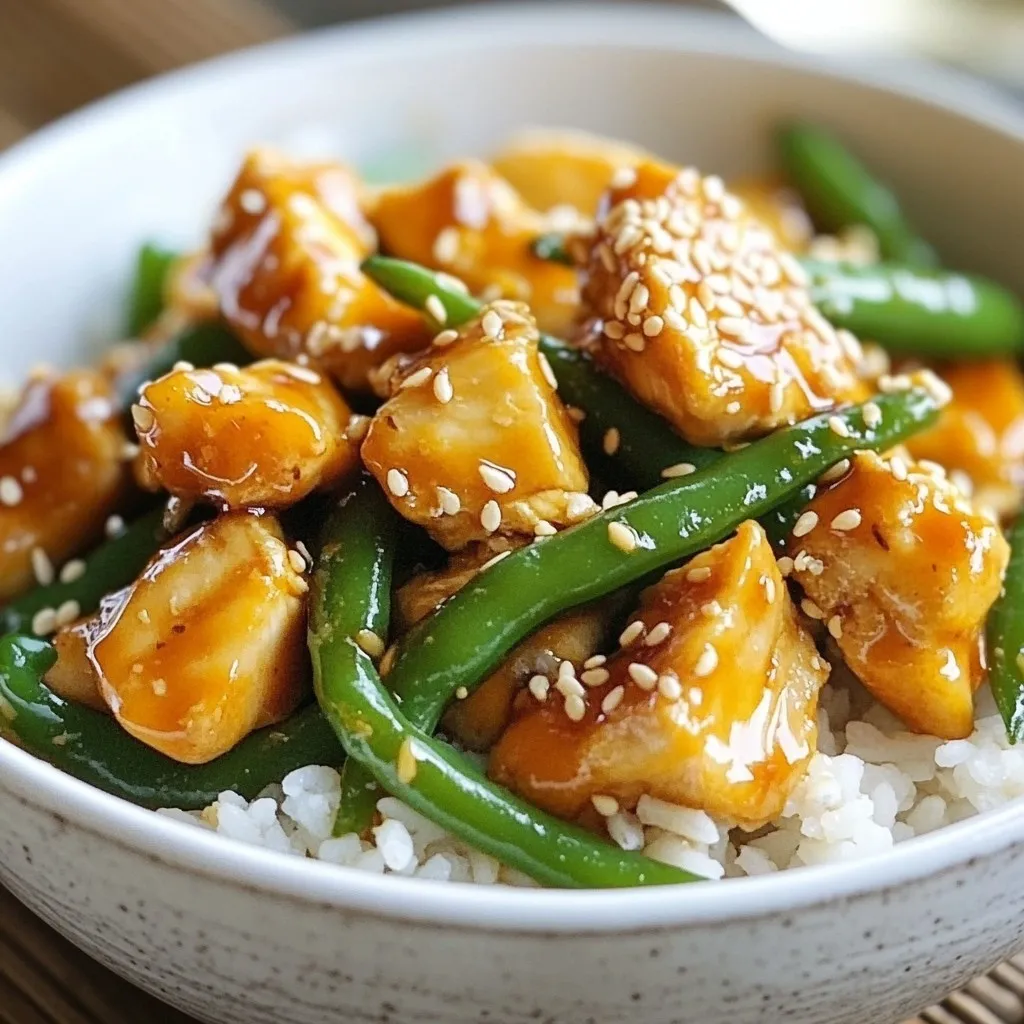 - 1 lb chicken breast, cut into bite-sized pieces - 2 cups green beans, trimmed and cleaned - 3 tablespoons sesame oil, divided - 3 tablespoons low-sodium soy sauce, divided - 2 tablespoons honey - 1 tablespoon rice vinegar - 1 tablespoon cornstarch - 2 tablespoons water - 2 cloves garlic, minced - 1 inch fresh ginger, grated - 2 tablespoons toasted sesame seeds (for enhanced flavor) - Salt and pepper, to taste - Cooked rice, for serving (optional) The marinade gives the chicken a great taste. Use 1 tablespoon of soy sauce. Add a pinch of salt and pepper. Mix it well with the chicken. Let it sit for at least 15 minutes. This will make the chicken juicy and flavorful. To make this dish even better, serve it over warm rice. Rice helps soak up the tasty sauce. You can also add fresh cilantro or sliced green onions on top. This adds color and a fresh taste. Enjoy your meal with friends or family for a fun time! {{ingredient_image_2}} Start by cutting the chicken breast into bite-sized pieces. In a bowl, add the chicken. Pour in 1 tablespoon of soy sauce. Season with a pinch of salt and pepper. Mix well to coat each piece. Let the chicken marinate for at least 15 minutes. This helps boost the flavor. In another small bowl, combine the remaining 2 tablespoons of soy sauce, honey, rice vinegar, cornstarch, and water. Whisk these ingredients together until smooth. This sauce will give your dish a tasty glaze. Heat 1 tablespoon of sesame oil in a large skillet over medium-high heat. Add the marinated chicken pieces once the oil is hot. Cook the chicken for about 6 to 8 minutes until golden brown. Stir occasionally for even cooking. Once done, remove the chicken and keep it warm on a plate. In the same skillet, add the other 2 tablespoons of sesame oil. When it heats up, add minced garlic and grated ginger. Sauté for about 30 seconds until you smell the aroma. Next, toss in the trimmed green beans. Stir-fry for 5 to 6 minutes until they turn bright green and tender but still crisp. Now, add the cooked chicken back to the skillet with the green beans. Pour the prepared sauce over everything. Stir well to coat all the ingredients evenly. Cook for an additional 2 to 3 minutes until the sauce thickens slightly. Make sure everything is heated through before serving. Transfer the sesame chicken and green beans onto serving plates. For a complete meal, serve it over warm cooked rice. You can also garnish with extra toasted sesame seeds or sliced green onions for added flavor and color. Enjoy your delicious creation! - Always marinate the chicken for at least 15 minutes. This makes it juicy and flavorful. - Use fresh garlic and ginger for the best taste. They add depth to the dish. - Stir-fry the green beans quickly over high heat. This keeps them crisp and bright. - Don’t skip the marinating step. It enhances the chicken's flavor. - Avoid overcrowding the skillet. Cook in batches if needed for even cooking. - Don’t overcook the green beans. They should be tender but still have a crunch. - Serve the dish in a large, bright bowl for a feast for the eyes. - Garnish with extra toasted sesame seeds or sliced green onions. This adds color and flavor. - Pair the dish with white or brown rice for a complete meal. It balances the flavors well. Pro Tips Marinate for Maximum Flavor: Allow the chicken to marinate for at least 30 minutes if possible. This enhances the flavor and tenderness of the chicken significantly. Use Fresh Ingredients: Fresh garlic and ginger will provide a more vibrant flavor compared to powdered versions. Always opt for fresh where possible. Adjust Sauce Thickness: If you prefer a thicker sauce, let it simmer for a few extra minutes after adding it to the chicken and green beans. Serve with Color: Garnish with sliced green onions or fresh cilantro for extra color and freshness. This not only enhances the look but adds a burst of flavor. {{image_4}} You can change the chicken for other meats. Try shrimp or tofu for a twist. Beef or pork also work well. Each protein brings a unique taste. Just adjust cooking times to suit the meat. Use shrimp for quick cooking. Tofu takes in all the flavors you add. Green beans are great, but you can mix in other veggies. Bell peppers add color and crunch. Broccoli gives a nice texture. Snap peas or carrots are tasty choices too. Just cut them to the same size. This way, they cook evenly. You can use any veggie you love. The sauce is key to this dish. You can tweak it to your taste. Add chili paste for heat or peanut butter for creaminess. Try lime juice for a zesty kick. Mix in fresh herbs like cilantro for brightness. These small changes can make a big difference. Be creative and have fun with flavors! To keep your sesame chicken and green beans fresh, store leftovers in an airtight container. Place the container in the fridge. It will stay good for up to three days. Make sure it cools down before sealing. This helps maintain flavor and texture. You can freeze this dish for longer storage. First, let it cool completely. Then, place it in a freezer-safe container or a heavy-duty freezer bag. Remove as much air as possible before sealing. This dish will last up to three months in the freezer. Label the container with the date for easy tracking. When ready to eat, thaw the dish in the fridge overnight. To reheat, use a microwave or a skillet. If using a microwave, cover it loosely. Heat for about two to three minutes, stirring halfway. If using a skillet, add a splash of water to keep it moist. Warm it on medium heat until heated through. This keeps the chicken juicy and the green beans crisp. You can make this recipe healthier by using less oil and sodium. Here are some tips: - Use skinless chicken breast. This reduces fat content. - Choose low-sodium soy sauce. This helps cut back on sodium. - Add more veggies. Try bell peppers or broccoli for extra nutrients. - Serve with brown rice or quinoa. These options offer more fiber than white rice. Yes, you can use frozen green beans! Here’s how: - Thaw them first. This helps avoid excess water in the dish. - Add them during the sauté step. Cook them a bit longer to ensure they’re heated through. If you don’t have sesame oil, try these substitutes: - Olive oil for a lighter flavor. - Peanut oil adds a nice nutty taste. - Canola oil is a neutral option that works well. Experiment with these oils for a tasty dish! This post covered the key ingredients for a delicious dish, from marinating the chicken to serving. You learned step-by-step instructions to make cooking easy and fun. I shared tips to enhance your cooking and common mistakes to avoid. Variations let you customize your dish to fit your taste. Finally, I included storage tips to keep leftovers fresh. With these insights, you can master this recipe and impress everyone at your table.