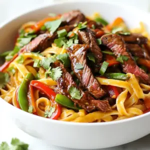 To make Sweet and Spicy Steak Pasta, gather these items: - 8 oz fettuccine pasta - 1 lb flank steak, thinly sliced against the grain - 2 tablespoons soy sauce - 2 tablespoons honey - 1 tablespoon sriracha (or more, depending on spice preference) - 1 teaspoon garlic powder - 1 teaspoon ground ginger - 1 red bell pepper, thinly sliced - 1 cup snap peas, trimmed - 3 green onions, finely chopped - 2 tablespoons olive oil - Salt and freshly ground black pepper, to taste - Fresh cilantro leaves, for garnish The key to the sweet and spicy taste lies in these ingredients: - Soy sauce: Adds saltiness and umami. - Honey: Gives sweetness and smoothness. - Sriracha: Brings heat and kick. - Garlic powder and ground ginger: Infuse depth and warmth in every bite. These elements create a balance that excites your taste buds. You can easily swap some ingredients based on what you have: - Pasta: Use any pasta shape you like, such as penne or spaghetti. - Flank steak: Try chicken or shrimp for a different protein. - Honey: Agave syrup or maple syrup can work as alternatives. - Sriracha: Use chili paste or hot sauce for heat. - Vegetables: Broccoli or zucchini can replace bell peppers and snap peas. These changes keep the dish fresh and fun, letting you play with flavors. {{ingredient_image_2}} Start by boiling water in a large pot. Add salt to the water once it boils. This adds flavor to the pasta. Then, add the fettuccine. Cook it based on the package instructions, usually around 8-10 minutes. Once it&rsquo;s al dente, drain the pasta in a colander. Remember to save about 1 cup of that pasta water for later. Set the drained pasta aside while you prepare the other ingredients. Grab a medium mixing bowl for the marinade. Combine the sliced flank steak with soy sauce, honey, sriracha, garlic powder, and ground ginger. Mix everything well. Make sure each piece of steak is coated evenly. Cover the bowl and let it sit in the fridge. Allow it to marinate for at least 15 minutes. This step is key to bringing out those sweet and spicy flavors. Heat olive oil in a large skillet over medium-high heat. Wait until the oil shimmers before adding the marinated flank steak. Spread the steak out in a single layer. Cook it for 5-7 minutes. Stir occasionally to get an even cook. The steak should be nicely browned when done. Once it&rsquo;s ready, move the steak to a plate and cover it with foil to keep it warm. In the same skillet, add the sliced red bell pepper and snap peas. Saut&eacute; them for 3-4 minutes. You want them vibrant and tender but still crisp. Lower the heat to medium now. Add the cooked fettuccine to the skillet along with the veggies. Gradually pour in some of that reserved pasta water. Mix it well to find your preferred sauce consistency. Start with half a cup and adjust as needed. Return the cooked flank steak to the skillet. Toss everything gently to blend the flavors. Season with salt and freshly ground black pepper to taste. Once done, remove the skillet from heat. Transfer the pasta to a serving dish or shallow bowls. Sprinkle with chopped green onions. Finish with fresh cilantro leaves for a colorful and delicious touch. Enjoy your meal! To get juicy, tender steak, start by choosing flank steak. It cooks quickly and is easy to slice. Slice the steak against the grain. This helps keep it tender. Marinate the steak for at least 15 minutes. A longer marinating time adds more flavor. Cook it in a hot skillet. This gives a nice sear. Avoid overcooking; aim for medium-rare. This keeps the steak juicy. A good marinade makes your steak pop. Combine soy sauce, honey, sriracha, garlic powder, and ground ginger. Each ingredient adds a unique taste. The soy sauce gives umami flavor. Honey brings a sweet touch. Sriracha adds a spicy kick. Garlic powder and ginger add warmth. Mix these well, and coat the steak evenly. Let it sit in the fridge. This allows the flavors to soak in. For perfect pasta, start with a big pot of boiling salted water. Add the fettuccine and cook until al dente. This usually takes about 8 to 10 minutes. Stir it often to prevent sticking. Reserve some pasta water before draining. This starchy water helps make the sauce creamy. Drain the pasta, but don&rsquo;t rinse it. Rinsing removes the starch that helps sauce cling to the noodles. Pro Tips Marinate Longer for More Flavor: If time allows, marinate the steak for at least 30 minutes or even overnight. This will enhance the flavors and tenderness of the meat. Use Fresh Ingredients: Opt for fresh vegetables and high-quality flank steak for the best taste. Fresh produce will add vibrant color and flavor to the dish. Adjust Spice Levels: Feel free to tweak the amount of sriracha to suit your heat preference. You can also add red pepper flakes for additional spice. Reserve More Pasta Water: Keep extra pasta water on hand as you mix the pasta and sauce. It helps to create a silky texture for the sauce. {{image_4}} You can easily swap the flank steak for chicken or shrimp. For chicken, use thinly sliced breasts or thighs. Marinate them the same way as the steak. Cook them for about 5-6 minutes in the skillet until they are fully cooked. If you prefer shrimp, use about 1 pound of large shrimp. Cook them for about 3-4 minutes until they turn pink. Both options keep the dish flavorful and satisfying. For a vegetarian twist, replace the steak with tofu. Use firm tofu, cut into cubes. Press the tofu to remove excess moisture first. Then marinate it in the same sauce for about 30 minutes. Cook the tofu in the skillet until golden brown. You can also add more veggies, like broccoli or carrots, to boost nutrients. This makes the dish colorful and healthy, while still being tasty. Adjust the heat to suit your taste. If you want a milder dish, cut back on the sriracha. You can also add sweet bell peppers, which balance the spice. If you love heat, increase the sriracha or add red pepper flakes. This way, you can customize the flavor and make it just right for you. To store leftovers, let the pasta cool to room temperature. Place it in an airtight container. Make sure to store the steak and vegetables with the pasta. This way, they keep their flavor. You can keep the leftovers in the fridge for up to three days. If you plan to eat them later, store them right away. When you're ready to eat, you can reheat the pasta easily. Use a microwave-safe bowl. Add a splash of water to keep it moist. Heat it in short bursts, stirring in between. This helps it warm evenly. You can also use a skillet on low heat. Add a bit of olive oil or butter for extra flavor. If you want to freeze this dish, it's best to do it before adding fresh toppings. Divide the pasta into meal-sized portions. Use freezer-safe bags or containers. Remove as much air as possible to avoid freezer burn. You can freeze it for up to three months. When you are ready, thaw it overnight in the fridge. Reheat it as mentioned above for a quick meal. It takes about 30 minutes to cook Sweet and Spicy Steak Pasta. You spend 15 minutes prepping the ingredients and marinating the steak. Then, you cook the pasta and steak in about 15 minutes. This dish is quick and perfect for a weeknight meal. Yes, you can prepare parts of this dish ahead of time. You can marinate the steak up to 24 hours in advance. Cook the pasta and veggies just before serving. This way, you keep the flavors fresh and vibrant. You can serve Sweet and Spicy Steak Pasta with a simple side salad. A fresh green salad with a light vinaigrette works great. You can also add garlic bread for a filling meal. For drinks, consider iced tea or a light red wine. This article covered how to make delicious sweet and spicy steak pasta. We explored essential ingredients and substitutions for taste. You learned step-by-step cooking instructions, including tips for the perfect steak. We discussed variations for proteins and veggie options too. Finally, we went over storage and reheating tips. Remember, cooking can be fun and creative. Enjoy making this dish your own!