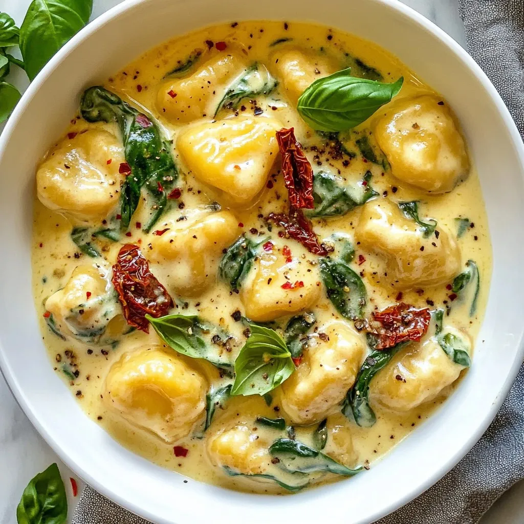 To make Millionaire Gnocchi, you need a few key items. Gather these essentials: - 1 lb potato gnocchi (store-bought or homemade) - 2 tablespoons olive oil - 1 cup heavy cream - 1 cup freshly grated Parmesan cheese - 1 tablespoon garlic, minced - 1 teaspoon fresh thyme, chopped (or 1/2 teaspoon dried thyme) - 1 cup spinach, roughly chopped - 1/2 cup sun-dried tomatoes, chopped - 1/4 teaspoon red pepper flakes (optional) - Salt and pepper to taste - Fresh basil leaves, for garnish These ingredients form the base of this creamy delight. The potato gnocchi adds texture, while the heavy cream and Parmesan create a rich sauce. Want to elevate your dish further? Here are some premium options to consider: - Truffle oil for drizzling - Lobster or shrimp for a seafood twist - Wild mushrooms for an earthy flavor Adding any of these ingredients makes the dish even more special. They enhance both the taste and the look of your meal. Feel free to experiment! Here are some optional ingredients to personalize your gnocchi: - Peas for a pop of color - Asparagus for a fresh crunch - Different herbs like basil or parsley These additions let you tailor the dish to your taste. Adjust the flavors and textures to create your perfect Millionaire Gnocchi. Enjoy the process! {{ingredient_image_2}} First, fill a large pot with water. Add a good amount of salt. Bring the water to a boil. Once it boils, add 1 lb of potato gnocchi. Cook according to the package or until they float. This usually takes just a few minutes. Once done, drain them and set them aside. Now, grab a large pan. Heat 2 tablespoons of olive oil over medium heat. Add 1 tablespoon of minced garlic. Sauté for about one minute. Be careful not to let the garlic burn. Next, pour in 1 cup of heavy cream. Let it gently simmer. Stir in 1 cup of freshly grated Parmesan cheese. Mix until the cheese melts and makes the sauce creamy. Add 1 teaspoon of chopped fresh thyme, 1 cup of roughly chopped spinach, and 1/2 cup of chopped sun-dried tomatoes. If you like a bit of spice, add 1/4 teaspoon of red pepper flakes. Stir everything together until the spinach wilts and blends well. Now comes the best part! Gently fold the cooked gnocchi into the creamy sauce. Make sure each gnocchi is covered with sauce. Season with salt and pepper to taste. Let the gnocchi simmer in the sauce for 2-3 minutes. This helps them soak up all the flavors. Finally, take the pan off the heat. Serve hot, garnished with fresh basil leaves. Enjoy your creamy and luxurious Millionaire Gnocchi! To cook gnocchi right, use a big pot. Fill it with salted water and bring it to a boil. Drop in the gnocchi and watch them closely. They are done when they float to the top. This usually takes just a few minutes. Once they rise, take them out and set them aside. For a rich and smooth sauce, start with olive oil. Heat it in a large pan over medium heat. Add minced garlic and stir for about one minute. You want the garlic to smell great, but don’t let it burn. Next, pour in heavy cream and bring it to a gentle simmer. Stir in freshly grated Parmesan cheese until it melts. This will make your sauce creamy and tasty. Add fresh thyme, chopped spinach, and sun-dried tomatoes. If you like a little heat, add red pepper flakes. Stir everything until the spinach wilts and the sauce is blended well. Presentation matters! Serve your Millionaire Gnocchi in shallow bowls. Drizzle a bit of cream sauce over the top. For a lovely finish, sprinkle more Parmesan cheese. Fresh basil leaves make a great garnish too. They add color and flavor. Enjoy your dish warm, and watch everyone rave about it! Pro Tips Use Fresh Ingredients: Opt for fresh spinach and high-quality Parmesan cheese to elevate the flavor of your gnocchi dish. Customize Your Sauce: Feel free to add other ingredients like mushrooms or bell peppers to the sauce for additional flavor and texture. Perfectly Cooked Gnocchi: To ensure your gnocchi is light and fluffy, avoid overcooking them. They should float to the surface when ready. Garnish for Presentation: Add a sprinkle of crushed red pepper flakes or extra basil on top just before serving for a pop of color and flavor. {{image_4}} You can easily switch Millionaire Gnocchi to a vegetarian dish. Replace the heavy cream with a plant-based cream. Almond or oat cream works well. Use vegetable broth instead of chicken broth. This keeps the dish rich but meat-free. You can also add mushrooms for an earthy flavor. They add texture and depth to the dish. If you want more protein, consider adding chickpeas or lentils. They boost the meal without changing the taste too much. For a meatier option, try diced chicken or shrimp. Both pair nicely with the creamy sauce. Cook the protein separately and mix it in at the end. This keeps the flavors balanced and delicious. Seasonal ingredients can change the dish each time you make it. In spring, add fresh asparagus or peas for a pop of color. In summer, mix in zucchini or bell peppers. Fall brings butternut squash or pumpkin, which adds sweetness. In winter, root vegetables like carrots or parsnips work great. Always match your ingredients to the season for the best flavors. To keep your Millionaire Gnocchi fresh, store it in an airtight container. Let the dish cool to room temperature first. This helps prevent moisture build-up. Place the container in the fridge. It should last about three days. When storing, try to keep the sauce and gnocchi separate if possible. This helps maintain the texture. When reheating, avoid a microwave if you can. Instead, use a skillet over low heat. Add a splash of cream or water to keep it moist. Stir gently to warm the gnocchi without breaking it apart. Heat for about five minutes. This helps keep the gnocchi soft and creamy, just like when you first made it. You can freeze Millionaire Gnocchi for later! Start by letting it cool completely. Portion it into freezer-safe bags or containers. Remove as much air as you can. It will stay good in the freezer for about three months. When you're ready to eat, thaw it overnight in the fridge. Reheat it gently in a skillet, adding a bit of cream. Enjoy the flavors all over again! Yes, you can prepare Millionaire Gnocchi in advance. Cook the gnocchi and sauce separately. Store them in the fridge. When you're ready to eat, mix them and heat gently. This keeps the flavors fresh and tasty. Use starchy potatoes for the best gnocchi. Russet potatoes work great. They give the gnocchi a light and fluffy texture. Avoid waxy potatoes, as they can make a dense dough. To make Millionaire Gnocchi dairy-free, swap the cream for plant-based cream. Use nutritional yeast instead of Parmesan for a cheesy flavor. This keeps the dish rich and flavorful without dairy. In this post, we explored how to make Millionaire Gnocchi. We covered key ingredients, including essential, premium, and optional choices. Then, we walked through step-by-step instructions for preparation and creating a rich sauce. I shared tips for perfect cooking and garnishing. We looked at vegetarian options and storage methods for leftovers. Making this dish at home is fun and rewarding. With these details, you can create a creamy, delicious meal that impresses everyone. Enjoy your cooking journey!