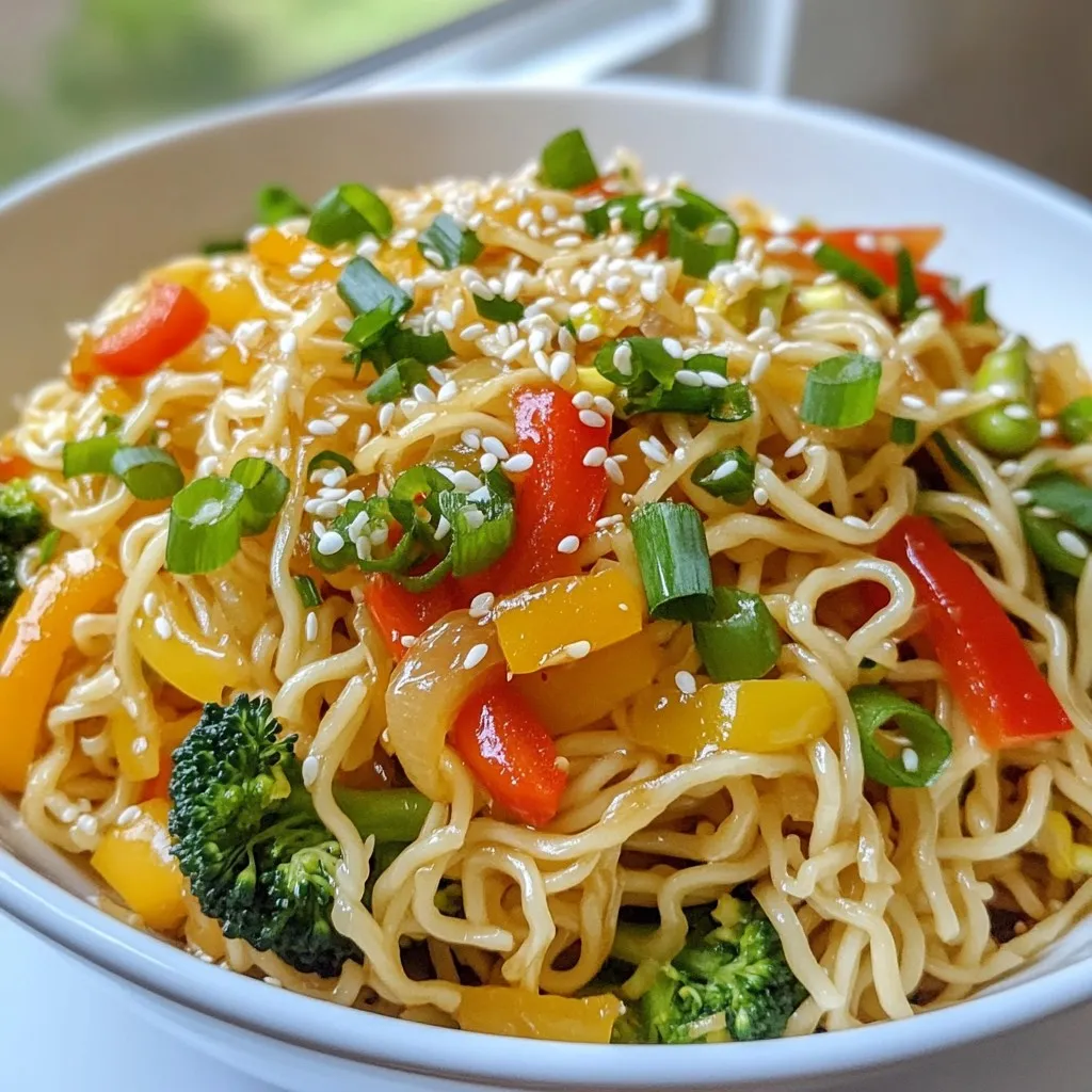- 8 oz egg noodles (or ramen noodles) - 2 tablespoons vegetable oil - 1 cup mixed bell peppers, julienned - 1 small carrot, julienned - 1 cup broccoli florets - 2 green onions, thinly sliced - 2 cloves garlic, finely minced - 3 tablespoons soy sauce - 1 tablespoon sesame oil - 1 teaspoon fresh ginger, grated - Salt and freshly cracked pepper - Sesame seeds for garnish For this quick and tasty dish, you need a mix of fresh ingredients. I prefer to use vibrant bell peppers for color and crunch. The egg noodles or ramen noodles serve as the base. Vegetables are key. They add texture and flavor. Use broccoli florets for a nice bite. Julienne the carrots and peppers for even cooking. The green onions add a fresh touch at the end. Don’t forget the aromatics! Garlic and ginger bring warmth and depth. They make the dish smell amazing. The soy sauce and sesame oil add a savory kick. Adjust these based on your taste. Finally, the sesame seeds are a must! They add a nice crunch and look great on the plate. When you gather these ingredients, you are set for a delightful meal. {{ingredient_image_2}} To cook the noodles, start with a large pot. Bring salted water to a strong boil. Add in 8 oz of egg noodles. Cook them for about 3 minutes. You want them to be al dente, which means they should still have a slight bite. Drain the noodles in a colander. Rinse them with cold water. This stops the cooking process and keeps them from getting soggy. Set the noodles aside for later. While the noodles cook, let’s prepare the vegetables. For the mixed bell peppers and carrot, use a sharp knife to julienne them. This means cutting them into thin strips. For the broccoli, break it into small florets. Make sure each piece is bite-sized. This helps them cook evenly. Once cut, keep the veggies aside until you need them. Next, heat oil in a skillet or wok. Pour in 2 tablespoons of vegetable oil. Turn the heat to medium-high. Wait until the oil shimmers and is hot. Add 2 cloves of minced garlic and 1 teaspoon of grated ginger to the hot oil. Stir-fry for about 30 seconds until they smell good. Then, add the julienned bell peppers, carrot, and broccoli florets. Stir-fry for 3-4 minutes. You want the veggies tender but still crunchy. Now, it’s time to combine everything. Gently add the pre-cooked noodles into the skillet with the veggies. Use a spatula to toss everything together. Make sure the noodles and veggies mix well. Next, drizzle in 3 tablespoons of soy sauce and 1 tablespoon of sesame oil. Toss again to coat everything evenly. Taste, and add salt and freshly cracked pepper if needed. This step ensures every bite is flavorful. To keep your veggies crunchy, stir-fry them for just a few minutes. Start with garlic and ginger for flavor. Then, add bell peppers, carrots, and broccoli. Cook until they are bright and tender. Avoid overcooked noodles by boiling them for only three minutes. Rinse them under cold water to stop the cooking. This keeps them firm and ready to fry. Adjust the soy sauce based on your taste. If you love saltiness, add more. For a lighter flavor, use less. Sesame oil adds a nice nutty touch. Don't skip the garnishes! Green onions and sesame seeds make each bite pop. They add color and crunch to your dish. Serve your noodles in shallow bowls for a nice look. This way, everyone sees the colorful veggies. Add a sprig of fresh cilantro on top for extra flair. Using chopsticks to eat adds fun too! Choose bright dishware to highlight the dish's colors and make it appealing. Pro Tips Use Fresh Ingredients: Fresh vegetables will enhance the flavor and nutritional value of your dish. Opt for seasonal produce whenever possible. Customize Your Noodles: Feel free to substitute egg noodles with whole wheat or gluten-free options based on your dietary preferences. Adjust the Sauce: Experiment with different types of soy sauce, such as low-sodium or tamari, to suit your taste and health needs. Spice It Up: If you enjoy heat, add a pinch of red pepper flakes or a drizzle of sriracha for an extra kick in flavor. {{image_4}} You can add protein to your Minute Pan-Fried Noodles for extra flavor and nutrition. Here are some tasty options: - Chicken: Use about 1 cup of cooked, diced chicken. Cook it for 5-7 minutes until golden. - Shrimp: Add 1 cup of shrimp. Cook for 2-3 minutes until they turn pink. - Tofu: Use 1 cup of firm tofu, cut into cubes. Cook for about 4-5 minutes until golden. Adding protein makes the dish more filling and satisfying. You can switch up the vegetables based on what you have. Here are some ideas for seasonal swaps: - Zucchini: Slice it thin. It cooks quickly and adds a nice texture. - Snap Peas: These add a sweet crunch. Stir-fry them for about 2 minutes. - Spinach: Toss in a handful at the end. It wilts quickly and adds nutrients. Using different vegetables not only boosts the dish’s flavor but also increases its nutritional value. If you love heat, add a spicy kick to your noodles. Here’s how to do it: - Chili Flakes: Sprinkle in about 1 teaspoon while cooking. Adjust based on your spice level. - Sriracha: Drizzle some on top right before serving. It packs a flavorful punch. Balancing the heat is key. You want to enhance the flavors, not overpower them. To keep your Minute Pan-Fried Noodles fresh, use airtight containers. Glass or plastic containers work great. Make sure to cool the noodles before sealing them. Store them in the fridge for up to three days. If you plan to eat them later, try to keep the veggies separate to avoid sogginess. When it's time to enjoy your leftovers, use the stovetop for the best results. Heat a pan over medium heat and add a splash of water. This will help keep the noodles moist. Stir them gently to avoid sticking. If you're in a hurry, you can use the microwave. Just cover the bowl with a damp paper towel. This helps prevent drying out. You can freeze cooked noodles for longer storage. First, let them cool completely. Then, place them in a freezer-safe bag. Remove as much air as possible before sealing. They can last up to three months in the freezer. When you're ready to eat, thaw them in the fridge overnight. Reheat them as you normally would, adding a bit of water if needed. Pan-fried noodles can last about 3 to 5 days in the fridge. To store them, place the noodles in an airtight container. Make sure they are cool before sealing. This keeps them fresh and prevents moisture loss. Always check for any off smells or signs of spoilage before eating. Yes, you can easily make this recipe gluten-free. Use rice noodles or gluten-free egg noodles instead of traditional egg noodles. For soy sauce, choose a gluten-free version or use tamari. Both options give great flavor without gluten. Egg noodles and ramen noodles are both great choices for pan-frying. Egg noodles cook quickly and have a nice chew. Ramen noodles are also quick and can get crispy when fried. Avoid using thick pasta, as it may not cook evenly in this quick dish. To save time, prep ingredients ahead of time. Chop your veggies and cook noodles the day before. You can also use pre-cooked or instant noodles. They take less time to cook. Keep your skillet hot to speed up cooking the vegetables. Absolutely! To make this recipe vegetarian, simply skip the meat and use vegetable broth instead of any meat-based sauces. You can also add more vegetables or tofu for protein. This keeps the dish hearty and satisfying without any meat. In this blog post, we explored the key ingredients for delicious pan-fried noodles and how to cook them perfectly. We discussed cooking techniques, tips for great flavor, and variations to suit your taste. It's clear that with the right ingredients and methods, you can create a tasty meal. Remember to store leftovers properly and enjoy the creative options this dish offers. Your pan-fried noodle adventure starts now!