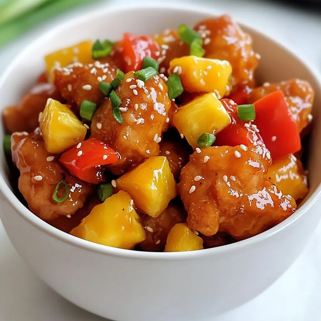 Chicken and Vegetables - 1 lb boneless, skinless chicken breast, cut into bite-sized pieces - 1 bell pepper (red or green), chopped into bite-sized pieces - 1 cup pineapple chunks (fresh or canned, drained) In this dish, chicken and vegetables play key roles. I prefer boneless chicken breast for its tender bite. Bell peppers add color and crunch, while pineapple brings a sweet twist. Staples for the Sauce - 1/2 cup granulated sugar - 1/3 cup ketchup - 1/3 cup apple cider vinegar - 1 tablespoon soy sauce (low-sodium recommended) - 1 teaspoon garlic powder - 1 teaspoon ginger, minced - Salt and pepper to taste The sauce is what makes this dish shine! Sugar balances the vinegar's tang. Ketchup adds depth, while soy sauce gives it umami. Garlic and ginger round out the flavors, making every bite delightful. {{ingredient_image_2}} Start by seasoning 1 pound of boneless, skinless chicken. Use salt and pepper to taste. Next, sprinkle 1/2 cup of cornstarch over the chicken pieces. Toss them well so each piece is coated. This coating helps the chicken get that crispy texture when cooked. Heat 2 tablespoons of olive oil in a large skillet over medium-high heat. Once hot, add the chicken in batches. Avoid overcrowding the pan, as this can steam the chicken instead of frying it. Cook for 5 to 7 minutes. Turn the pieces often for even browning. Remove the chicken once golden brown and set it aside on a plate. Without cleaning the skillet, add 1 chopped bell pepper. Sauté it for 2 to 3 minutes until it softens. Then, add 1 cup of pineapple chunks. Stir for another minute. This step enhances the flavors and makes the veggies sweet and tasty. In a separate bowl, whisk together 1/2 cup of granulated sugar, 1/3 cup of ketchup, 1/3 cup of apple cider vinegar, and 1 tablespoon of soy sauce. Add 1 teaspoon of garlic powder and 1 teaspoon of minced ginger. Whisk until it's smooth and well combined. This sauce is what makes the dish pop. Return the cooked chicken to the skillet with the sautéed vegetables. Pour the sweet and sour sauce over everything. Stir gently to ensure even coating. Let the mixture simmer on medium heat for 3 to 4 minutes. This helps the sauce thicken and blend well with the chicken and veggies. Once done, taste the dish. Adjust salt or pepper as needed. To serve, transfer the sweet and sour chicken to a dish. For a nice touch, garnish with chopped green onions and sesame seeds. This makes the meal look pretty and adds extra flavor. To create a great sweet and sour dish, you need the right balance of sweet and sour. Adjust the sweetness by adding more sugar or using less. If it’s too sweet, add more apple cider vinegar. Start with a small amount and taste as you go. This way, you can find that perfect spot. Using cornstarch is key for crispy chicken. After you season the chicken, coat it well in cornstarch. This coating helps to create a nice crust when you cook it. When frying, don’t crowd the pan. Cook in batches if needed. This ensures each piece gets even heat and stays crispy. For a smooth sauce, mix the ingredients well. If your sauce is too thick, add a splash of water or more vinegar. Stir it in until you reach your desired consistency. If it’s too thin, let it simmer longer. This will help it thicken up nicely. Pro Tips Perfecting the Crunch: For an extra crispy texture, let the coated chicken rest for about 10 minutes before frying. This helps the cornstarch adhere better. Choosing the Right Pineapple: Fresh pineapple adds a brighter flavor, but canned pineapple works well too. Just ensure it's well-drained to avoid excess moisture. Balancing Sweetness: Adjust the sugar in the sauce to your taste preference. If you like it tangier, reduce the sugar slightly or add more vinegar. Garnishing for Flavor: Don't skip the green onions and sesame seeds; they not only add visual appeal but also a burst of flavor that complements the dish beautifully. {{image_4}} You can use different proteins for sweet and sour dishes. Try pork, shrimp, or tofu. Each option brings a unique taste and texture. For pork, use tenderloin or shoulder cut into bite-sized pieces. Shrimp cooks quickly, so add them during the last few minutes of cooking. For tofu, use firm tofu. Press it to remove excess water, then cut it into cubes and coat with cornstarch. This will help it crisp up nicely. To make this dish vegan, swap chicken for plant-based proteins. Use tofu, seitan, or tempeh as the base. Air-fry or pan-fry your chosen protein for a crispy finish. Instead of chicken broth, use vegetable broth to maintain flavor. For a fruity twist, you can add more vegetables like snap peas or carrots. These will add color and crunch to your dish. Sweet and sour chicken has many faces worldwide. In China, it often includes bell peppers and pineapple. In Thailand, you might find a spicy twist with chili peppers added. In the Philippines, they might serve it with a sweeter sauce made with mango. Each region adds its flair, making this dish versatile and fun to explore. Experiment with local ingredients to create your own version! To store leftover sweet and sour chicken, place it in a sealed container. Make sure it cools down first. This dish stays fresh in the fridge for about 3 to 4 days. When you reheat it, check for any off smells. If it smells bad, throw it away. Always use clean utensils to avoid bacteria. You can freeze sweet and sour chicken for longer storage. Use a freezer-safe container or a zip-top bag. Remove as much air as you can to prevent freezer burn. It can last up to 3 months in the freezer. When you're ready to eat, let it thaw overnight in the fridge. This keeps the texture nice. To reheat sweet and sour chicken, you can use the stove or microwave. If using the stove, heat it in a pan over medium heat. Stir it often to heat evenly. If using the microwave, cover it with a lid or microwave-safe wrap. Heat in short bursts, stirring in between. Make sure it reaches 165°F (74°C) for safe eating. Enjoy it just like fresh! Sweet & sour chicken lasts about 3 to 4 days in the fridge. Store it in an airtight container. This keeps the chicken fresh and safe to eat. Yes, you can use frozen chicken! Just thaw it completely before cooking. This ensures even cooking and good texture. Great sides for sweet and sour chicken include: - Steamed rice - Fried rice - Noodles - Broccoli - Stir-fried vegetables These sides balance the dish's flavors and add nutrition. Yes, this recipe is perfect for meal prep! You can make a big batch and divide it into portions. Store the chicken and sides in separate containers for easy meals. Absolutely! You can make the sauce ahead and store it in the fridge. Just mix the ingredients and keep it in an airtight jar. Use it within a week for the best flavor. You learned the key steps to make sweet and sour chicken at home. First, gather your chicken, veggies, and sauce ingredients. Then, follow the cooking tips for great flavor and texture. Don't forget the variations for different diets. Store leftovers safely and enjoy them later. This dish is easy and fun to make. With these tips, you can impress your family or friends. Get cooking!