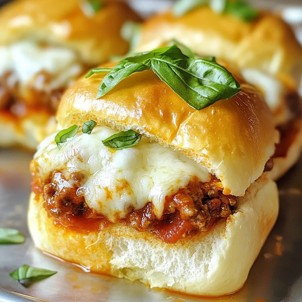 To make Italian grinder sliders, you need some key ingredients. Each one plays a part in creating that rich flavor. - 1 pound ground beef and 1 pound Italian sausage - 1 small onion, finely chopped - 2 cloves garlic, minced - 1 teaspoon dried oregano - 1 teaspoon Italian seasoning - 1/2 teaspoon red pepper flakes (optional, for added heat) - 1 cup marinara sauce - 12 slider buns - 1 cup shredded mozzarella cheese - 1/2 cup grated Parmesan cheese - Fresh basil leaves, for garnish These ingredients work together to build a tasty slider. The ground beef and sausage give it depth, while the onions and garlic add a nice base flavor. The spices bring warmth and a hint of heat if you choose to add red pepper flakes. Marinara sauce ties it all together, adding moisture and richness. Don't forget the cheeses! Mozzarella melts beautifully, while Parmesan adds a sharp note. Finally, fresh basil not only looks nice but brings a burst of freshness. Gather these ingredients, and you're ready to create a mouthwatering dish. Let's dive into the steps to make these sliders shine! {{ingredient_image_2}} First, I heat a large skillet over medium heat. I add 1 pound of ground beef and 1 pound of Italian sausage, breaking up the meat with a wooden spoon. I cook this for about 8-10 minutes until it turns brown and is fully cooked. Next, I add 1 small finely chopped onion and 2 cloves of minced garlic. I sauté these for 3-4 minutes until the onion is soft. Then, I mix in 1 teaspoon of dried oregano and 1 teaspoon of Italian seasoning. If you like heat, add 1/2 teaspoon of red pepper flakes. I let this cook for another minute to bring out the flavors. Finally, I pour in 1 cup of marinara sauce and stir well. I let this simmer for about 5 minutes to blend the flavors nicely. Now, I preheat my oven to 375°F (190°C). I slice 12 slider buns in half and place the bottom halves in a baking dish. I spoon the meat mixture generously over these buns, spreading it evenly. Next, I sprinkle 1 cup of shredded mozzarella cheese on top, followed by 1/2 cup of grated Parmesan cheese. I press the top halves of the buns gently over the cheese layer. I cover the baking dish with aluminum foil and place it in the preheated oven for 15 minutes. After that, I carefully remove the foil and bake for another 10 minutes. This step helps the tops of the buns become golden brown and the cheese bubble up. Once baked, I take them out and let them cool for a few minutes. I garnish with fresh basil leaves before serving to add a lovely touch. To make your sliders pop, adjust the seasoning. Try adding more red pepper flakes for heat. If you like it mild, skip them. I often use homemade marinara. It gives a fresh taste. Store-bought sauces save time but may lack depth. Serve these sliders on a big wooden board. Add a bowl of marinara for dipping. Pair them with crispy potato chips or a fresh salad. This combo brings balance and crunch. Chop your onions and garlic small for even cooking. Use a sharp knife to save time. When cooking meat, keep the heat medium. This helps it brown nicely without burning. Break up the meat as it cooks for the best texture. Pro Tips Mixing Meats: Combine different types of ground meats for a richer flavor profile. The blend of ground beef and Italian sausage adds depth to the sliders. Cheese Options: Experiment with different cheeses like provolone or fontina for a unique twist on the classic flavor. These can melt beautifully and add a different taste. Make Ahead: Prepare the meat mixture a day in advance and store it in the fridge. This allows the flavors to develop further and makes the assembly quicker on the day of serving. Serving Suggestions: Pair the sliders with a fresh side salad or crispy potato wedges for a complete meal experience. It balances the richness of the sliders perfectly. {{image_4}} You can change the cheese for your Italian grinder sliders. Provolone adds a nice flavor. It melts well and gives a creamy bite. Cheddar is another good choice. It brings a sharp taste that contrasts with the meat. If you want a twist, try fontina. It's rich and smooth. Mix and match cheeses for your perfect blend. You can make these sliders vegetarian too! Use plant-based ground meat instead of beef and sausage. There are many options on the market now. You can even use chopped mushrooms or lentils for texture. They add a nice earthy flavor and are very filling. Don’t forget to add extra spices to boost the taste! You can make your marinara sauce just how you like it. If you like heat, add red pepper flakes for a spicy kick. You can also toss in extra veggies. Chopped bell peppers or spinach can add color and nutrients. Simmer these veggies in the sauce to let the flavors blend. This gives your sliders a fresh and tasty twist! To keep your Italian grinder sliders fresh, let them cool first. Place them in an airtight container. Use parchment paper between layers to avoid sticking. Store in the fridge for up to three days. This way, they stay tasty and safe to eat. You can freeze these sliders for later. First, assemble the sliders but do not bake them. Wrap each slider tightly in plastic wrap. Then, place them in a freezer bag. They can stay good for up to three months. When you're ready to eat, thaw them in the fridge overnight. To reheat, bake at 375°F for about 20 minutes until hot. In the fridge, your sliders last about three days. If you freeze them, they can last up to three months. Always check for any signs of spoilage before eating. Enjoy them fresh for the best taste! Bake your Italian grinder sliders for 25 minutes. First, cover them with foil for 15 minutes. Then, remove the foil and bake for 10 more minutes. This helps the tops get golden brown and the cheese melt nicely. Yes, you can prep these sliders ahead. Assemble them and keep them covered in the fridge. Bake them just before serving for the best taste. This makes it easy for parties or gatherings. Great sides include: - Crispy potato wedges - Fresh garden salad - Garlic bread - Coleslaw These sides balance the rich flavors of the sliders. To reheat, place sliders in the oven at 350°F (175°C). Heat for about 10-15 minutes. This keeps them warm and the cheese melty. You can also microwave them for a quicker option. They can be spicy! The red pepper flakes add heat if you choose to use them. If you want less spice, just skip them. The flavors still shine through without the spice. Use soft slider buns for the best texture. Here are some great options: - Hawaiian rolls - Potato buns - Mini ciabatta These choices add flavor and hold the filling well. This post shared how to make delicious Italian grinder sliders. You learned about the key ingredients, like ground beef, sausages, and cheeses. I gave you step-by-step instructions, plus tips to perfect the flavors. You can even explore variations, from vegetarian options to different cheeses. Lastly, I explained how to store your sliders for later. No matter your choice, these sliders promise satisfaction! Enjoy your cooking and the tasty results.