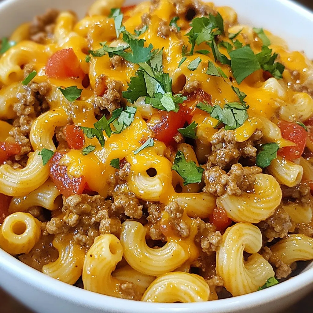 - 1 lb ground beef - 8 oz elbow macaroni - 1 small onion, finely diced - 2 cloves garlic, minced - 1 packet of taco seasoning (or use a homemade blend) - 1 can (15 oz) diced tomatoes with green chiles - 2 cups beef broth - 1 cup corn (canned or frozen) - 1 cup shredded cheddar cheese - 2 tablespoons olive oil - Fresh cilantro, chopped (for garnish) - Salt and pepper, to taste Using fresh ingredients makes a big difference in taste. I recommend fresh garlic and onion for a great base. The taco seasoning boosts flavor, but you can make your own if you want. Mix chili powder, cumin, and paprika to create a nice blend. The beef broth adds richness to the dish. You can use low-sodium broth if you prefer less salt. Diced tomatoes with green chiles bring heat and flavor. Adjust the amount based on your spice level. For a cheesy finish, use a good quality cheddar. It melts well and adds creaminess. Fresh cilantro at the end gives a fresh touch. You can swap ground beef for ground turkey or chicken. These options still keep it hearty but are leaner. If you want a meatless version, try black beans or lentils instead. For pasta, try shells or penne if you don't have elbow macaroni. Use vegetable broth instead of beef broth for a vegetarian option. You can also mix in different vegetables like bell peppers or zucchini for extra nutrients. These substitutions help customize the dish to your taste and dietary needs. Enjoy experimenting! {{ingredient_image_2}} Start by gathering all your ingredients. This makes cooking easier and faster. You need: - 1 lb ground beef - 8 oz elbow macaroni - 1 small onion, finely diced - 2 cloves garlic, minced - 1 packet of taco seasoning - 1 can (15 oz) diced tomatoes with green chiles - 2 cups beef broth - 1 cup corn - 1 cup shredded cheddar cheese - 2 tablespoons olive oil - Fresh cilantro, chopped - Salt and pepper, to taste Next, finely dice the onion and mince the garlic. This will help release their flavors. Set them aside for later use. In a large skillet, heat the olive oil over medium heat. Once hot, add the diced onion and minced garlic. Sauté for about 3-4 minutes. You want the onion to be soft and fragrant. Then, add the ground beef. Use a wooden spoon to break it apart. Cook the beef for 5-7 minutes. Make sure it is browned and cooked through. If there is excess fat, drain it carefully from the skillet. Now, stir in the taco seasoning. Let it cook for 1-2 minutes. This step helps bring out the spice flavors. Pour in the can of diced tomatoes and the beef broth. Stir it well and bring everything to a gentle simmer. Add the elbow macaroni to the skillet. Stir to combine it with the other ingredients. Cover the skillet and let it simmer for about 10-12 minutes. Stir occasionally, until the pasta is al dente and most of the liquid is absorbed. After the pasta is cooked, fold in the corn and shredded cheddar cheese. Stir until the cheese melts. This adds creaminess to the dish. Taste and season with salt and pepper as needed. Finally, remove the skillet from heat. Garnish with freshly chopped cilantro. Serve hot for a comforting meal. Enjoy the bold flavors in each bite! To make your Beef Taco Pasta Skillet shine, follow these tips: - Use lean ground beef. This keeps your dish light and tasty. - Sauté onions and garlic well. Cook them until soft to build flavor. - Don’t skip the taco seasoning. It adds that bold taco taste. - Stir often while simmering. This helps the pasta cook evenly. - Taste as you go. Adjust salt and pepper to fit your liking. Make your meal pop with these serving ideas: - Use deep bowls. This adds a nice touch and holds the sauce well. - Top with fresh cilantro. This gives a burst of color and flavor. - Serve with lime wedges. A squeeze of lime adds freshness. - Pair with tortilla chips. They add crunch and enhance the taco vibe. Avoid these common missteps: - Overcooking the pasta. Keep an eye on it to ensure it stays al dente. - Not draining excess fat. This can make your dish greasy. - Skipping the simmer. Letting it simmer helps meld the flavors. - Ignoring leftovers. They can taste even better the next day! Pro Tips Brown the Beef: Ensure the ground beef is well browned for better flavor. This step helps to develop a rich, savory taste. Use Homemade Taco Seasoning: For a fresher taste, consider making your own taco seasoning using spices like cumin, paprika, and chili powder. Don’t Overcook the Pasta: Since the pasta will continue to cook even after you remove it from the heat, aim for al dente for the best texture. Add Extra Veggies: Feel free to include additional vegetables like bell peppers or zucchini for more nutrition and color in your dish. {{image_4}} You can easily make this dish vegetarian or vegan. Use plant-based ground meat instead of beef. Look for brands that mimic the texture and taste of real meat. For vegans, use vegetable broth instead of beef broth. You can also add more veggies like bell peppers or zucchini for extra flavor. If you like heat, add some chopped jalapeños or a pinch of cayenne. You can also use hot taco seasoning instead. If you prefer less spice, choose a mild seasoning. Adjust the amount based on your taste. Feel free to customize your Beef Taco Pasta Skillet. Add black beans for protein or diced bell peppers for crunch. You could mix in some spinach for extra nutrients. Experiment with different cheeses like pepper jack or mozzarella for a twist. This dish is fun and allows for creativity! After you enjoy your Beef Taco Pasta Skillet, store leftovers in an airtight container. Make sure to let it cool down first. The pasta can absorb moisture, so keep it sealed tight. You can store it in the fridge for up to three days. When you're ready to enjoy your leftovers, you can reheat them on the stove or in the microwave. If using the stove, add a splash of beef broth to keep the pasta moist. Stir it often over low heat until it's warm. If using a microwave, heat in short bursts. Stir in between to avoid hot spots. To freeze your Beef Taco Pasta Skillet, place it in a freezer-safe container. Make sure to leave some space at the top for expansion. Seal it well and label it with the date. It can last up to three months in the freezer. When you are ready to eat, thaw it in the fridge overnight before reheating. To make this dish in a slow cooker, start by browning the ground beef in a pan. This step adds great flavor. After browning, add the beef to the slow cooker. Then, mix in the diced onion, minced garlic, taco seasoning, diced tomatoes, beef broth, and elbow macaroni. Stir everything well. Cook on low for about 4-6 hours. When it's almost done, mix in the corn and cheese. Let it melt before serving. Yes, you can swap out the elbow macaroni. Feel free to use penne, rotini, or any pasta you like. Just remember that cooking times may change. Make sure to check the pasta for doneness. Cook until it is al dente. This keeps your dish from getting mushy. This meal pairs well with a fresh salad or some warm tortillas. You can also serve it with lime wedges for a zesty kick. Sour cream or avocado slices add creaminess too. A side of black beans or rice would complete the meal nicely. This blog post covers all aspects of making Beef Taco Pasta. We discussed key ingredients, step-by-step cooking instructions, and shared tips for perfect results. I also offered ideas for variations, storage info, and common questions to enhance your cooking experience. Remember, you can easily adjust this dish to fit your taste. With practice, you can make a delicious meal that everyone will enjoy. Enjoy cooking and experimenting with Beef Taco Pasta!