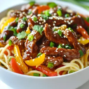 - 8 oz rice noodles - 1 lb flank steak, thinly sliced against the grain - 1 tablespoon cornstarch - 2 tablespoons vegetable oil - 1 onion, thinly sliced - 3 cloves garlic, minced - 1 inch fresh ginger, finely grated - 1 bell pepper, thinly sliced - 3 green onions, chopped into 1-inch pieces - 1/4 cup soy sauce - 2 tablespoons brown sugar - 1 tablespoon sesame oil - 1 teaspoon red pepper flakes (optional) - Salt and pepper to taste You can add more veggies to your dish. Try mushrooms or broccoli for extra crunch. If you like heat, toss in more red pepper flakes. For a hint of sweetness, add more brown sugar. You can also experiment with different bell peppers. Red adds sweetness, green has a nice bite. - Large skillet or wok - Medium bowl - Cooking utensils (spatula, tongs) - Knife and cutting board - Measuring spoons and cups - Colander for draining noodles These tools will make your cooking process easier. Having them ready helps you focus on making a great meal. Enjoy the fun of cooking Mongolian Beef Noodles! {{ingredient_image_2}} First, cook the rice noodles. Follow the package instructions. Once done, drain them well. This step keeps them from sticking together. Next, take the flank steak and slice it thinly. Make sure to cut against the grain. In a bowl, mix the beef with cornstarch. Toss well until it coats the meat evenly. This helps the beef get a nice crisp when you cook it. Heat vegetable oil in a large skillet or wok over high heat. When the oil is hot, add the beef in a single layer. Sear for 2-3 minutes without moving it. This forms a lovely brown crust. Flip the beef and cook for another 2 minutes. Once done, transfer the beef to a plate and set it aside. In the same skillet, lower the heat a bit. Add sliced onion, minced garlic, and grated ginger. Stir-fry these for 1-2 minutes. You want them fragrant and the onions softening. Now, add the sliced bell pepper. Stir-fry for another 2-3 minutes. The pepper should be tender but still crisp. This adds color and crunch to your dish. Return the cooked beef to the skillet. Add chopped green onions next. Pour in soy sauce, sprinkle brown sugar, and drizzle sesame oil. If you like spice, add red pepper flakes. Stir everything together. Make sure the beef and veggies are well coated. Finally, gently add the cooked rice noodles. Toss all the ingredients together in the sauce. Stir-fry for an extra 2-3 minutes. This ensures everything is well mixed and heated through. Taste and season with salt and pepper as needed. Adjust with more brown sugar or soy sauce if you like it sweeter or saltier. Enjoy your delicious Mongolian Beef Noodles! To get the best beef texture, start with flank steak. Slice it thinly against the grain. This helps the meat stay tender. Then, coat the beef in cornstarch. This gives it a crispy finish when you cook it. Make sure your skillet is hot before adding the beef. Sear it without moving for a nice brown crust. A good marinade can boost flavor. For a simple one, mix soy sauce and brown sugar. Add some garlic and ginger for a deeper taste. Let the beef marinate for at least 15 minutes. This step is key to making the meat flavorful. You can also add sesame oil for a nutty touch. One mistake is overcrowding the pan. If you add too much beef, it stews instead of sears. Cook in batches to avoid this. Another error is not seasoning well. Always taste and adjust salt and sugar. Lastly, don&rsquo;t skip the green onions. They add freshness and crunch. Pro Tips Choose the Right Cut: Flank steak is ideal for this recipe due to its flavor and tenderness when sliced against the grain. Ensure you don't overcook it to maintain its juiciness. Perfecting the Noodles: Rinse the cooked rice noodles under cold water after draining to prevent them from sticking together. This step is crucial for achieving that perfect stir-fry texture. Adjusting Spice Levels: If you're sensitive to spice, start with a smaller amount of red pepper flakes. You can always add more to the dish later, but it&rsquo;s hard to tone down the heat once it's in! Garnish Wisely: For an extra burst of flavor and crunch, consider garnishing with toasted sesame seeds and fresh cilantro. This not only enhances the dish visually but also adds depth to its flavor profile. {{image_4}} To make Mongolian Beef Noodles vegetarian or vegan, swap the beef. Use tofu or tempeh instead. Press and cube the tofu for best results. Marinate it in soy sauce and cornstarch. This gives a similar texture when cooked. You can also add mushrooms for a meaty flavor. Use the same cooking steps, and enjoy a tasty plant-based meal. If you love spice, add more heat to your dish. Start by increasing the red pepper flakes. You can also add fresh chili peppers. Slice them thin and toss them in with the onions. For extra flavor, try a splash of sriracha or chili oil. Adjust the spice to your liking. This spicy twist will surely excite your taste buds. While rice noodles are traditional, feel free to experiment. Try egg noodles for a richer taste. Udon noodles provide a thick, chewy bite. Soba noodles offer a nutty flavor and are a great option too. Each type of noodle changes the dish's character. Cook according to the package instructions for the best results. To keep your Mongolian Beef Noodles fresh, let leftovers cool first. Place them in an airtight container. This helps prevent any moisture loss or spoilage. Store the noodles in the fridge for up to three days. If you see any signs of spoilage, like a bad smell or changed color, throw it away. When you&rsquo;re ready to enjoy your leftovers, you can easily reheat them. Use a skillet over medium heat. Add a splash of water or broth to keep the noodles moist. Stir gently for about five minutes. This warms the dish evenly. You can also microwave them in short intervals. Cover with a damp paper towel to keep the noodles from drying out. If you want to save your Mongolian Beef Noodles for a longer time, freezing is a great option. Allow the dish to cool completely before packing. Use a freezer-safe container or heavy-duty freezer bags. Try to remove as much air as possible to prevent freezer burn. Label the container with the date. You can freeze them for up to three months. When ready to eat, thaw overnight in the fridge before reheating. Mongolian Beef Noodles come from Chinese cuisine. They mix Mongolian flavors with noodles. This dish isn&rsquo;t really from Mongolia. Instead, it is popular in Chinese restaurants. The dish uses soy sauce, beef, and noodles. It is tasty and satisfying. Yes, you can use other cuts of meat. Sirloin or ribeye work well too. If you like chicken, try chicken breast instead. Just slice it thinly. Cook it the same way as flank steak. This gives you different flavors and textures. To make Mongolian Beef Noodles gluten-free, use rice noodles. They are safe for gluten-free diets. Check the soy sauce label; use gluten-free soy sauce. You can also use tamari instead. This will keep the flavors rich without gluten. Mongolian Beef Noodles pair well with simple sides. You can serve steamed broccoli or bok choy. These add a nice crunch and color. Fried rice is another good option. It complements the noodles and beef well. For a refreshing touch, try a light cucumber salad. Mongolian beef noodles use simple ingredients and easy steps to create a tasty dish. You learned how to prepare the noodles, cook the beef, and add tasty veggies. Remember, customization allows you to impress with unique flavors. Pay attention to tips and avoid common mistakes. Store and reheat leftovers for future meals. Embrace the joy of cooking with this dish. You can make it your own while enjoying great flavors. Dive in and savor every bite!