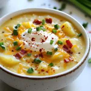 - 4 large russet potatoes - 1 medium onion - 3 cloves garlic - 4 cups vegetable broth The main ingredients are the heart of this soup. Russet potatoes work best for their creamy texture. Dice the potatoes into even cubes for even cooking. The onion adds sweetness, while garlic brings depth. The vegetable broth serves as a flavorful base, making each bite rich and savory. - 1 cup heavy cream - 1 cup sharp cheddar cheese - &frac12; cup sour cream Dairy ingredients create that luxurious creaminess. Heavy cream makes the soup silky and rich. Sharp cheddar cheese adds a kick of flavor that blends well. Sour cream gives a tangy finish, balancing the richness perfectly. - 1 teaspoon smoked paprika - 1 teaspoon dried thyme - &frac14; cup green onions - Salt and pepper Seasonings elevate the soup's flavor. Smoked paprika adds warmth and depth, while dried thyme introduces an earthy note. Don&rsquo;t forget salt and pepper; they enhance all the flavors. Green onions on top add a fresh, crunchy garnish that brightens the dish. {{ingredient_image_2}} Start by heating a splash of olive oil in a large pot over medium heat. Once the oil shines, add the finely diced onion. Saut&eacute; the onion for about 5 minutes until it softens and turns clear. Then, add the minced garlic and cook for one more minute. Stir it well to release its lovely aroma. Next, toss in the cubed russet potatoes. Pour in the vegetable broth and bring the mix to a strong boil. Once it boils, lower the heat and cover the pot. Let it simmer for 15 to 20 minutes until the potatoes are tender and easy to pierce with a fork. After the potatoes are cooked, it&rsquo;s time to blend. Use an immersion blender to puree the soup. Blend until it&rsquo;s smooth and creamy. If you prefer some texture, blend just half of it. This keeps some potato chunks, which adds heartiness to the dish. Once blended, stir in the heavy cream, grated sharp cheddar cheese, and sour cream. Add the smoked paprika, dried thyme, salt, and freshly ground black pepper. Heat the soup gently for about 5 minutes. This allows the cheese to melt and flavors to mix. Finally, fold in the crumbled turkey bacon. Taste the soup and adjust the seasoning if needed. Ladle the creamy soup into bowls. For a nice touch, sprinkle chopped green onions on top and add a bit more cheese if you like. Enjoy your warm, comforting loaded potato soup! To make your soup creamy, choose the right blending method. I like to use an immersion blender. It gives a smooth texture without transferring hot soup to a blender. Blend until you see a velvety finish. If you prefer some chunks, blend only half the soup. You can adjust the creaminess by adding more heavy cream. Start with one cup, then taste. Add more if you want it richer. Balancing flavors is key to a great soup. Use smoked paprika and dried thyme to add depth. Start with one teaspoon of each. Taste your soup after adding these spices. If it needs more kick, add salt and pepper. Always taste as you go. This helps you find the perfect balance for your taste. How you serve your soup can make it even more appealing. Garnish with chopped green onions for color and crunch. Drizzle sour cream on top for a creamy finish. You can also add extra cheese for a rich touch. These small details make your soup look great and taste even better. Pro Tips Choose the Right Potatoes: For the best texture, use russet potatoes as they become fluffy and creamy when cooked. Season Gradually: Taste the soup as you go and adjust the seasoning in stages to achieve a well-balanced flavor. Texture Preference: If you prefer a chunkier soup, reserve some potato cubes before blending and add them back in after pureeing. Garnish Creatively: Elevate presentation by adding a swirl of sour cream and a sprinkle of fresh herbs or additional cheese on top before serving. {{image_4}} You can make this soup without meat. Use vegetable broth instead of chicken broth. Replace turkey bacon with a plant-based option. This keeps the soup tasty and hearty. For a vegan version, swap the heavy cream and sour cream with coconut milk or cashew cream. Nutritional yeast can add a cheesy flavor too. Want to boost flavor? Add fresh herbs like parsley or chives. They add a bright touch to the soup. You can also mix in different cheeses. Try gouda, mozzarella, or pepper jack for unique tastes. Each cheese brings a different creaminess and flavor profile. If you like heat, spice up your soup. You can add red pepper flakes or cayenne for extra kick. For a smoky flavor, use smoked paprika instead of regular paprika. This gives the soup warmth and depth. Adjust the spice to your taste for a comforting bowl. Loaded potato soup keeps well in the fridge for about 3 to 4 days. Store it in airtight containers to keep it fresh. Make sure the soup cools before sealing. This helps avoid extra moisture inside the container. You can also divide the soup into smaller portions for easy reheating. To freeze loaded potato soup, let it cool completely. Then, pour the soup into freezer-safe bags or containers. Make sure to leave space for expansion. The soup can last for up to 3 months in the freezer. When you're ready to eat, thaw it in the fridge overnight. For quicker thawing, place the bag in cold water. You can reheat the soup on the stove or in the microwave. For the stove, heat it gently over medium-low. Stir often to avoid sticking. In the microwave, use a microwave-safe bowl. Heat in short bursts, stirring in between. This helps keep the texture and flavor. If the soup thickens too much, add a splash of broth or cream. Yes, you can make Loaded Potato Soup ahead of time. This soup tastes even better the next day. To prep, follow these tips: - Cook the soup and cool it down. - Store it in an airtight container in the fridge for up to three days. - When ready to serve, reheat the soup on low heat. Stir often to keep it smooth. - You may need to add a splash of broth or cream for the best texture. Absolutely! You can use various potatoes for this soup. Here are some options: - Yukon Gold: Creamy and buttery taste. - Red Potatoes: Slightly sweet and hold their shape well. - Fingerling Potatoes: Unique shape and flavor, great for a twist. Each potato brings a different taste and texture to the soup. Experiment to find what you love best! Yes, Loaded Potato Soup can be gluten-free. Here&rsquo;s what to check: - Vegetable broth: Ensure it is labeled gluten-free. - Cheese and sour cream: Most are gluten-free, but always check the labels. - Bacon: Most bacon is gluten-free, but some may have fillers. This soup can be safe for those with gluten allergies or sensitivities. Always read labels to be sure! You now have a clear recipe for making Loaded Potato Soup. We covered the main ingredients, steps, and customization options. I shared tips for making it creamy and flavorful while also offering ways to store it. Whether you want a classic version or a vegan twist, this soup can fit any need. Enjoy creating a warm bowl that brings comfort and joy to your table today.