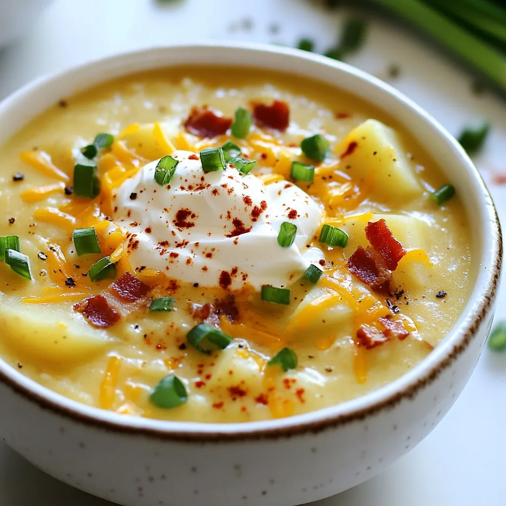 - 4 large russet potatoes - 1 medium onion - 3 cloves garlic - 4 cups vegetable broth The main ingredients are the heart of this soup. Russet potatoes work best for their creamy texture. Dice the potatoes into even cubes for even cooking. The onion adds sweetness, while garlic brings depth. The vegetable broth serves as a flavorful base, making each bite rich and savory. - 1 cup heavy cream - 1 cup sharp cheddar cheese - ½ cup sour cream Dairy ingredients create that luxurious creaminess. Heavy cream makes the soup silky and rich. Sharp cheddar cheese adds a kick of flavor that blends well. Sour cream gives a tangy finish, balancing the richness perfectly. - 1 teaspoon smoked paprika - 1 teaspoon dried thyme - ¼ cup green onions - Salt and pepper Seasonings elevate the soup's flavor. Smoked paprika adds warmth and depth, while dried thyme introduces an earthy note. Don’t forget salt and pepper; they enhance all the flavors. Green onions on top add a fresh, crunchy garnish that brightens the dish. {{ingredient_image_2}} Start by heating a splash of olive oil in a large pot over medium heat. Once the oil shines, add the finely diced onion. Sauté the onion for about 5 minutes until it softens and turns clear. Then, add the minced garlic and cook for one more minute. Stir it well to release its lovely aroma. Next, toss in the cubed russet potatoes. Pour in the vegetable broth and bring the mix to a strong boil. Once it boils, lower the heat and cover the pot. Let it simmer for 15 to 20 minutes until the potatoes are tender and easy to pierce with a fork. After the potatoes are cooked, it’s time to blend. Use an immersion blender to puree the soup. Blend until it’s smooth and creamy. If you prefer some texture, blend just half of it. This keeps some potato chunks, which adds heartiness to the dish. Once blended, stir in the heavy cream, grated sharp cheddar cheese, and sour cream. Add the smoked paprika, dried thyme, salt, and freshly ground black pepper. Heat the soup gently for about 5 minutes. This allows the cheese to melt and flavors to mix. Finally, fold in the crumbled turkey bacon. Taste the soup and adjust the seasoning if needed. Ladle the creamy soup into bowls. For a nice touch, sprinkle chopped green onions on top and add a bit more cheese if you like. Enjoy your warm, comforting loaded potato soup! To make your soup creamy, choose the right blending method. I like to use an immersion blender. It gives a smooth texture without transferring hot soup to a blender. Blend until you see a velvety finish. If you prefer some chunks, blend only half the soup. You can adjust the creaminess by adding more heavy cream. Start with one cup, then taste. Add more if you want it richer. Balancing flavors is key to a great soup. Use smoked paprika and dried thyme to add depth. Start with one teaspoon of each. Taste your soup after adding these spices. If it needs more kick, add salt and pepper. Always taste as you go. This helps you find the perfect balance for your taste. How you serve your soup can make it even more appealing. Garnish with chopped green onions for color and crunch. Drizzle sour cream on top for a creamy finish. You can also add extra cheese for a rich touch. These small details make your soup look great and taste even better. Pro Tips Choose the Right Potatoes: For the best texture, use russet potatoes as they become fluffy and creamy when cooked. Season Gradually: Taste the soup as you go and adjust the seasoning in stages to achieve a well-balanced flavor. Texture Preference: If you prefer a chunkier soup, reserve some potato cubes before blending and add them back in after pureeing. Garnish Creatively: Elevate presentation by adding a swirl of sour cream and a sprinkle of fresh herbs or additional cheese on top before serving. {{image_4}} You can make this soup without meat. Use vegetable broth instead of chicken broth. Replace turkey bacon with a plant-based option. This keeps the soup tasty and hearty. For a vegan version, swap the heavy cream and sour cream with coconut milk or cashew cream. Nutritional yeast can add a cheesy flavor too. Want to boost flavor? Add fresh herbs like parsley or chives. They add a bright touch to the soup. You can also mix in different cheeses. Try gouda, mozzarella, or pepper jack for unique tastes. Each cheese brings a different creaminess and flavor profile. If you like heat, spice up your soup. You can add red pepper flakes or cayenne for extra kick. For a smoky flavor, use smoked paprika instead of regular paprika. This gives the soup warmth and depth. Adjust the spice to your taste for a comforting bowl. Loaded potato soup keeps well in the fridge for about 3 to 4 days. Store it in airtight containers to keep it fresh. Make sure the soup cools before sealing. This helps avoid extra moisture inside the container. You can also divide the soup into smaller portions for easy reheating. To freeze loaded potato soup, let it cool completely. Then, pour the soup into freezer-safe bags or containers. Make sure to leave space for expansion. The soup can last for up to 3 months in the freezer. When you're ready to eat, thaw it in the fridge overnight. For quicker thawing, place the bag in cold water. You can reheat the soup on the stove or in the microwave. For the stove, heat it gently over medium-low. Stir often to avoid sticking. In the microwave, use a microwave-safe bowl. Heat in short bursts, stirring in between. This helps keep the texture and flavor. If the soup thickens too much, add a splash of broth or cream. Yes, you can make Loaded Potato Soup ahead of time. This soup tastes even better the next day. To prep, follow these tips: - Cook the soup and cool it down. - Store it in an airtight container in the fridge for up to three days. - When ready to serve, reheat the soup on low heat. Stir often to keep it smooth. - You may need to add a splash of broth or cream for the best texture. Absolutely! You can use various potatoes for this soup. Here are some options: - Yukon Gold: Creamy and buttery taste. - Red Potatoes: Slightly sweet and hold their shape well. - Fingerling Potatoes: Unique shape and flavor, great for a twist. Each potato brings a different taste and texture to the soup. Experiment to find what you love best! Yes, Loaded Potato Soup can be gluten-free. Here’s what to check: - Vegetable broth: Ensure it is labeled gluten-free. - Cheese and sour cream: Most are gluten-free, but always check the labels. - Bacon: Most bacon is gluten-free, but some may have fillers. This soup can be safe for those with gluten allergies or sensitivities. Always read labels to be sure! You now have a clear recipe for making Loaded Potato Soup. We covered the main ingredients, steps, and customization options. I shared tips for making it creamy and flavorful while also offering ways to store it. Whether you want a classic version or a vegan twist, this soup can fit any need. Enjoy creating a warm bowl that brings comfort and joy to your table today.