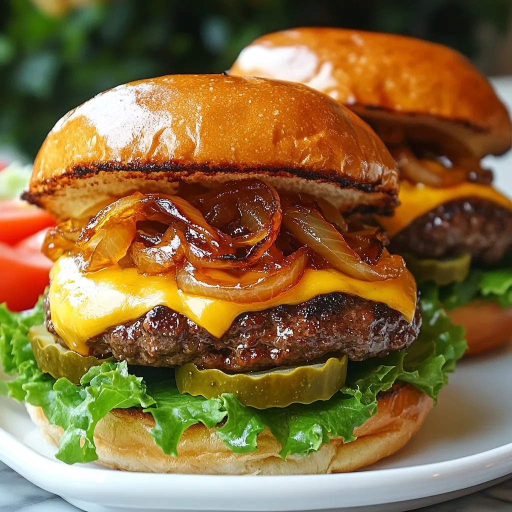 For these tasty burgers, gather these key items: - 1 lb ground beef (80% lean - 20% fat) - 4 slices of sharp cheddar cheese - 4 brioche burger buns - 1 large onion, thinly sliced - 1 tablespoon extra virgin olive oil - 1 tablespoon unsalted butter - 1 teaspoon garlic powder - Kosher salt and freshly cracked black pepper to taste These ingredients come together for a rich and juicy flavor. The beef is key for the perfect bite. The cheese adds a creamy touch that melts beautifully. The brioche buns give a soft, sweet contrast. I recommend using ground beef that is 80% lean and 20% fat. This blend keeps the burger juicy while providing great flavor. The fat helps the burger stay moist during cooking. If you use leaner meat, your burger may end up dry. You can make your smash burgers even better with these options: - Crisp lettuce - Ripe tomato slices - Tangy pickles - Ketchup, mustard, or mayonnaise Feel free to mix and match these toppings based on your taste. They add a crunch and freshness that balance the rich burger. Enjoy experimenting to find your favorite combination! {{ingredient_image_2}} To make sweet caramelized onions, heat 1 tablespoon of extra virgin olive oil in a large skillet over medium heat. Add 1 large, thinly sliced onion. Sprinkle a pinch of kosher salt on top. This helps draw out the moisture from the onion. Stir the onions every few minutes. Cook them for about 15-20 minutes. You want them to turn a rich golden brown and smell sweet. Once done, remove them from the heat and set aside. Take 1 pound of ground beef and gently divide it into four equal parts. Each part should weigh about 4 ounces. Form each part into a loose ball. Avoid squishing the meat too much. This keeps the burgers tender and juicy. Preheat your griddle or large skillet on high heat. Make sure it’s really hot. This step is key for a nice sear. Place the beef balls on the hot surface, leaving space between them. With a spatula, press each ball down firmly to create a patty about 1/2 inch thick. Season the top sides with garlic powder, kosher salt, and freshly cracked black pepper. After about 2-3 minutes, check the edges of your patties. They should be brown. Now it’s time to add cheese. Place a slice of sharp cheddar cheese on each patty. Cover the skillet with a lid for about a minute. This melts the cheese perfectly. Meanwhile, in another pan over low heat, melt 1 tablespoon of unsalted butter. Slice your brioche buns in half and place them cut side down in the buttery pan. Toast until they turn golden brown. Grab the bottom half of each toasted bun. Place a cheesy burger patty on top. Spoon the caramelized onions over each patty. You can add extra toppings like crisp lettuce, ripe tomato slices, and tangy pickles. Don’t forget your favorite condiments like ketchup, mustard, or mayonnaise. Cap it off with the top half of the bun. Serve your Ultimate Smash Burgers right away while they’re still hot and juicy. Pair them with crispy fries or a fresh salad for a delightful meal. Enjoy every bite! To get that perfect sear on your smash burgers, start with a hot cooking surface. Heat your griddle or skillet until it’s smoking. Place the beef balls on the hot surface without crowding them. Use a spatula to press down hard. This will create a nice crust quickly. Don’t flip them too soon. Let the edges brown well for maximum flavor. For toppings, think about balance. Creamy cheese, like sharp cheddar, adds richness. Crunchy lettuce and juicy tomatoes provide freshness. Tangy pickles give a nice zing. Don’t forget your favorite condiments, like ketchup or mustard. Use what you love! Mix and match flavors to make your burger unique. When shaping your patties, handle the meat gently. Form loose balls without pressing too hard. Overworking the meat makes it tough. You want juicy burgers that melt in your mouth. Keep it simple and light for the best results. This ensures a tender bite every time. Pro Tips Choose the Right Beef: Use 80% lean ground beef for the perfect balance of flavor and juiciness. The fat content ensures that your burgers remain moist and packed with flavor. Don’t Overwork the Meat: When shaping your patties, handle the meat gently. Overworking can lead to dense burgers. Form them into loose balls before pressing down. Get the Griddle Hot: Preheat your cooking surface until it's very hot. This helps achieve a nice sear on the outside while keeping the inside juicy. Customize Your Toppings: Feel free to get creative with toppings! Adding unique ingredients like avocado, crispy bacon, or different sauces can elevate your burger experience. {{image_4}} Cheese makes a burger even better. You can try many types of cheese. Sharp cheddar is a classic choice, but you can also use: - American cheese for a creamy melt - Swiss cheese for a nutty flavor - Pepper jack cheese for a spicy kick - Blue cheese for a bold taste Each cheese will give your burger a unique twist. Experiment until you find your favorite. Toppings can change the whole burger experience. Here are some fun ideas to explore: - Crispy bacon for extra crunch - Avocado slices for creaminess - Sautéed mushrooms for an earthy flavor - Fried egg for a breakfast-style burger - Jalapeños for heat Mix and match these toppings to create a burger that speaks to you. The options are endless! You can still enjoy a smash burger without meat. Here are some great options: - Black bean patties for a hearty base - Portobello mushrooms for a meaty texture - Chickpea patties for a protein boost - Store-bought veggie burgers for convenience Top these with your favorite cheese or vegan cheese. Add fresh veggies and sauces for a tasty, satisfying meal. Enjoy these variations and make them your own! To store leftover smash burgers, let them cool to room temperature. Place each burger in an airtight container. Keep the patties and toppings separate if possible. This helps maintain their texture. Store the container in the fridge for up to three days. If you have extra caramelized onions, store them in a separate container as well. When you're ready to enjoy your leftovers, reheat them for the best taste. Preheat your skillet over medium heat. Place the burger patties on the skillet for about 2-3 minutes on each side. This will warm them up and give them a nice sear. If you want to melt the cheese again, cover the skillet for a minute. For the buns, toast them in a separate pan until golden brown. If you want to save your smash burger patties, freezing is a great option. First, shape the patties as usual. Place them on a baking sheet lined with parchment paper. Freeze them for about an hour, or until firm. Once frozen, transfer them to a freezer-safe bag. Label the bag with the date. You can freeze them for up to three months. When you're ready to cook them, just thaw in the fridge overnight before cooking. The best meat for smash burgers is ground beef with an 80% lean and 20% fat ratio. This mix gives you juicy and flavorful burgers. The fat helps keep the patties moist while cooking. You can also use fresh ground beef for the best taste. Yes, you can prepare smash burgers in advance! Form the patties and keep them in the fridge for a day. You can also freeze them for later. Just make sure to separate the patties with parchment paper to avoid sticking. When ready to cook, just heat your grill or skillet and cook them fresh. To check if your burgers are done, use a meat thermometer. The safe internal temperature for ground beef is 160°F. If you don’t have a thermometer, look for a nice brown crust on the outside. The juices should run clear when you cut into one. A flat-top grill or a cast-iron skillet works best for smash burgers. These surfaces help create a nice sear on the meat. They also allow you to press the patties flat for that perfect smash. Make sure your cooking surface is very hot before adding the patties. Smash burgers can be part of a balanced diet. They use quality meat and fresh ingredients. However, they are higher in fat than leaner burger types. You can make them healthier by adding lots of veggies and using whole grain buns. Enjoy them in moderation! In this guide, we covered how to make the ultimate smash burgers. We explored key ingredients, cooking steps, and helpful tips. You learned how to prepare tasty toppings and store leftovers well. The right meat and techniques lead to juicy, flavorful burgers. Remember to experiment with toppings and variations to find your favorite. Enjoy crafting your smash burgers and impress your friends at your next cookout!